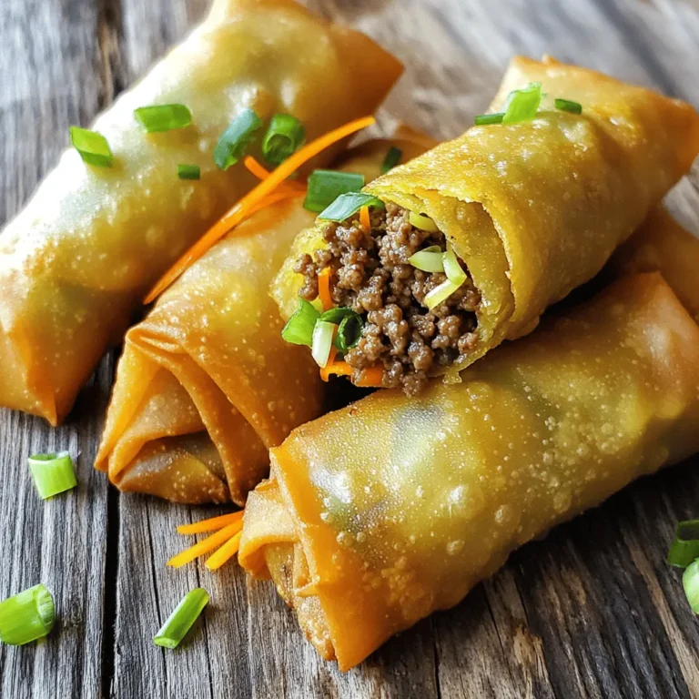 - 1 lb ground beef - 2 tablespoons sesame oil - 3 cloves garlic, minced - 1 inch ginger, grated - 3 green onions, finely chopped - 2 tablespoons soy sauce (low sodium) - 1 tablespoon brown sugar - 1 tablespoon gochugaru (Korean red pepper flakes) - 1 cup shredded carrots - 1 cup bean sprouts - 12 egg roll wrappers - Oil for frying I love using these ingredients for Korean Ground Beef Egg Rolls. They create such bold flavors. Ground beef is the star here. It’s juicy and packed with flavor. Use high-quality beef for the best taste. Sesame oil adds a nutty touch that elevates the dish. Just a little goes a long way. Garlic and ginger bring warmth and depth. Mince the garlic well and grate the ginger for the best results. Green onions add freshness and crunch. Chop them finely so they blend smoothly into the filling. Soy sauce and brown sugar balance each other. The soy sauce brings saltiness, while brown sugar adds sweetness. For a spicy kick, we use gochugaru. This Korean red pepper flakes give the rolls a nice heat. Adjust the amount to your taste. Shredded carrots add color and some sweetness. They also give a nice texture to the filling. Bean sprouts bring crunch and a fresh flavor. Make sure to rinse them well before use. Egg roll wrappers are essential for wrapping the filling. They create a crispy outer layer when fried. Finally, oil for frying is necessary. Choose a neutral oil that can withstand high heat. These ingredients come together beautifully in the Full Recipe for Korean Ground Beef Egg Rolls. Get ready to impress your friends and family with this tasty snack! To make the filling, start by heating sesame oil in a large skillet over medium heat. Add minced garlic and grated ginger. Sauté them for about 1 minute until they smell good. This step adds a lot of flavor. Next, add the ground beef to the skillet. Use a spatula to break it up as it cooks. Brown the beef for about 5-7 minutes. If there is too much fat, drain it off. This keeps the filling from being too greasy. Now, stir in chopped green onions, soy sauce, brown sugar, and gochugaru. Cook this mixture for an additional 2-3 minutes. This blends all the flavors well. Finally, fold in the shredded carrots and bean sprouts. Mix everything until it's even. Let the filling cool for a few minutes. To assemble, place an egg roll wrapper on a clean surface. Make sure the pointed side is facing you. Spoon about 2 tablespoons of the beef mixture onto the center of the wrapper. Fold the bottom corner over the filling. Next, fold the sides in to form an envelope shape. Roll it tightly away from you. Use a little water to seal the top corner. This keeps the filling inside. Repeat this step until you finish all the wrappers and filling. Heat enough oil in a deep skillet or frying pan. You want about 2 inches of oil for frying. Set the heat to medium-high. Once the oil is hot, fry the egg rolls in batches. Cook them for about 4-5 minutes until they are golden brown on all sides. Use a slotted spoon to remove them and drain on paper towels. This helps absorb extra oil. Serve hot with your favorite dipping sauce, like sweet chili sauce or soy sauce. For the full recipe, check the details provided earlier. - Optimal frying temperature: Aim for 350°F (175°C). This heat gives you crispy rolls. If the oil is too cold, the egg rolls will soak up oil and become greasy. If it's too hot, they will burn. - Techniques for even browning: Fry in small batches. This ensures each roll gets enough space and heat. Turn them gently for a uniform golden color. Use a slotted spoon to help you flip them. - Recommended dipping sauces: Sweet chili sauce pairs great with these rolls. Soy sauce adds a salty touch. You can mix them for a unique flavor. - Substituting ingredients wisely: If you don't have gochugaru, use red pepper flakes for a similar kick. Swap out sesame oil with olive oil if needed. These swaps still keep the flavor nice. - Best side dishes or accompaniments: Serve with rice or a fresh salad. A simple cucumber salad brightens the meal. You can also add pickled vegetables for a tangy twist. - Presentation tips for serving: Place the egg rolls on a nice platter. Use colorful garnishes like chopped green onions or sesame seeds. This makes the dish look more inviting and fun. {{image_2}} You can swap ground beef for ground turkey or chicken. These meats are leaner and still tasty. They fit well with the flavors of Korean cuisine. For a vegetarian option, try using mushrooms, tofu, or lentils. These ingredients bring great texture and flavor. You can also mix in some chopped spinach for added nutrients. Adding vegetables can change the taste of your egg rolls. Try bell peppers, zucchini, or even corn. They add crunch and sweetness. You can also mix in some fresh herbs like cilantro or basil for a unique twist. If you want to spice things up, add more gochugaru or a dash of chili powder. You can also try soy sauce or hoisin sauce for extra depth of flavor. Experimenting with seasonings can lead to fun new tastes. Baking your egg rolls is a healthier choice. Preheat your oven to 400°F (200°C). Place the rolls on a baking sheet and spray with a little oil. Bake for about 20 minutes until they are golden brown and crispy. You can serve these egg rolls as appetizers or main dishes. Pair them with rice or a fresh salad. They also work great with dipping sauces like sweet chili or soy sauce. Try these different styles to find your favorite way to enjoy this dish. For the full recipe, check out the section above. To keep your Korean ground beef egg rolls fresh, store them right. Place leftover rolls in an airtight container. You can use a glass or plastic container. Make sure to cool them first. Refrigerate the container right away. They will stay good for about 3 to 4 days. When it comes time to enjoy your leftovers, reheating is key. The best way is to use an oven. Preheat your oven to 350°F (175°C). Place the egg rolls on a baking sheet. Bake for about 10-15 minutes. This keeps them crispy. You can also use an air fryer. Heat at 350°F (175°C) for about 5-7 minutes. If you want to save some for later, freezing works well. Lay the cooked egg rolls on a baking sheet. Make sure they are not touching. Freeze until firm, about an hour. Then, transfer them to a freezer bag. Squeeze out the air and seal well. They can last up to 3 months in the freezer. To eat, thaw them in the fridge overnight. Reheat in the oven or air fryer for best results. Enjoy your tasty snacks anytime! For the full recipe, check out the initial section. To get crispy egg rolls, follow these tips: - Use enough oil: Make sure you have about 2 inches of hot oil in your pan. This helps fry them evenly. - Heat the oil properly: Test the oil by dropping in a small piece of the wrapper. If it bubbles and sizzles, it’s ready. - Don’t overcrowd the pan: Fry in small batches. This allows hot oil to circulate around each egg roll. - Drain well after frying: Place fried egg rolls on paper towels. This helps remove extra oil and keeps them crisp. Yes, you can prepare egg rolls ahead of time. Here’s how to store them: - Refrigerate: Keep pre-made, uncooked egg rolls in the fridge for up to 24 hours. Wrap them in plastic wrap to prevent drying. - Freeze: For longer storage, freeze them on a baking sheet. Once frozen, transfer to a freezer bag. They last up to 3 months. When you’re ready to cook, fry them straight from the fridge or freezer. Just add a few extra minutes to the cooking time. Dipping sauces make these egg rolls even better. Here are some tasty options: - Sweet chili sauce: This sauce adds a nice balance of sweet and spicy. - Soy sauce: A classic choice that enhances the savory flavors. - Gochujang sauce: For a spicy kick, try this Korean chili paste mixed with a bit of honey or vinegar. Feel free to mix and match sauces to find your favorite combination! For the full recipe, check here: [Full Recipe]. You learned about making tasty Korean Ground Beef Egg Rolls. We covered key ingredients, step-by-step cooking, and useful tips. You can mix flavors and make these rolls your own. Remember to try different cooking methods and sauces. Enjoy your delicious creations with family and friends. With practice, you'll get even better at crafting these treats. Happy cooking!