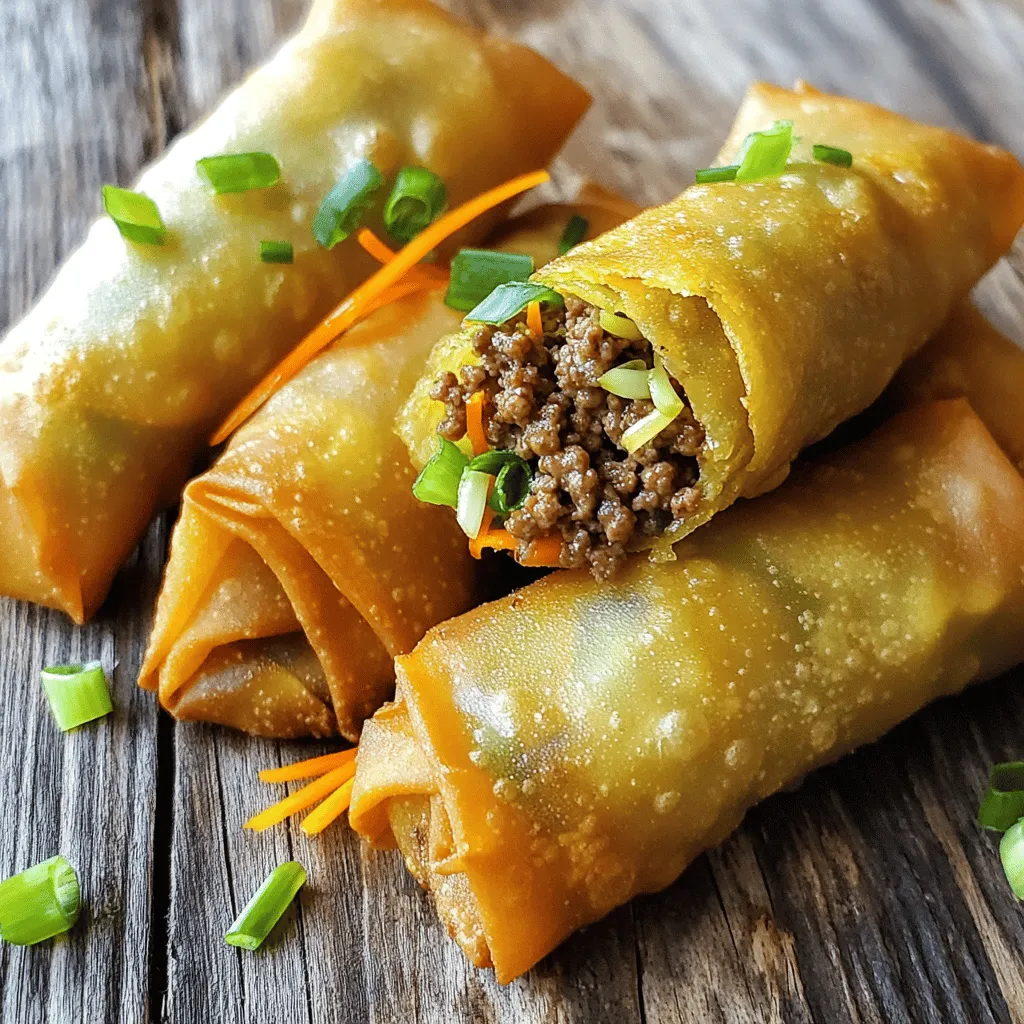 - 1 lb ground beef - 2 tablespoons sesame oil - 3 cloves garlic, minced - 1 inch ginger, grated - 3 green onions, finely chopped - 2 tablespoons soy sauce (low sodium) - 1 tablespoon brown sugar - 1 tablespoon gochugaru (Korean red pepper flakes) - 1 cup shredded carrots - 1 cup bean sprouts - 12 egg roll wrappers - Oil for frying I love using these ingredients for Korean Ground Beef Egg Rolls. They create such bold flavors. Ground beef is the star here. It’s juicy and packed with flavor. Use high-quality beef for the best taste. Sesame oil adds a nutty touch that elevates the dish. Just a little goes a long way. Garlic and ginger bring warmth and depth. Mince the garlic well and grate the ginger for the best results. Green onions add freshness and crunch. Chop them finely so they blend smoothly into the filling. Soy sauce and brown sugar balance each other. The soy sauce brings saltiness, while brown sugar adds sweetness. For a spicy kick, we use gochugaru. This Korean red pepper flakes give the rolls a nice heat. Adjust the amount to your taste. Shredded carrots add color and some sweetness. They also give a nice texture to the filling. Bean sprouts bring crunch and a fresh flavor. Make sure to rinse them well before use. Egg roll wrappers are essential for wrapping the filling. They create a crispy outer layer when fried. Finally, oil for frying is necessary. Choose a neutral oil that can withstand high heat. These ingredients come together beautifully in the Full Recipe for Korean Ground Beef Egg Rolls. Get ready to impress your friends and family with this tasty snack! To make the filling, start by heating sesame oil in a large skillet over medium heat. Add minced garlic and grated ginger. Sauté them for about 1 minute until they smell good. This step adds a lot of flavor. Next, add the ground beef to the skillet. Use a spatula to break it up as it cooks. Brown the beef for about 5-7 minutes. If there is too much fat, drain it off. This keeps the filling from being too greasy. Now, stir in chopped green onions, soy sauce, brown sugar, and gochugaru. Cook this mixture for an additional 2-3 minutes. This blends all the flavors well. Finally, fold in the shredded carrots and bean sprouts. Mix everything until it's even. Let the filling cool for a few minutes. To assemble, place an egg roll wrapper on a clean surface. Make sure the pointed side is facing you. Spoon about 2 tablespoons of the beef mixture onto the center of the wrapper. Fold the bottom corner over the filling. Next, fold the sides in to form an envelope shape. Roll it tightly away from you. Use a little water to seal the top corner. This keeps the filling inside. Repeat this step until you finish all the wrappers and filling. Heat enough oil in a deep skillet or frying pan. You want about 2 inches of oil for frying. Set the heat to medium-high. Once the oil is hot, fry the egg rolls in batches. Cook them for about 4-5 minutes until they are golden brown on all sides. Use a slotted spoon to remove them and drain on paper towels. This helps absorb extra oil. Serve hot with your favorite dipping sauce, like sweet chili sauce or soy sauce. For the full recipe, check the details provided earlier. - Optimal frying temperature: Aim for 350°F (175°C). This heat gives you crispy rolls. If the oil is too cold, the egg rolls will soak up oil and become greasy. If it's too hot, they will burn. - Techniques for even browning: Fry in small batches. This ensures each roll gets enough space and heat. Turn them gently for a uniform golden color. Use a slotted spoon to help you flip them. - Recommended dipping sauces: Sweet chili sauce pairs great with these rolls. Soy sauce adds a salty touch. You can mix them for a unique flavor. - Substituting ingredients wisely: If you don't have gochugaru, use red pepper flakes for a similar kick. Swap out sesame oil with olive oil if needed. These swaps still keep the flavor nice. - Best side dishes or accompaniments: Serve with rice or a fresh salad. A simple cucumber salad brightens the meal. You can also add pickled vegetables for a tangy twist. - Presentation tips for serving: Place the egg rolls on a nice platter. Use colorful garnishes like chopped green onions or sesame seeds. This makes the dish look more inviting and fun. {{image_2}} You can swap ground beef for ground turkey or chicken. These meats are leaner and still tasty. They fit well with the flavors of Korean cuisine. For a vegetarian option, try using mushrooms, tofu, or lentils. These ingredients bring great texture and flavor. You can also mix in some chopped spinach for added nutrients. Adding vegetables can change the taste of your egg rolls. Try bell peppers, zucchini, or even corn. They add crunch and sweetness. You can also mix in some fresh herbs like cilantro or basil for a unique twist. If you want to spice things up, add more gochugaru or a dash of chili powder. You can also try soy sauce or hoisin sauce for extra depth of flavor. Experimenting with seasonings can lead to fun new tastes. Baking your egg rolls is a healthier choice. Preheat your oven to 400°F (200°C). Place the rolls on a baking sheet and spray with a little oil. Bake for about 20 minutes until they are golden brown and crispy. You can serve these egg rolls as appetizers or main dishes. Pair them with rice or a fresh salad. They also work great with dipping sauces like sweet chili or soy sauce. Try these different styles to find your favorite way to enjoy this dish. For the full recipe, check out the section above. To keep your Korean ground beef egg rolls fresh, store them right. Place leftover rolls in an airtight container. You can use a glass or plastic container. Make sure to cool them first. Refrigerate the container right away. They will stay good for about 3 to 4 days. When it comes time to enjoy your leftovers, reheating is key. The best way is to use an oven. Preheat your oven to 350°F (175°C). Place the egg rolls on a baking sheet. Bake for about 10-15 minutes. This keeps them crispy. You can also use an air fryer. Heat at 350°F (175°C) for about 5-7 minutes. If you want to save some for later, freezing works well. Lay the cooked egg rolls on a baking sheet. Make sure they are not touching. Freeze until firm, about an hour. Then, transfer them to a freezer bag. Squeeze out the air and seal well. They can last up to 3 months in the freezer. To eat, thaw them in the fridge overnight. Reheat in the oven or air fryer for best results. Enjoy your tasty snacks anytime! For the full recipe, check out the initial section. To get crispy egg rolls, follow these tips: - Use enough oil: Make sure you have about 2 inches of hot oil in your pan. This helps fry them evenly. - Heat the oil properly: Test the oil by dropping in a small piece of the wrapper. If it bubbles and sizzles, it’s ready. - Don’t overcrowd the pan: Fry in small batches. This allows hot oil to circulate around each egg roll. - Drain well after frying: Place fried egg rolls on paper towels. This helps remove extra oil and keeps them crisp. Yes, you can prepare egg rolls ahead of time. Here’s how to store them: - Refrigerate: Keep pre-made, uncooked egg rolls in the fridge for up to 24 hours. Wrap them in plastic wrap to prevent drying. - Freeze: For longer storage, freeze them on a baking sheet. Once frozen, transfer to a freezer bag. They last up to 3 months. When you’re ready to cook, fry them straight from the fridge or freezer. Just add a few extra minutes to the cooking time. Dipping sauces make these egg rolls even better. Here are some tasty options: - Sweet chili sauce: This sauce adds a nice balance of sweet and spicy. - Soy sauce: A classic choice that enhances the savory flavors. - Gochujang sauce: For a spicy kick, try this Korean chili paste mixed with a bit of honey or vinegar. Feel free to mix and match sauces to find your favorite combination! For the full recipe, check here: [Full Recipe]. You learned about making tasty Korean Ground Beef Egg Rolls. We covered key ingredients, step-by-step cooking, and useful tips. You can mix flavors and make these rolls your own. Remember to try different cooking methods and sauces. Enjoy your delicious creations with family and friends. With practice, you'll get even better at crafting these treats. Happy cooking!