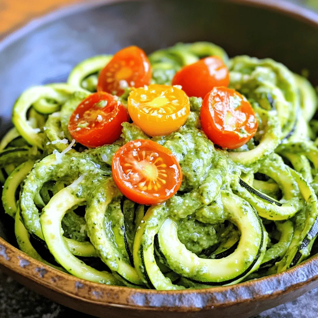 To make tasty zucchini noodles with pesto, you need: - 4 medium zucchinis - 1 ripe avocado - 2 cups fresh basil leaves - 1/4 cup pine nuts (or walnuts) - 2 garlic cloves, minced - 3 tablespoons lemon juice - 1/4 cup olive oil - Salt and pepper to taste - Cherry tomatoes, halved (for garnish) - Grated Parmesan cheese (optional, for serving) These ingredients come together to create a fresh and bright flavor. The zucchini adds crunch, while the avocado brings creaminess. You can add a few extras to make your dish unique. Here are some ideas: - Red pepper flakes for heat - Spinach for more greens - Grilled chicken for protein - Fresh herbs like parsley or cilantro Feel free to mix and match as you like! To prepare this dish easily, I recommend using: - A spiralizer or vegetable peeler - A food processor for the pesto - A large pan for sautéing These tools help you create a delicious meal with ease. Using a spiralizer makes perfect noodles in no time! For the best flavor, use fresh ingredients. Check out the Full Recipe for more details. To start, grab your zucchinis. You need four medium zucchinis for this dish. Use a spiralizer or a vegetable peeler to turn them into long noodles. If you don’t have a spiralizer, a peeler works too, but it may create wider strips. After spiralizing, place the noodles on a paper towel. This step helps soak up extra moisture. You want your noodles to stay firm and not soggy. Next, let’s make the avocado pesto. You need one ripe avocado for a creamy base. Add it to a food processor with two cups of fresh basil leaves, a quarter cup of pine nuts, and two minced garlic cloves. Squeeze in three tablespoons of lemon juice for a zesty kick. Pulse the mixture until it’s smooth and well blended. While the processor runs, slowly add in a quarter cup of olive oil. If your pesto feels thick, add a splash of water. Finally, season with salt and pepper to taste. Now, it’s time to put everything together. Heat a large pan over medium heat and add the zucchini noodles. Sauté them for about two to three minutes. You want them to soften a bit but still stay al dente. Once they’re ready, remove the pan from the heat. Toss in the avocado pesto, coating the noodles well. Serve your zucchini noodles hot, garnished with halved cherry tomatoes. If you like, sprinkle some grated Parmesan cheese on top. Enjoy your fresh and vibrant Zesty Zucchini Noodles with Avocado Pesto! For the complete details, check the Full Recipe. When picking zucchini, look for firm, smooth skin. Choose ones that are small to medium-sized. They should feel heavy for their size. Avoid any zucchini with soft spots or blemishes. Fresh zucchini has a bright color and no wrinkles. This ensures you get the best flavor for your dish. If you have extra pesto, store it in an airtight container. Cover the top with a thin layer of olive oil. This helps keep it fresh and green. You can keep it in the fridge for about a week. For longer storage, freeze it in ice cube trays. This way, you can use small amounts later. To boost the flavor of your dish, add extras like cherry tomatoes or roasted peppers. You can also mix in some sautéed garlic or onions for depth. Try adding a pinch of red pepper flakes for heat. If you love cheese, sprinkle some feta or goat cheese on top. These ingredients can take your zucchini noodles with pesto to the next level. For the full recipe, check out the other sections. {{image_2}} Zucchini noodles are naturally gluten-free. You don't need any changes here. If you want extra flavor, try adding gluten-free pasta or quinoa. They can mix well with the zucchini for a heartier dish. This recipe is mostly vegan. Just skip the Parmesan cheese. You can add nutritional yeast for a cheesy flavor without dairy. It’s a great way to keep it plant-based and still taste amazing. If you have nut allergies, swap pine nuts for sunflower seeds. They blend well in the pesto. For herbs, try parsley or cilantro instead of basil. Each choice gives your dish a new twist and adds fun flavors. To keep your zucchini noodles fresh, place them in a sealed container. You should store them in the fridge. They can last about 2 to 3 days. Make sure to place paper towels at the bottom. This absorbs extra moisture and helps keep them crisp. Avoid washing them before storing. Water can make them soggy and limp. For pesto, you want to keep it bright and tasty. Store it in an airtight container in the fridge. It can last up to a week. To prevent browning, add a thin layer of olive oil on top. This keeps the air away from the pesto. If you see any discoloration, don't worry; just stir it back in. You can freeze both zucchini noodles and pesto for later use. For zucchini, place them in a freezer bag. Remove as much air as you can before sealing. They can stay good for about 2 months in the freezer. For pesto, freeze it in ice cube trays. Once frozen, transfer the cubes to a bag. This way, you can use just what you need. Both options let you enjoy this dish later on! Check out the Full Recipe for more details. Yes, you can use store-bought pesto. It saves time and still tastes great. Just look for a fresh brand that uses good ingredients. If you want to add some zing, mix in a little lemon juice. This small step can brighten the flavor. You can make zucchini noodles without a spiralizer easily! Use a vegetable peeler to create thin strips. Simply peel the zucchini until you reach the seeds, then turn and peel again. You can also use a box grater to make ribbons. Both methods give you fun, noodle-like shapes. Yes, zucchini noodles are often healthier than traditional pasta. They are low in carbs and full of vitamins. Zucchini has fiber, which helps digestion. Plus, they have fewer calories, making them a great option if you want to eat lighter. Enjoying zucchini noodles can also add more veggies to your meals. This guide covered everything you need for zucchini noodles with pesto. You learned about key ingredients, steps, and tools needed to create this healthy dish. We discussed tips for choosing the best zucchini and how to store your leftovers. You can also try variations like gluten-free and vegan options. In the end, making zucchini noodles is simple and fun. Enjoy creating your own tasty dishes!