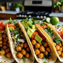 - 1 can (15 oz) chickpeas, drained and rinsed - 1 tablespoon olive oil - 2 teaspoons cumin powder - 1 teaspoon smoked paprika - 1/2 teaspoon cayenne pepper (adjust to taste) - Salt and pepper to taste - 1 avocado, diced - 1 cup coleslaw mix (cabbage and carrots) - 1/4 cup fresh cilantro, chopped - 2 tablespoons lime juice - 8 small corn or flour tortillas - Diced tomatoes - Sliced jalapeños - Hot sauce To make spicy chickpea tacos, gather these simple ingredients. You will need chickpeas, olive oil, and spices for the main part. The spices include cumin, smoked paprika, and cayenne pepper. You can adjust the cayenne for your spice level. Don’t forget the salt and pepper for taste. For freshness, add diced avocado, coleslaw mix, cilantro, and lime juice. These bright flavors will balance the spice of the chickpeas. Finally, grab some small tortillas. Corn or flour will work well. Optional toppings like diced tomatoes, sliced jalapeños, and hot sauce can add more flavor. The combination of these ingredients makes a tasty meal that is fun to prepare. Check out the [Full Recipe] for detailed instructions on how to bring this all together! - Heat 1 tablespoon of olive oil in a skillet over medium heat. - Add 1 can of rinsed chickpeas and sauté for 3-4 minutes. - Sprinkle in 2 teaspoons of cumin, 1 teaspoon of smoked paprika, and 1/2 teaspoon of cayenne pepper. - Add salt and pepper to taste. Cook until spices smell great and chickpeas are crispy, about 3-5 minutes. - In a bowl, mix 1 cup of coleslaw, 1 diced avocado, 1/4 cup of chopped cilantro, and 2 tablespoons of lime juice. - Toss gently to combine all ingredients well. - Warm 8 small corn or flour tortillas in a skillet or over a flame for a few seconds on each side. - Take each tortilla and add a generous spoonful of the spicy chickpeas. - Top with the avocado-cabbage mixture and any optional toppings like diced tomatoes or sliced jalapeños. These spicy chickpea tacos are quick and simple to make. For the full recipe, refer to the instructions provided above. Enjoy! - Adjust spice levels based on personal preference. - Ensure chickpeas are well-drained for best texture. When I make spicy chickpea tacos, I start by checking the spice level. You can add more cayenne if you love heat. If you prefer milder flavors, use less. Chickpeas should be dry. Drain them well, so your tacos won’t get soggy. - Serve with lime wedges for extra flavor. - Pair with a side of salsa or guacamole. I love adding lime wedges to my tacos. A squeeze of lime brightens the dish. You can also serve salsa or guacamole on the side. These add fresh, creamy flavors that mix well with the spicy chickpeas. - Use colorful serving platters. - Garnish with more cilantro or avocado slices. For a fun look, choose bright serving platters. It makes the dish pop! Add extra cilantro or avocado slices on top for color and taste. Pretty food makes eating more enjoyable. For the full recipe, check out the detailed steps above. {{image_2}} You can switch things up by using black beans or lentils instead of chickpeas. Both options add great flavor and texture. If you want a non-vegetarian version, consider adding grilled chicken or shrimp. These proteins mix well with the spices and give a hearty bite. Don't be afraid to play with flavors! You can try different spices like chili powder or garlic powder. Each spice adds its unique kick. Also, you can use different types of tortillas. Whole wheat or spinach tortillas can change the taste and look of your tacos. Toppings make a big difference. For creaminess, add cheese or avocado crema. They bring a rich texture to each bite. You can also include pickled onions or corn. These toppings add crunch and brighten the flavors. For more ideas, check the Full Recipe! Keep the chickpea filling and toppings separately in airtight containers. This helps keep them fresh. Store in the refrigerator for up to 3 days. When you are ready to enjoy your tacos, just bring them out. You can freeze unsauced chickpeas for up to 1 month. This is great for meal prep. When you want to eat them, thaw and reheat when ready to serve. This method keeps the flavor intact. Reheat chickpeas in a skillet for crispiness. This gives them a nice texture. Warm tortillas briefly before serving. This makes them soft and easy to fold. Enjoy your tasty tacos again! All ingredients in this recipe are already vegan-friendly, ensuring a plant-based dish. You can enjoy these tacos without any animal products. Yes, just soak and cook them before following the recipe. This option gives you control over texture and flavor. Consider serving with Mexican rice, chips, or a fresh salad. These sides complement the flavors well and make a full meal. Use corn tortillas or gluten-free tortillas instead. This way, anyone with gluten sensitivities can enjoy the meal. Canned chickpeas are most convenient, but you can cook dried chickpeas as an alternative. Canned chickpeas save time and effort while still tasting great. For the full recipe, refer back to the main section. You can make tasty spicy chickpea tacos easily. This recipe takes simple ingredients and shows you how to prepare them step by step. From adding spices to mixing fresh toppings, each part adds flavor. Feel free to switch up ingredients to match your taste. So grab your ingredients, warm up those tortillas, and enjoy a yummy meal that's fun to share. Don’t forget to try some new toppings next time!