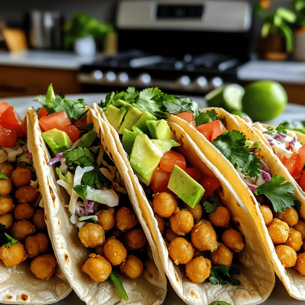 - 1 can (15 oz) chickpeas, drained and rinsed - 1 tablespoon olive oil - 2 teaspoons cumin powder - 1 teaspoon smoked paprika - 1/2 teaspoon cayenne pepper (adjust to taste) - Salt and pepper to taste - 1 avocado, diced - 1 cup coleslaw mix (cabbage and carrots) - 1/4 cup fresh cilantro, chopped - 2 tablespoons lime juice - 8 small corn or flour tortillas - Diced tomatoes - Sliced jalapeños - Hot sauce To make spicy chickpea tacos, gather these simple ingredients. You will need chickpeas, olive oil, and spices for the main part. The spices include cumin, smoked paprika, and cayenne pepper. You can adjust the cayenne for your spice level. Don’t forget the salt and pepper for taste. For freshness, add diced avocado, coleslaw mix, cilantro, and lime juice. These bright flavors will balance the spice of the chickpeas. Finally, grab some small tortillas. Corn or flour will work well. Optional toppings like diced tomatoes, sliced jalapeños, and hot sauce can add more flavor. The combination of these ingredients makes a tasty meal that is fun to prepare. Check out the [Full Recipe] for detailed instructions on how to bring this all together! - Heat 1 tablespoon of olive oil in a skillet over medium heat. - Add 1 can of rinsed chickpeas and sauté for 3-4 minutes. - Sprinkle in 2 teaspoons of cumin, 1 teaspoon of smoked paprika, and 1/2 teaspoon of cayenne pepper. - Add salt and pepper to taste. Cook until spices smell great and chickpeas are crispy, about 3-5 minutes. - In a bowl, mix 1 cup of coleslaw, 1 diced avocado, 1/4 cup of chopped cilantro, and 2 tablespoons of lime juice. - Toss gently to combine all ingredients well. - Warm 8 small corn or flour tortillas in a skillet or over a flame for a few seconds on each side. - Take each tortilla and add a generous spoonful of the spicy chickpeas. - Top with the avocado-cabbage mixture and any optional toppings like diced tomatoes or sliced jalapeños. These spicy chickpea tacos are quick and simple to make. For the full recipe, refer to the instructions provided above. Enjoy! - Adjust spice levels based on personal preference. - Ensure chickpeas are well-drained for best texture. When I make spicy chickpea tacos, I start by checking the spice level. You can add more cayenne if you love heat. If you prefer milder flavors, use less. Chickpeas should be dry. Drain them well, so your tacos won’t get soggy. - Serve with lime wedges for extra flavor. - Pair with a side of salsa or guacamole. I love adding lime wedges to my tacos. A squeeze of lime brightens the dish. You can also serve salsa or guacamole on the side. These add fresh, creamy flavors that mix well with the spicy chickpeas. - Use colorful serving platters. - Garnish with more cilantro or avocado slices. For a fun look, choose bright serving platters. It makes the dish pop! Add extra cilantro or avocado slices on top for color and taste. Pretty food makes eating more enjoyable. For the full recipe, check out the detailed steps above. {{image_2}} You can switch things up by using black beans or lentils instead of chickpeas. Both options add great flavor and texture. If you want a non-vegetarian version, consider adding grilled chicken or shrimp. These proteins mix well with the spices and give a hearty bite. Don't be afraid to play with flavors! You can try different spices like chili powder or garlic powder. Each spice adds its unique kick. Also, you can use different types of tortillas. Whole wheat or spinach tortillas can change the taste and look of your tacos. Toppings make a big difference. For creaminess, add cheese or avocado crema. They bring a rich texture to each bite. You can also include pickled onions or corn. These toppings add crunch and brighten the flavors. For more ideas, check the Full Recipe! Keep the chickpea filling and toppings separately in airtight containers. This helps keep them fresh. Store in the refrigerator for up to 3 days. When you are ready to enjoy your tacos, just bring them out. You can freeze unsauced chickpeas for up to 1 month. This is great for meal prep. When you want to eat them, thaw and reheat when ready to serve. This method keeps the flavor intact. Reheat chickpeas in a skillet for crispiness. This gives them a nice texture. Warm tortillas briefly before serving. This makes them soft and easy to fold. Enjoy your tasty tacos again! All ingredients in this recipe are already vegan-friendly, ensuring a plant-based dish. You can enjoy these tacos without any animal products. Yes, just soak and cook them before following the recipe. This option gives you control over texture and flavor. Consider serving with Mexican rice, chips, or a fresh salad. These sides complement the flavors well and make a full meal. Use corn tortillas or gluten-free tortillas instead. This way, anyone with gluten sensitivities can enjoy the meal. Canned chickpeas are most convenient, but you can cook dried chickpeas as an alternative. Canned chickpeas save time and effort while still tasting great. For the full recipe, refer back to the main section. You can make tasty spicy chickpea tacos easily. This recipe takes simple ingredients and shows you how to prepare them step by step. From adding spices to mixing fresh toppings, each part adds flavor. Feel free to switch up ingredients to match your taste. So grab your ingredients, warm up those tortillas, and enjoy a yummy meal that's fun to share. Don’t forget to try some new toppings next time!