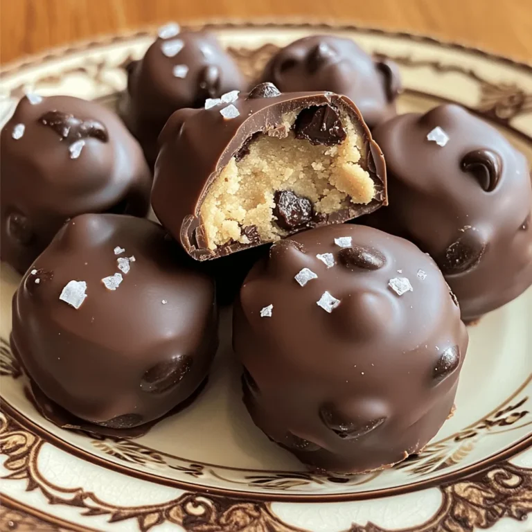 To make chocolate chip cookie dough bites, gather these simple ingredients: - 1 cup all-purpose flour - 1/2 cup unsalted butter, softened - 1/3 cup brown sugar, packed - 1/3 cup granulated sugar - 1 teaspoon vanilla extract - 1/4 teaspoon salt - 1/2 cup mini chocolate chips - 2 tablespoons milk (or milk alternative) - 1 cup semi-sweet chocolate chips (for coating) These ingredients create a rich and tasty treat. Each one plays a key role. The butter gives a creamy base, while sugars add sweetness. The flour provides structure, and the mini chips add fun bursts of chocolate. You can also use different types of chocolate chips if you want. Make sure to use good-quality chocolate for coating. It makes a big difference in taste. If you want to get creative, add nuts or other mix-ins. The possibilities are endless! For the full recipe, check out the complete instructions. - In a medium bowl, combine the softened butter, brown sugar, and granulated sugar. Beat them until smooth. - Next, add one teaspoon of vanilla extract and two tablespoons of milk. Mix until blended. - Gradually add one cup of all-purpose flour and a quarter teaspoon of salt. Stir until just combined. - Now, fold in half a cup of mini chocolate chips. This adds the fun chocolatey touch. - Using a tablespoon or scoop, take small portions of dough and roll them into balls. - Place these balls on a baking sheet lined with parchment paper, then freeze them for about 30 minutes. - While the dough balls chill, melt one cup of semi-sweet chocolate chips in a bowl. Heat in 30-second intervals, stirring until smooth. - Once chilled, dip each cookie dough ball into the melted chocolate. Make sure they are fully coated. - Place the coated bites back on the parchment-lined sheet. Refrigerate them for another 30 minutes to set the chocolate. Now you have delicious chocolate chip cookie dough bites ready to enjoy! For the Full Recipe, check the earlier section. To make soft and chewy chocolate chip cookie dough bites, focus on the butter. Use softened butter to ensure a creamy mix. You can also try blending the butter and sugars longer for a smoother texture. If you want chewier bites, add a bit more flour. This helps keep them firm and less gooey. If you prefer a softer consistency, reduce the flour a little. Don’t forget to chill the dough before coating. Freezing helps the bites hold their shape. Get creative with how you serve these treats. Place the chocolate chip cookie dough bites on a colorful plate or in fun candy cups. For a twist, drizzle melted chocolate on top or sprinkle sea salt. Pair these bites with a glass of cold milk or hot chocolate for a tasty treat. You can also serve them with ice cream for an extra special dessert. Make your cookie dough bites look fancy with simple plating tricks. Use a large plate and arrange the bites in a circle. You can also stack them high for a fun look. Sprinkle some sea salt or crushed nuts on top for a nice finish. For a festive touch, add edible glitter or colorful sprinkles. These small details make your treats stand out. With these tips, your chocolate chip cookie dough bites will not only taste great but look great too! Check out the Full Recipe for all the details. {{image_2}} You can make your cookie dough bites more fun by adding flavors. Here are some ideas: - Nuts: Chopped walnuts or pecans add a nice crunch. - Peanut Butter: Swirl in some peanut butter for a rich taste. - Coconut: Shredded coconut gives a tropical flair. - Spices: A pinch of cinnamon or nutmeg can warm up the flavors. These twists keep the classic cookie dough bite exciting and fresh. Mix and match to find your favorite combo! You can also make these bites fit different diets. Here’s how: - Gluten-Free: Use almond flour or a gluten-free flour blend instead of all-purpose flour. - Vegan: Swap butter for coconut oil and use a plant-based milk. You can also find vegan chocolate chips. These changes let everyone enjoy cookie dough bites! No one needs to miss out on this tasty treat. For the complete recipe, check the Full Recipe section. To keep your chocolate chip cookie dough bites fresh, follow these steps: - Use an airtight container: This helps prevent moisture loss and keeps flavors intact. - Layer carefully: Place parchment paper between layers to avoid sticking. - Store in the fridge: They can last up to one week when refrigerated. I recommend using a glass or plastic container with a tight lid for best results. It keeps the bites fresh and ready to enjoy. For longer storage, you can freeze cookie dough bites. Here’s how: - Freeze individually: Place the bites on a baking sheet and freeze for about 30 minutes. This prevents them from sticking together. - Transfer to a freezer bag: Once firm, move them to a zip-top freezer bag. Remove as much air as possible. - Store for up to three months: This ensures you always have a tasty treat ready. When you want to enjoy them, thaw in the fridge for a few hours. You can also leave them at room temperature for about 30 minutes. Enjoy your delicious bites anytime! Chocolate chip cookie dough bites last about one week in the fridge. Store them in an airtight container. For longer storage, freeze them. They can stay good for up to three months in the freezer. Yes, you can eat unbaked cookie dough bites. However, they contain raw flour and could lead to foodborne illness. To make them safer, use heat-treated flour or skip the flour altogether. The best way to melt chocolate is in short bursts in the microwave. Start with 30 seconds, then stir. Repeat this until the chocolate is smooth. Avoid overheating, as chocolate can seize up. Yes, you can use different types of chocolate. Dark, milk, or white chocolate all work well. Each will give a unique taste and look. Feel free to mix chocolates for a fun twist! Yes, these bites are safe for kids. Make sure to prepare them with safe, edible ingredients. Just be mindful of any allergies to nuts or dairy. Enjoy making them together for a fun treat! This chocolate chip cookie dough bites recipe is simple and fun. It takes about 15 minutes to prep and 1 hour and 15 minutes total. You can make 12 to 15 tasty bites from this recipe. - 15 minutes - 1 hour 15 minutes - 12-15 bites Presentation tips can really bring these bites to life. I like to arrange them on a nice plate and sprinkle a bit of sea salt on top. This small touch makes them look fancy and special. You can also use cute candy cups if you plan to give them as gifts. In this post, I detailed how to make tasty chocolate chip cookie dough bites. We covered the key ingredients, step-by-step instructions, and helpful tips. You can customize the recipe with different flavors and dietary needs. Storing and serving ideas ensure your bites stay fresh and delicious. Don't be shy about trying these fun variations, and share them with friends or family. Enjoy making these treats whenever you like!