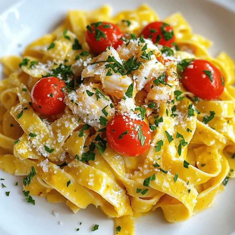 To make a tasty Cajun crab pasta, you need these key ingredients: - 8 ounces fettuccine pasta - 1 pound fresh crab meat, picked - 2 tablespoons olive oil - 1 small onion, finely chopped - 3 cloves garlic, minced - 1 bell pepper (red or green), diced - 1 cup cherry tomatoes, halved - 1 cup heavy cream - 2 tablespoons Cajun seasoning - 1 teaspoon smoked paprika - Salt and pepper, to taste - 2 tablespoons fresh parsley, chopped (for garnish) - Grated Parmesan cheese (optional for serving) These ingredients come together to create rich and bold flavors. The crab gives a sweet taste, while the Cajun seasoning adds a nice kick. You can enhance your dish with these optional additions: - Fresh lemon juice for brightness - Red pepper flakes for extra heat - Spinach or arugula for added greens - Green onions for a fresh crunch Feel free to mix and match these to fit your taste. They can add layers of flavor and texture. Having the right tools makes cooking easier. Here’s what I recommend: - Large pot for boiling pasta - Large skillet for sautéing - Wooden spoon for mixing - Colander for draining pasta - Measuring cups and spoons for precise amounts These tools help you create the dish smoothly. With the right setup, you'll enjoy cooking this Cajun crab pasta even more. For the full recipe, check out the detailed steps provided earlier. Start by boiling a large pot of salted water. Once it boils, add 8 ounces of fettuccine pasta. Cook it according to the package instructions until it is al dente. This usually takes around 8-10 minutes. Once done, drain the pasta and set it aside. Remember to save about 1/2 cup of the pasta water for later. This water helps to adjust the sauce's thickness. In a large skillet, heat 2 tablespoons of olive oil over medium heat. Once the oil is hot, add 1 small onion, finely chopped. Cook it for about 2-3 minutes until it becomes soft and translucent. Next, add in 3 cloves of minced garlic and 1 diced bell pepper. Sauté these for another 2 minutes. You want the kitchen to smell fragrant and inviting. Now it’s time to add the fun part! Stir in 1 pound of fresh crab meat and 1 cup of halved cherry tomatoes. Cook them for about 3-4 minutes. You’ll see the tomatoes start to soften. After that, pour in 1 cup of heavy cream. Sprinkle in 2 tablespoons of Cajun seasoning and 1 teaspoon of smoked paprika. Let this mixture simmer for about 5 minutes. If the sauce gets too thick, use some of that reserved pasta water to loosen it up. Finally, add the cooked fettuccine to the skillet. Toss it gently to combine everything well. Season with salt and pepper to taste. For the full recipe, check out the detailed instructions. To make your Cajun crab pasta shine, use the right seasonings. Cajun seasoning brings warmth and depth. You can adjust the amount to fit your taste. If you want more spice, add extra smoked paprika. Garlic and onion create a strong base. They add aroma and flavor. Fresh parsley adds a bright touch at the end. Always taste as you go. This way, you can adjust to your liking. Cooking pasta perfectly is key to a great meal. Start with a big pot of salted water. Bring it to a rolling boil before adding the fettuccine. Stir it well to avoid sticking. Cook until it's al dente, which means it has a slight bite. This helps it hold up in the sauce. Reserve some pasta water before draining. If your sauce is too thick, add this water to loosen it. Serving your dish well makes it even more special. Use a fork to twist the fettuccine into a nest on the plate. This gives a nice look. Drizzle the rich sauce around the pasta. Add a sprinkle of fresh parsley on top. If you like cheese, add grated Parmesan. These little details make your dish pop. With these tips, you can create a plate that looks as good as it tastes. Enjoy this Cajun crab pasta delight! For the full recipe, check out the link. {{image_2}} You can easily change the seafood in this dish. If you don’t have crab, try shrimp or lobster. They both work great and add a nice flavor. For a vegetarian option, use mushrooms or zucchini. These veggies soak up the sauce well and keep it tasty. Just make sure to sauté them until they are tender. If you love heat, add more Cajun seasoning or red pepper flakes. This will give your pasta a nice kick. For those who prefer a milder dish, reduce the Cajun spice. You can also skip the smoked paprika. This keeps the flavor but makes it less spicy. Adjust the spices to fit your taste. For a gluten-free option, use gluten-free fettuccine. Many brands offer pasta that cooks just like regular pasta. For dairy-free, swap heavy cream with coconut milk or a cashew cream. This gives you a creamy texture without dairy. You can still enjoy the flavors without worrying about gluten or dairy. Check out the Full Recipe for more details on making this delicious Cajun Crab Pasta. To store leftover Cajun crab pasta, let it cool first. Place it in an airtight container. This keeps the pasta fresh for up to three days in the fridge. Make sure to cover it well to prevent drying out. Reheating this dish is easy. You can use the stove or microwave. For the stove, add a splash of water or cream to a pan over low heat. Stir often to heat evenly. If you use the microwave, place it in a bowl. Cover it slightly and heat in short bursts. Stir in between to avoid hot spots. If you want to freeze Cajun crab pasta, do it right after cooking. Use a freezer-safe container. Leave some space at the top, as it expands when frozen. It can stay good for up to three months. To eat, thaw it in the fridge overnight before reheating. For Cajun Crab Pasta, fresh crab meat is best. Look for lump crab or backfin crab. These types have great flavor and texture. If fresh is not available, canned crab works too. Just drain it well. Avoid imitation crab meat; it lacks the real crab taste you want. Yes, you can use dried pasta. Dried fettuccine is a great choice. Just follow the package instructions for cooking time. Fresh pasta cooks faster, so keep an eye on it. The key is to cook it until al dente for the best bite. To adjust the heat, change the amount of Cajun seasoning. For less heat, use less seasoning. You can also add a pinch of sugar to balance the spice. If you want more heat, add crushed red pepper flakes. Just a little will spice things up without overwhelming the dish. Cajun crab pasta is a treat you can make at home. You learned about key ingredients, cooking steps, and tips for great flavor. You also discovered fun ways to change the recipe to fit your tastes. Storing and reheating leftovers is easy. Now, it's time for you to try this dish. Enjoy cooking, taste the bold flavors, and impress your friends!