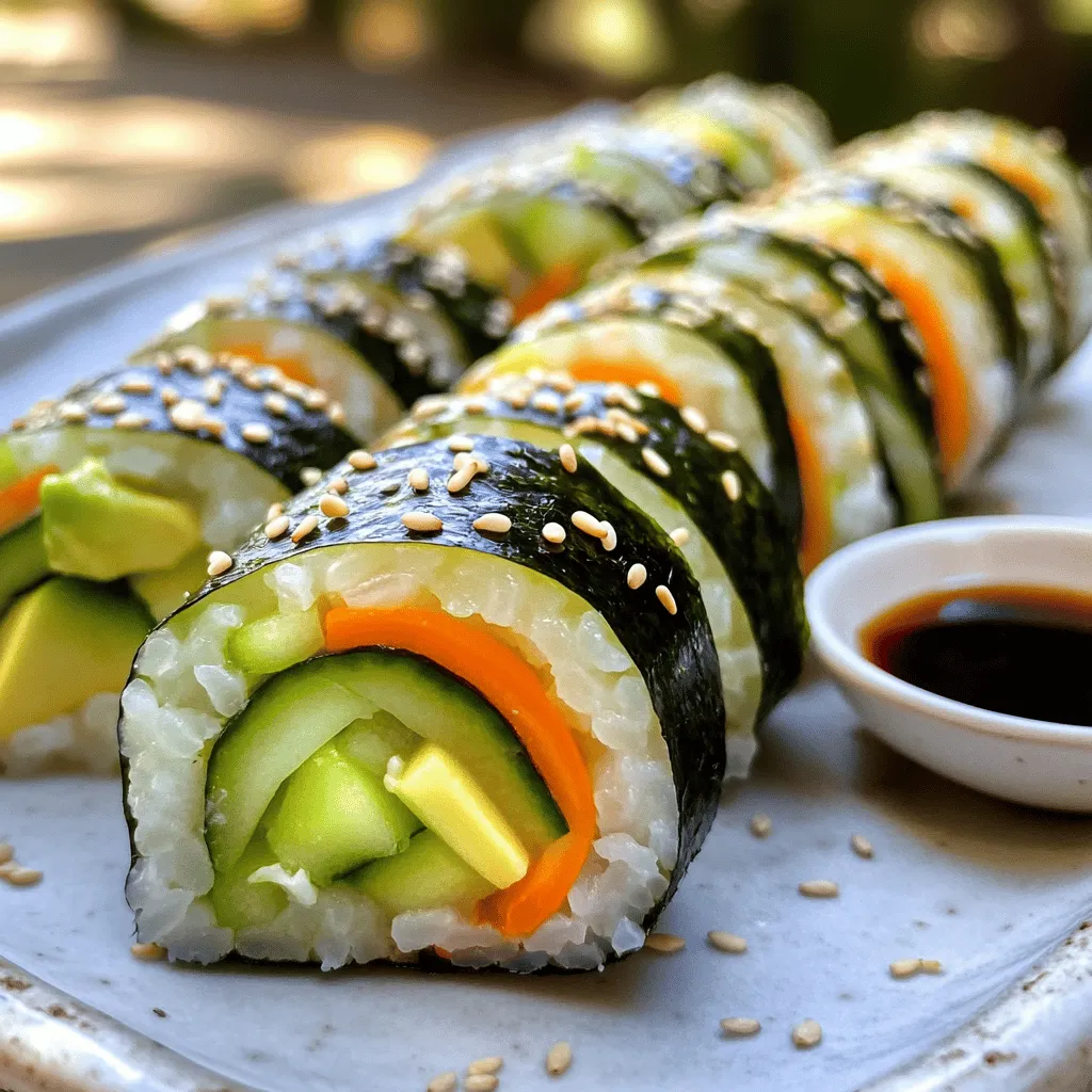 To make delicious veggie sushi rolls, you need these simple ingredients: - 2 cups sushi rice - 2 ½ cups water - 1/4 cup rice vinegar - 1 tablespoon sugar - 1 teaspoon salt - 4 sheets of nori (seaweed) - 1 medium cucumber, julienned - 1 medium carrot, julienned - 1 avocado, sliced - 1 bell pepper, thinly sliced - Soy sauce for dipping - Sesame seeds for garnish Having the right tools makes sushi making easy. Here are the must-haves: - Bamboo sushi mat - Sharp knife - Mixing bowl - Measuring cups and spoons - Rice cooker or saucepan - Plastic wrap (optional) Fresh veggies make your sushi taste great. Here are some tips: - Cucumber: Look for firm cucumbers with smooth skin. Avoid soft spots. - Carrot: Choose bright, crunchy carrots. They should feel heavy for their size. - Avocado: Pick avocados that are slightly soft but not mushy. They should yield gently to pressure. - Bell pepper: Select shiny peppers with no blemishes. The color should be vibrant. These tips will help you pick the best veggies for your rolls. Fresh ingredients make a big difference! To make sushi rice, start by rinsing the rice. Use cold water until it runs clear. This step removes extra starch. After rinsing, drain the rice well. Then, combine the rice and water in a medium saucepan. Bring it to a boil on high heat. Once it boils, lower the heat and cover the pot. Let it simmer for 20 minutes until the water is absorbed. After cooking, remove the pot from heat. Let the rice sit, covered, for 10 more minutes. In a small bowl, mix rice vinegar, sugar, and salt until they dissolve. Fluff the rice with a fork and stir in the vinegar mix. Allow the rice to cool to room temperature. Now that your rice is ready, grab a bamboo sushi mat. Place it on a clean, flat surface. Lay a sheet of nori shiny side down on the mat. Wet your hands to keep the rice from sticking. Take about 1/2 a cup of sushi rice and spread it over the nori. Leave a 1-inch border at the top edge. Next, arrange your veggies: cucumber, carrot, avocado, and bell pepper at the bottom. Start rolling the sushi away from you. Press gently but firmly to keep it tight. Roll until you reach the uncovered edge. Once your roll is complete, use a sharp knife. Wet the knife to prevent sticking. Slice the roll into 8 equal pieces. Repeat the process with the remaining ingredients. For a nice touch, sprinkle sesame seeds on top. Serve with soy sauce for dipping. Enjoy your homemade veggie sushi rolls! You can find the full recipe for these rolls above. One common mistake is not rinsing the sushi rice enough. Rinsing removes extra starch, which helps the rice cook well. If you skip this step, the rice may turn gummy. Another mistake is using too much filling. Overstuffing makes rolling hard and can lead to spills. Keep your fillings thin and balanced for the best rolls. To keep your sushi rice from sticking, wet your hands before handling the rice. This simple step helps the rice slide easily. You can also use a bowl of water nearby. Dip your fingers in the water if the rice starts to stick. Make sure your sushi mat is clean, too, to avoid any extra stickiness. When rolling sushi, start by pressing firmly but gently. This helps hold the shape without squishing the filling. Use the bamboo mat to guide the roll and keep it tight. Roll towards the uncovered edge of the nori. This helps seal the roll. Remember to slice with a sharp, wet knife to get clean cuts. This keeps your rolls looking great and easy to eat. For the complete experience, check out the Full Recipe for Easy Veggie Sushi Rolls. Enjoy your sushi-making adventure! {{image_2}} You can switch up your veggie sushi rolls with fun fillings. Here are some tasty options: - Radish: Adds a nice crunch and a bit of spice. - Zucchini: Light and refreshing, great for summer rolls. - Mango: Sweet and juicy, perfect for a tropical twist. - Tofu: Adds protein and a soft texture. Use grilled or marinated tofu. - Spinach: Fresh and healthy, adds a nice color. Feel free to mix and match! Get creative and use what you love. If you like heat, try making spicy veggie sushi rolls. Start with your usual ingredients and add some spice: 1. Spicy mayo: Mix mayonnaise with sriracha for a creamy kick. 2. Pickled ginger: Adds a zing that wakes up your taste buds. 3. Jalapeños: Thinly slice jalapeños and layer them with your veggies. 4. Wasabi: Spread a thin layer on the nori before adding the rice for extra heat. These additions will give your sushi rolls a fiery flavor. It’s a fun way to make your rolls stand out. Dipping sauces can elevate your sushi rolls. Here are some tasty ideas: - Soy sauce: The classic choice, perfect for dipping. - Sweet chili sauce: Adds a sweet and spicy touch. - Ponzu sauce: A citrus-based sauce that brightens flavors. - Sesame oil: Drizzle a bit for a nutty flavor. - Teriyaki sauce: Sweet and savory, great for dipping. Experiment with different sauces to find your favorite. Each one adds a unique twist to your rolls. For the full recipe, check out Easy Veggie Sushi Rolls 🥒. Enjoy your sushi adventure! To keep your leftover sushi rolls fresh, wrap them in plastic wrap. This helps prevent air from drying them out. Place the wrapped rolls in an airtight container. Store the container in the fridge. Do not leave sushi out at room temperature for long. It can spoil fast. Sushi is best fresh, but you can reheat it. If you want to warm it up, use a pan. Heat the pan on low. Place the sushi in the pan for a short time, about 10 to 15 seconds. This helps keep the rice soft. Avoid using a microwave, as it can make the rice tough. Homemade sushi stays good for about 24 hours in the fridge. After that, the rice can harden, and the veggies may lose their crunch. It's best to eat your veggie sushi rolls sooner rather than later. For a detailed recipe, check the Full Recipe. Yes, you can use brown rice. Brown rice offers a nutty taste and more fiber. However, it cooks longer than white sushi rice. Use short-grain brown rice for the best texture. It won’t be as sticky, but it will still hold together. You might need to adjust the water amount. Follow the cooking instructions closely for the best results. The best way to cut sushi rolls is with a sharp, wet knife. This helps prevent sticking. Start by slicing the roll in half, then cut each half into four pieces. Wipe the knife with a damp cloth between cuts. This keeps the slices clean and neat. A steady hand ensures even pieces and a beautiful presentation. You can keep homemade sushi in the fridge for up to 24 hours. After that, the rice may dry out or lose its taste. Store the sushi in an airtight container to maintain freshness. Make sure to consume it within this time frame for the best flavor and texture. If you have leftovers, enjoy them as a quick snack! For the full recipe, check out the Easy Veggie Sushi Rolls section above. Making sushi at home is fun and rewarding. You learned about the best ingredients, tools, and tips. Preparing sushi rice, rolling it well, and serving it perfectly can impress anyone. Avoid common mistakes, and try different veggie fillings for variety. Always store leftovers properly to enjoy them later. With these steps, delicious sushi is within your reach. Dive in, experiment with new flavors, and enjoy your sushi-making journey!