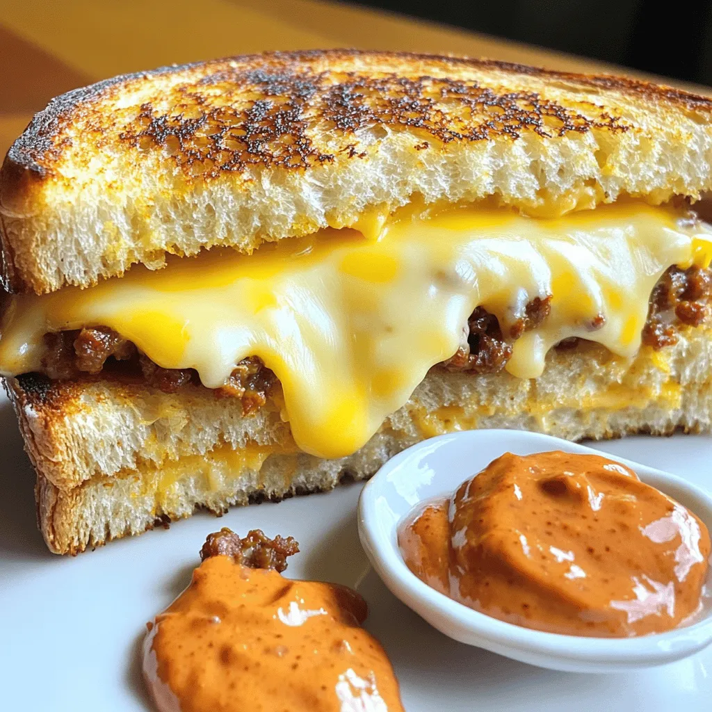 To make my Chorizo Grilled Cheese with Chipotle Mayo, you will need the following ingredients: - 4 slices of sourdough bread - 4 ounces of chorizo sausage, casing removed and crumbled - 4 slices of sharp cheddar cheese - 2 tablespoons unsalted butter - 2 tablespoons mayonnaise - 1 teaspoon chipotle sauce - 1/2 teaspoon garlic powder - Salt and pepper to taste Each ingredient plays a key role in creating a perfect balance of flavors. The sourdough bread gives a hearty base. The chorizo adds a spicy, savory kick. Sharp cheddar melts beautifully and enhances the taste. Butter forms a crispy, golden crust when grilled. The chipotle mayo ties everything together with creaminess and heat. This combination makes for a delightful and satisfying meal. For the full recipe, please refer to the recipe section. - Heat a skillet over medium heat. - Cook and crumble the chorizo for 5-7 minutes. - Drain excess grease if necessary. Cooking chorizo is simple and flavorful. The key is to break it up as it cooks. Stir often to ensure it browns evenly. You want it crispy but not burnt. Once it’s cooked through, set it aside. This will be the star of your sandwich. - Combine mayonnaise, chipotle sauce, garlic powder, salt, and pepper. - Mix until smooth and well combined. This chipotle mayo packs a punch! Start by adding the mayonnaise to a bowl. Then, add the chipotle sauce. The garlic powder adds a nice touch. Season with a bit of salt and pepper. Mix it well until everything is smooth. Adjust the chipotle sauce for more heat if you like it spicy! - Spread chipotle mayo on sourdough slices. - Layer cheese and chorizo. - Cap with the remaining slice of bread. Now the fun begins! Take two slices of sourdough bread. Spread a good layer of chipotle mayo on one side of each slice. On the non-mayo side, add two slices of cheese. Then, layer in half of the cooked chorizo. Top with another slice of cheese for extra gooeyness. Finally, place the other slice of bread on top, mayo side up. - Melt butter in the skillet. - Grill each side for 3-4 minutes until golden brown. Heat the same skillet over medium heat and add butter. Once it melts, carefully place the sandwich in the skillet. Grill one side for 3-4 minutes until it's golden brown. Flip it and grill the other side. You want both sides crispy and the cheese melted. Keep an eye on it to avoid burning! Check out the Full Recipe for more details and perfect your Chorizo Grilled Cheese with Chipotle Mayo! Adjust the chipotle sauce to fit your spice level. If you like it spicy, add more sauce. For a milder taste, use less. You can also try different cheese types for unique flavors. Gouda or pepper jack can add a nice twist. Use medium heat when grilling. This will help you avoid burning the bread. Press down on the sandwich while grilling. This helps the cheese melt evenly and gives a nice crunch. Pair your sandwich with sides like fries or a fresh salad. They will add a nice crunch and freshness. You can also serve extra chipotle mayo on the side for dipping. This adds a fun element to your meal. For the full recipe, you can check it out above. {{image_2}} You can make this dish meat-free! Just swap the chorizo with mushrooms or spinach. Mushrooms give a nice umami boost. Spinach adds a fresh touch and lovely color. Both options keep the sandwich tasty and satisfying. For a bit of heat, add sliced jalapeños or roasted red peppers. Jalapeños bring a nice crunch and spice. Roasted red peppers add a sweet, smoky flavor. This twist makes the sandwich lively and fun. If you love cheese, mix different types for more flavor. Try adding mozzarella for stretch or pepper jack for extra heat. Combining cheeses can create a rich, creamy texture. This variation makes each bite a cheesy dream. Explore these variations to find your favorite way to enjoy this Chorizo Grilled Cheese with Chipotle Mayo. Each one offers a new taste and experience. To keep your chorizo grilled cheese fresh, wrap it in foil or plastic wrap. This helps prevent it from drying out. You can store it in the fridge for up to 3 days. If you want to enjoy it later, make sure it’s cooled before wrapping. For the best taste, reheat in a skillet. Heat the skillet over low heat and place the sandwich inside. This method warms evenly and keeps the bread crispy. You can also use a microwave for a quicker option. Just heat it for 30 seconds, but keep in mind the bread may get soft. Enjoy every bite of this delicious sandwich! Yes, store it in the fridge for up to a week. This makes meal prep easy. You can enjoy the flavors of the chipotle mayo anytime. Just remember to mix it well before using. Any hearty bread such as whole grain or ciabatta works well. These breads will hold up to the filling. They add great flavor and texture to your sandwich. Yes, just double the ingredients and adjust cooking time as needed. This is perfect for a crowd or a family meal. Keep an eye on the sandwiches to ensure they cook evenly. Consider serving it with a simple side salad or potato wedges. A fresh salad adds a nice crunch. Potato wedges can be crispy and fun to dip in extra chipotle mayo. This blog post covered a tasty chorizo sandwich. We started with the ingredients needed, then detailed each cooking step. I shared helpful tips for flavor and texture, plus some exciting variations to try. Remember, you can easily adjust spice levels and substitute ingredients. Enjoy your sandwich fresh, or store it for later. Experiment with your own flavors and sides. Happy cooking!