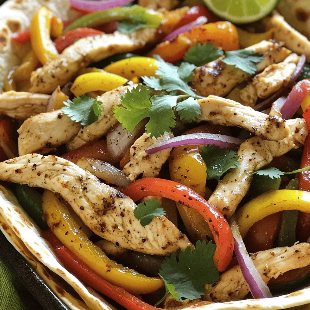 - 1 pound boneless, skinless chicken breasts - 1 red bell pepper, julienned - 1 yellow bell pepper, julienned - 1 green bell pepper, julienned - 1 medium red onion, sliced - 3 cloves garlic, minced - 2 teaspoons chili powder - 1 teaspoon cumin - 1 teaspoon smoked paprika - ½ teaspoon salt - ¼ teaspoon black pepper - 2 tablespoons olive oil - Juice of 1 lime The main ingredients are simple yet flavorful. Chicken breasts are the star here. Use fresh bell peppers for color and crunch. The spices add depth and warmth. Garlic gives a lovely aroma. - Fresh cilantro - Lime wedges - Tortillas Toppings can make your meal pop. Fresh cilantro adds a burst of flavor. Lime wedges give a nice zing. Warm tortillas help hold everything together. - Non-stick skillet - Spatula - Measuring spoons You need a non-stick skillet for easy cooking and cleanup. A spatula helps flip the chicken and veggies. Measuring spoons ensure you get the right spice amounts. For the full recipe, check the section above. Enjoy your cooking! First, slice your chicken into thin strips. Aim for pieces that are even in size. This helps them cook evenly. You can marinate the chicken for extra flavor. A simple mix of lime juice, chili powder, and olive oil works well. Marinate for at least 15 minutes. This makes a big difference in taste. Next, heat a large non-stick skillet over medium-high heat. Add 2 tablespoons of olive oil and let it heat for about 1 minute. Once hot, add the chicken strips to the pan. Sprinkle chili powder, cumin, smoked paprika, salt, and black pepper on top. Cook for 5-7 minutes, stirring often. You want the chicken to be browned and fully cooked. When the chicken is ready, it’s time to add the veggies. Toss in your sliced red onion, red bell pepper, yellow bell pepper, and green bell pepper. Stir everything well. Cook for another 5-7 minutes. This keeps the vegetables tender but still crunchy. Stirring helps them cook evenly and soak in those great flavors. Finish your dish by adding minced garlic and cooking for one more minute. This adds a nice aroma. Now you're ready to enjoy your One-Pan Chicken Fajitas! For the complete recipe, check out the Full Recipe section. One-pan meals save time and effort. To start, heat your pan on medium-high. Add olive oil and let it warm up. This step helps sear the chicken. When adding chicken strips, spread them out. This ensures even cooking. Cook for about 5-7 minutes until they are golden. Stir them occasionally to avoid sticking. After browning the chicken, it’s time for the veggies. Add bell peppers and onion next. This mix cooks well in a pan. Keep the heat steady. Cook for another 5-7 minutes until they stay crisp. This keeps your fajitas from getting soggy. To boost flavor, use spices wisely. Chili powder, cumin, and smoked paprika give depth. These spices make the dish pop. For more taste, consider marinating the chicken. A simple mix of lime juice, garlic, and spices works great. Let the chicken sit for at least 30 minutes. This step really brings out the flavor. Serving fajitas can be fun! Start by using a large platter. Place the chicken and veggies in the center. Warm tortillas can be on the side. This lets everyone build their own fajitas. For garnishing, fresh cilantro adds a nice touch. You can also add lime wedges. These small details make your dish look appealing. Consider serving with sides like guacamole or salsa. This adds variety to your meal. For the full recipe, check the earlier section. {{image_2}} You can easily swap chicken for other proteins. Beef works great in fajitas. Use flank steak or sirloin, sliced thin. Shrimp is another tasty option. Cook them for just a few minutes until pink. For a vegetarian twist, use mushrooms or tofu. Both options absorb flavors well and add a nice texture. If you want to change the veggies, go for it! Zucchini or mushrooms are excellent substitutes for bell peppers. You can also use red cabbage for a crunch. Carrots add sweetness, too. Mix and match to find your favorite combo. Want your fajitas milder? Simply reduce the chili powder and skip the hot sauce. You can add a touch of honey for sweetness instead. If you love spice, add jalapeños or cayenne pepper. You can also use a spicier chili powder. Adjust to your taste for a perfect kick. For the full recipe, check out the [Full Recipe]. To store leftovers, let your fajitas cool down first. Use an airtight container. This keeps moisture in and flavors fresh. Place the container in the fridge. You can keep them there for up to three days. If you want to enjoy them later, separate the chicken and veggies from the tortillas. This way, the tortillas won’t get soggy. To freeze the fajita mixture, wait until it cools completely. Pack the chicken and veggies into freezer-safe bags. Remove as much air as possible before sealing. This helps prevent freezer burn. You can store them in the freezer for up to three months. When you're ready to eat, take the mixture out and place it in the fridge overnight to thaw. For reheating, warm it in a skillet over medium heat. Stir often until heated through. Cooked fajitas last in the fridge for about three days. If you freeze them, they can last for up to three months. Always check for any off smells or changes in color to be safe. Enjoy your One-Pan Chicken Fajitas any time with these storage tips! You can pair your chicken fajitas with several tasty sides. Here are some great options: - Spanish rice: The flavor complements the spices in the fajitas. - Refried beans: They add creaminess and protein to your meal. - Guacamole: This rich dip enhances the fajita experience. - Salsa: Fresh salsa brightens the plate with tangy flavor. - Corn on the cob: It brings a sweet crunch to each bite. Feel free to mix and match these sides for a fun meal! Yes, you can make chicken fajitas ahead of time! Just follow these storage tips: - Refrigeration: Store your cooked fajitas in an airtight container. They will stay fresh for up to three days. - Freezing: For longer storage, place the fajitas in a freezer-safe bag. They can last up to three months in the freezer. - Reheating: When ready to eat, thaw in the fridge overnight. Reheat in a pan or microwave until hot. Making fajitas in advance helps save time on busy days! Choosing the right tortillas makes a big difference. Here are some types to consider: - Flour tortillas: These are soft and chewy, great for wrapping. - Corn tortillas: They are gluten-free and add a nice texture. - Whole wheat tortillas: These offer a healthier option with more fiber. Each type has its own taste and texture, so pick what you like best! For a delicious meal, warm the tortillas before serving. In this post, we explored making one-pan chicken fajitas. We covered ingredients, including chicken and mixed veggies. I shared tips on prepping and cooking chicken, adding flavors, and ensuring great texture. We also discussed variations to suit your taste. Lastly, I provided storage guidelines to keep leftovers fresh. With this knowledge, you can create delicious fajitas with ease. Now, enjoy your cooking!