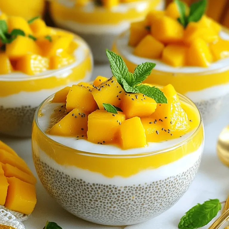 To make mango chia pudding, you need a few key items: - Ripe mango puree: Use one ripe mango for the best flavor. - Coconut milk: One cup gives a creamy texture. - Chia seeds: A quarter cup helps thicken the pudding. These ingredients work together to create a tasty and healthy dessert. You can add sweeteners to your pudding. Here are two good choices: - Honey: This adds a nice floral taste. - Maple syrup: This gives a rich, earthy flavor. You can adjust the sweetness to your liking. Start with two tablespoons and mix well. Taste and add more if you want it sweeter. Garnishes make your pudding look and taste better. Here are some ideas: - Fresh mango chunks: They add color and extra flavor. - Mint leaves: A few leaves on top bring a fresh touch. These simple garnishes can elevate your dessert, making it even more appealing. To see the full recipe, check out the [Full Recipe]. First, grab a medium bowl. Pour in 1 cup of coconut milk. Add 2 tablespoons of honey or maple syrup for sweetness. You can adjust the amount based on your taste. Then, mix in 1 teaspoon of vanilla extract. A pinch of salt will enhance the flavors. Use a whisk to blend these ingredients well until they are fully combined. This base mixture should be smooth and creamy. Next, it's time to add the chia seeds. Measure out 1/4 cup of chia seeds and sprinkle them into the bowl. Stir gently but thoroughly. This step is key for even distribution. Make sure every seed gets coated in the mixture. If you skip this, some seeds may clump together. Now, take 1 ripe mango and puree it until smooth. Add this puree to your bowl. Use a spatula to fold the puree into the mixture gently. Be careful not to stir too hard; we want to keep that nice texture. Once combined, cover the bowl with plastic wrap. Refrigerate for at least 4 hours, or overnight if you can wait. This step is crucial! The chia seeds will absorb the liquid and create a thick, pudding-like consistency. For the full recipe, don't forget to check the earlier section. Enjoy your Mango Chia Pudding! To get the best texture, timing matters. Let your pudding chill for at least four hours. Overnight is even better! This gives the chia seeds time to soak up the liquid. When you mix the pudding, stir gently. A smooth motion helps avoid clumps. Use a whisk to combine. You can jazz up your mango chia pudding with spices. A sprinkle of cinnamon or nutmeg adds warmth. If you want a twist, try different types of milk. Almond milk or oat milk can change the flavor. Each option brings its own taste. Make your pudding look pretty! Layer it with fresh fruit for color. Add mango chunks or berries on top. You can also serve it in clear glasses. This shows off the beautiful layers. Garnish with mint leaves for a fresh touch. It makes your dessert not just tasty, but also a feast for the eyes! {{image_2}} You can add more fruits to your mango chia pudding. Try using fresh pineapple or passion fruit. These fruits bring a new flavor and extra nutrients. Just chop them up and mix them in. You will get a fun tropical vibe! If you love chocolate, this one's for you! Add cocoa powder or chocolate chips to the base. Start with one tablespoon of cocoa powder. Mix it in before adding the chia seeds. For chocolate chips, sprinkle them on top before serving. This makes for a rich and sweet treat. Want to keep it vegan? You can use maple syrup as a sweetener instead of honey. For milk, use almond or oat milk. Both options blend well with mango. This way, you keep the dish plant-based and delicious. Mango chia pudding lasts about 5 days in the fridge. Just store it in an airtight container. The pudding will stay fresh and delicious. You might see some separation as it sits. Just stir it gently before serving. This helps keep the texture smooth. You can freeze mango chia pudding for up to 3 months. To freeze, scoop it into freezer-safe containers. Leave some space at the top for expansion. Label and date each container. This way, you know what you have and when you made it. Thaw the pudding in the fridge overnight. If you’re in a hurry, you can use the microwave. Just heat it in short bursts. Stir well to ensure even warmth. Before serving, top it with fresh mango chunks and mint leaves. This adds color and flavor. Enjoy your tasty treat! You can find the full recipe [here](#). Mango chia pudding lasts about 4 to 5 days in the fridge. Store it in an airtight container. The longer it sits, the thicker it becomes. It still tastes great, but check for any signs of spoilage first. You can use fresh mango, but it will change the texture. Fresh mango adds a nice bite. Puree gives a smooth and creamy feel. If you choose fresh, chop it into small pieces. This makes for a fun texture mix. Chia pudding is very healthy! Chia seeds are rich in fiber, protein, and omega-3 fatty acids. They help you feel full longer. Mango adds vitamins and antioxidants. Together, they make a great snack or dessert. This pudding is tasty and good for you. If you don’t have coconut milk, try almond or oat milk. Both work well in this recipe. Almond milk is lighter, while oat milk is creamier. You can also use regular milk if you prefer. Just remember to adjust the sweetness if needed. For the complete recipe, check out the [Full Recipe]. In this blog post, we explored the tasty world of mango chia pudding. We covered key ingredients like ripe mango puree, coconut milk, and chia seeds, along with tips for sweetening and garnishing. You learned how to prepare the base mixture, mix in chia seeds, and combine with mango to achieve perfect texture. We shared variations and storage tips for your pudding. Overall, mango chia pudding is flexible and fun to make. Enjoy experimenting with your flavors and enjoy this healthy treat!
