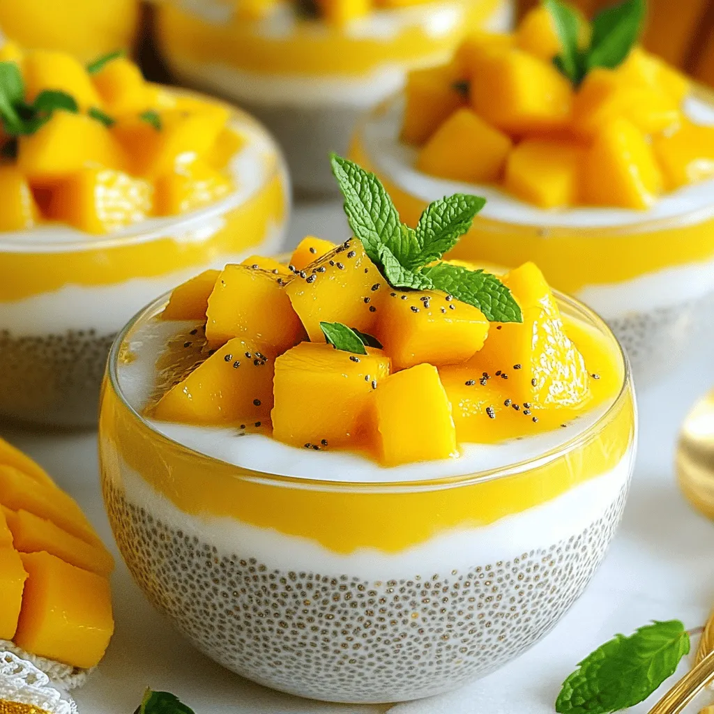 To make mango chia pudding, you need a few key items: - Ripe mango puree: Use one ripe mango for the best flavor. - Coconut milk: One cup gives a creamy texture. - Chia seeds: A quarter cup helps thicken the pudding. These ingredients work together to create a tasty and healthy dessert. You can add sweeteners to your pudding. Here are two good choices: - Honey: This adds a nice floral taste. - Maple syrup: This gives a rich, earthy flavor. You can adjust the sweetness to your liking. Start with two tablespoons and mix well. Taste and add more if you want it sweeter. Garnishes make your pudding look and taste better. Here are some ideas: - Fresh mango chunks: They add color and extra flavor. - Mint leaves: A few leaves on top bring a fresh touch. These simple garnishes can elevate your dessert, making it even more appealing. To see the full recipe, check out the [Full Recipe]. First, grab a medium bowl. Pour in 1 cup of coconut milk. Add 2 tablespoons of honey or maple syrup for sweetness. You can adjust the amount based on your taste. Then, mix in 1 teaspoon of vanilla extract. A pinch of salt will enhance the flavors. Use a whisk to blend these ingredients well until they are fully combined. This base mixture should be smooth and creamy. Next, it's time to add the chia seeds. Measure out 1/4 cup of chia seeds and sprinkle them into the bowl. Stir gently but thoroughly. This step is key for even distribution. Make sure every seed gets coated in the mixture. If you skip this, some seeds may clump together. Now, take 1 ripe mango and puree it until smooth. Add this puree to your bowl. Use a spatula to fold the puree into the mixture gently. Be careful not to stir too hard; we want to keep that nice texture. Once combined, cover the bowl with plastic wrap. Refrigerate for at least 4 hours, or overnight if you can wait. This step is crucial! The chia seeds will absorb the liquid and create a thick, pudding-like consistency. For the full recipe, don't forget to check the earlier section. Enjoy your Mango Chia Pudding! To get the best texture, timing matters. Let your pudding chill for at least four hours. Overnight is even better! This gives the chia seeds time to soak up the liquid. When you mix the pudding, stir gently. A smooth motion helps avoid clumps. Use a whisk to combine. You can jazz up your mango chia pudding with spices. A sprinkle of cinnamon or nutmeg adds warmth. If you want a twist, try different types of milk. Almond milk or oat milk can change the flavor. Each option brings its own taste. Make your pudding look pretty! Layer it with fresh fruit for color. Add mango chunks or berries on top. You can also serve it in clear glasses. This shows off the beautiful layers. Garnish with mint leaves for a fresh touch. It makes your dessert not just tasty, but also a feast for the eyes! {{image_2}} You can add more fruits to your mango chia pudding. Try using fresh pineapple or passion fruit. These fruits bring a new flavor and extra nutrients. Just chop them up and mix them in. You will get a fun tropical vibe! If you love chocolate, this one's for you! Add cocoa powder or chocolate chips to the base. Start with one tablespoon of cocoa powder. Mix it in before adding the chia seeds. For chocolate chips, sprinkle them on top before serving. This makes for a rich and sweet treat. Want to keep it vegan? You can use maple syrup as a sweetener instead of honey. For milk, use almond or oat milk. Both options blend well with mango. This way, you keep the dish plant-based and delicious. Mango chia pudding lasts about 5 days in the fridge. Just store it in an airtight container. The pudding will stay fresh and delicious. You might see some separation as it sits. Just stir it gently before serving. This helps keep the texture smooth. You can freeze mango chia pudding for up to 3 months. To freeze, scoop it into freezer-safe containers. Leave some space at the top for expansion. Label and date each container. This way, you know what you have and when you made it. Thaw the pudding in the fridge overnight. If you’re in a hurry, you can use the microwave. Just heat it in short bursts. Stir well to ensure even warmth. Before serving, top it with fresh mango chunks and mint leaves. This adds color and flavor. Enjoy your tasty treat! You can find the full recipe [here](#). Mango chia pudding lasts about 4 to 5 days in the fridge. Store it in an airtight container. The longer it sits, the thicker it becomes. It still tastes great, but check for any signs of spoilage first. You can use fresh mango, but it will change the texture. Fresh mango adds a nice bite. Puree gives a smooth and creamy feel. If you choose fresh, chop it into small pieces. This makes for a fun texture mix. Chia pudding is very healthy! Chia seeds are rich in fiber, protein, and omega-3 fatty acids. They help you feel full longer. Mango adds vitamins and antioxidants. Together, they make a great snack or dessert. This pudding is tasty and good for you. If you don’t have coconut milk, try almond or oat milk. Both work well in this recipe. Almond milk is lighter, while oat milk is creamier. You can also use regular milk if you prefer. Just remember to adjust the sweetness if needed. For the complete recipe, check out the [Full Recipe]. In this blog post, we explored the tasty world of mango chia pudding. We covered key ingredients like ripe mango puree, coconut milk, and chia seeds, along with tips for sweetening and garnishing. You learned how to prepare the base mixture, mix in chia seeds, and combine with mango to achieve perfect texture. We shared variations and storage tips for your pudding. Overall, mango chia pudding is flexible and fun to make. Enjoy experimenting with your flavors and enjoy this healthy treat!