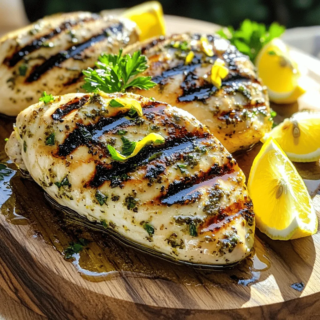 To make this tasty dish, you will need: - 4 boneless, skinless chicken breasts - 1/4 cup fresh lemon juice - 1 lemon, zested - 3 tablespoons olive oil - 3 cloves garlic, minced - 1 teaspoon dried oregano - 1 teaspoon dried thyme - 1 teaspoon dried rosemary - Salt and pepper to taste - Fresh parsley, chopped (for garnish) Fresh herbs bring bright flavors to the chicken. They are fragrant and vibrant. You can use fresh oregano, thyme, and rosemary if you have them. Fresh herbs can give your dish a lively taste. However, dried herbs are easy to store and use. They still add great flavor when fresh herbs are not available. If you use dried herbs, remember to use less. Dried herbs are stronger than fresh ones. A good rule is to use one-third the amount of dried herbs. You will need some basic tools to make this dish. Here is a list of what you need: - A medium bowl for mixing - A whisk for blending the marinade - A large resealable plastic bag or shallow dish for marinating - A grill for cooking - A meat thermometer to check the chicken's doneness - A cutting board and knife for slicing - Serving platter for presentation These tools help you create delicious and juicy chicken. When you have the right equipment, cooking becomes easier and more fun. Be sure to gather everything before you start! You can find the full recipe [here](#). To make the marinade, you need some simple ingredients. Start with a medium bowl. Whisk together 1/4 cup fresh lemon juice and the zest of one lemon. Add 3 tablespoons of olive oil and 3 minced garlic cloves. Then, mix in 1 teaspoon each of dried oregano, dried thyme, and dried rosemary. Finally, season with salt and pepper to taste. This blend will give your chicken a bright, zesty flavor. For the best taste, let the chicken soak in this mix for at least one hour. You can even marinate it overnight for a deeper flavor. Grilling is key to getting juicy chicken. First, preheat your grill to medium-high heat. Make sure the grill grates are clean and oiled to stop sticking. Once hot, take the chicken out of the marinade. Discard the leftover marinade to keep it safe. Place the chicken on the grill. Cook each side for about 6 to 7 minutes. Use a meat thermometer to check for doneness; it should be 165°F (75°C). You want nice grill marks and a juicy inside. After grilling, it is important to let the chicken rest. Take it off the grill and let it sit for about 5 minutes. This helps keep the juices inside. When ready, slice the chicken and garnish with chopped fresh parsley. Serve it on a wooden board with lemon wedges for a nice touch. Pair it with grilled veggies or a fresh salad for a complete meal. For the full recipe, check the section above. Marinating chicken is key to great flavor. Start with fresh lemon juice and zest. This adds brightness. Use a resealable bag to coat the chicken well. Let it sit in the fridge for at least one hour. For deeper flavor, marinate overnight. Always discard leftover marinade to avoid bacteria. Clean and oil the grill grates before cooking. This helps prevent sticking. Preheat your grill to medium-high heat. If the grill is too hot, the chicken may burn on the outside and stay raw inside. Do not flip the chicken too often. Let it cook for 6-7 minutes per side for even cooking. The best way to check chicken is with a meat thermometer. Insert it into the thickest part of the chicken. Look for an internal temperature of 165°F (75°C). If you do not have a thermometer, cut into the chicken. The juices should run clear and the meat should be white, not pink. {{image_2}} To give your Zesty Lemon Herb Grilled Chicken a kick, add some heat! You can mix in crushed red pepper flakes or diced jalapeños to the marinade. Start with half a teaspoon for a mild heat. Taste the marinade first to see if you want more spice. This twist will excite your taste buds and make your dish stand out. You can swap some ingredients based on what you have. For instance, if you don't have fresh lemon juice, try lime juice. If you are out of olive oil, canola or avocado oil work too. You can use fresh herbs instead of dried ones. Just double the amount for a fresh flavor. This flexibility keeps the dish fun and easy to make. Grilling is great for flavor, but you can use the oven too. If you choose to bake, preheat your oven to 400°F (200°C). Place the chicken on a baking tray lined with parchment paper. Bake for 20-25 minutes or until the chicken reaches 165°F (75°C). This method is easy and still gives you juicy chicken. Whether you grill or bake, you get a tasty meal every time! For the full recipe, check out the details above. After a tasty meal, you may have some grilled chicken left. Store leftovers in an airtight container. Let the chicken cool at room temperature for about 30 minutes before sealing. Keep the container in the fridge. It will stay fresh for up to three days. If you want to store it longer, you can freeze it. Wrap the chicken tightly in plastic wrap, then place it in a freezer bag. It will last for about three months in the freezer. When you're ready to eat the leftovers, you want them to taste great. If you have frozen chicken, let it thaw in the fridge overnight. For reheating, you have a few options. You can use the oven, microwave, or stovetop. If using the oven, preheat it to 350°F (175°C). Place the chicken in an oven-safe dish and cover it with foil. Heat for about 20-25 minutes, until warm. In the microwave, place the chicken on a plate and cover it loosely. Heat in short bursts of 1-2 minutes, checking often. For stovetop, heat a skillet over medium heat and add a splash of water or broth. Cook for about 5-7 minutes, flipping once. Grilled chicken is perfect for meal prep. You can slice it and add it to salads for lunch. It also works well in wraps with fresh veggies. Try using it in pasta dishes with lemon and herbs for a quick dinner. You can mix it with rice and steamed vegetables for a complete meal. Another fun idea is to chop it up for tacos. Just add your favorite toppings! This way, you can enjoy your zesty lemon herb grilled chicken all week long. For the complete recipe, check out the full recipe. The cooking time is about 12 to 14 minutes. Each side needs 6 to 7 minutes on medium-high heat. You want to see nice grill marks and an internal temperature of 165°F (75°C). Yes, you can use other proteins. Try turkey or fish for a change. Just adjust the cooking time as needed. Fish cooks faster than chicken, so watch it closely. You can marinate the chicken for at least 1 hour. For more flavor, marinate it up to overnight. This lets the flavors soak in, making the chicken taste great. For the full recipe, check out the Zesty Lemon Herb Grilled Chicken instructions. You learned how to make Zesty Lemon Herb Grilled Chicken. I shared a complete ingredient list and helpful tools. I showed you how to prepare the marinade and grill the chicken for juiciness. You got tips for marinating and avoiding mistakes. I also suggested fun variations and best storage practices. Now you can enjoy a tasty meal anytime. Cooking should be fun, so try it out!