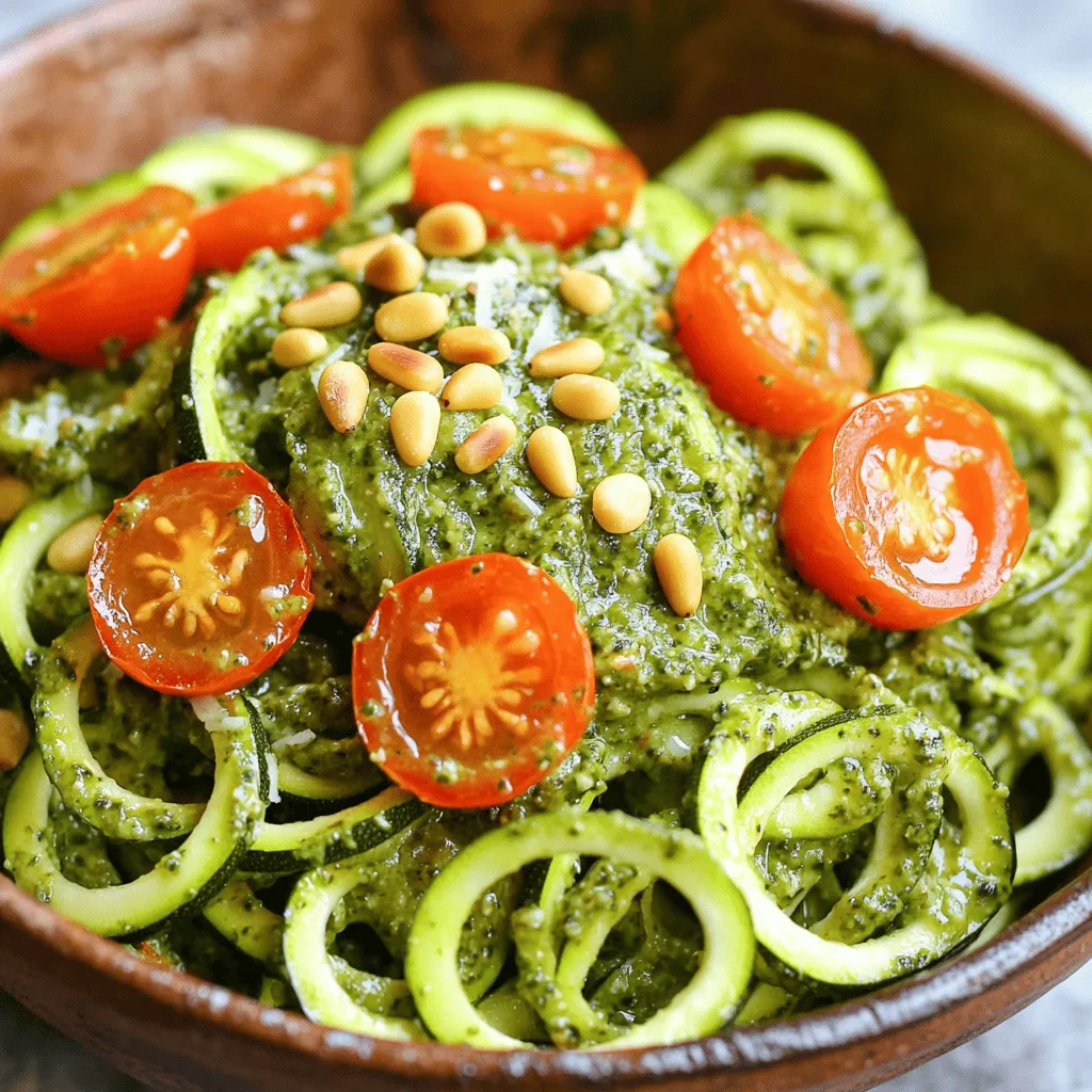 To make pesto zucchini noodles, you need these simple, fresh ingredients: - 4 medium zucchinis - 1 cup fresh basil leaves - 1/2 cup grated Parmesan cheese - 1/3 cup toasted pine nuts - 2 garlic cloves, minced - 1/4 cup extra virgin olive oil - Salt and pepper to taste - Cherry tomatoes, halved (for garnish) - Toasted pumpkin seeds (for garnish) These ingredients come together to create a dish that bursts with flavor. Zucchini is a great low-carb alternative to pasta. It gives you a light and healthy base. The fresh basil adds a bright taste, while the Parmesan cheese gives a rich, savory kick. To make the pesto, you blend the basil, Parmesan, pine nuts, and garlic. This mix creates a creamy sauce that clings to the zucchini noodles. The olive oil adds smoothness and depth. Garnishing with cherry tomatoes and pumpkin seeds adds color and crunch. Each bite is fresh, delicious, and healthy. For the full recipe, check the guide above. To start, you need to create the zucchini noodles. You can use a spiralizer or a vegetable peeler. A spiralizer gives you beautiful, long noodles. If you use a peeler, you'll get wide, flat strips. Both options are tasty! Once you have your noodles, place them in a colander. Sprinkle a little salt over them. Let them sit for 10-15 minutes. This step helps remove excess moisture. It prevents your dish from being too watery later. Now, let’s move on to the pesto. In a food processor, combine fresh basil leaves, grated Parmesan cheese, toasted pine nuts, and minced garlic. Add a pinch of salt and pepper to enhance the flavor. Pulse everything until it’s finely chopped. Next, while the food processor runs, slowly drizzle in the olive oil. This will help create a smooth and creamy pesto. Taste it and adjust the seasoning if needed. You want it to be just right! Heat a large skillet over medium heat. Add the zucchini noodles to the skillet. Sauté them for 2-3 minutes. You want them slightly softened but still al dente. Avoid overcooking them; this keeps the noodles vibrant and crunchy. Once the noodles are ready, remove the skillet from the heat. Add the freshly made pesto to the zucchini noodles. Toss everything well to coat the noodles evenly with the pesto. To plate your dish, serve the pesto zucchini noodles in bowls. Garnish with halved cherry tomatoes and a sprinkle of toasted pumpkin seeds. This adds a nice crunch and looks pretty! For the full recipe, check out the details above. When choosing zucchini, look for medium-sized ones. They should feel firm and smooth. Avoid those with soft spots or blemishes. Organic zucchini is often fresher and tastier. However, conventional zucchini can also be good if you wash them well. To enhance your pesto, use fresh basil and good olive oil. Toasting the pine nuts brings out their rich flavor. If you don’t have pine nuts, try walnuts or sunflower seeds. You can also swap Parmesan for nutritional yeast for a dairy-free option. For perfect texture, sauté zucchini noodles for only 2-3 minutes. This keeps them crunchy and bright. If you want softer noodles, cook them a bit longer. Avoid using high heat to prevent mushiness. Toss the noodles gently with the pesto to coat them evenly. For the full recipe, check the detailed instructions above. {{image_2}} You can enhance your pesto zucchini noodles by adding protein. Grilled chicken or shrimp works great. They add a nice flavor and texture. For a vegetarian option, try tofu or chickpeas. Both are tasty and filling. You can play with flavors in this dish. Consider adding spices like red pepper flakes or herbs like oregano. They give your dish a nice kick. You can also swap the pesto for other sauces. Avocado sauce is a creamy and tasty choice. For a vegan twist, use dairy-free substitutes for cheese. Nutritional yeast adds a cheesy flavor without dairy. You can also make vegan pesto. Blend basil, nuts, garlic, and olive oil. Skip the cheese, and you have a fresh, vegan sauce. For the complete recipe, check the Full Recipe. To keep your pesto zucchini noodles fresh, you should store them in an airtight container. This helps prevent moisture loss and keeps them tasting great. Place the container in the fridge. They will last for about 2 to 3 days. After that, they may become soggy and lose flavor. Yes, you can freeze zucchini noodles! However, keep in mind that they may change texture. To freeze, place the noodles in a freezer-safe bag. Squeeze out as much air as possible before sealing. They can last in the freezer for about 2 months. When you’re ready to use them, thaw the noodles in the fridge overnight. This way, they will be ready for cooking. To reheat your pesto zucchini noodles, use a skillet over low heat. This method helps maintain their texture. Add a splash of olive oil to keep them moist. Avoid using a microwave, as it can make the noodles soggy. Heat them just until warm, not hot. This keeps them crunchy and delicious. Zucchini noodles, or zoodles, are long, thin strands made from zucchini. They mimic pasta but are low in carbs and calories. Benefits of zucchini noodles - Low in calories - High in vitamins - Great for gluten-free diets Nutritional comparisons to pasta Zucchini noodles have fewer carbohydrates than regular pasta. For example, one cup of cooked pasta has around 200 calories, while one cup of zoodles has only about 20 calories. This makes them a fantastic option for health-conscious cooks. Homemade pesto is easy and quick. You only need a few key ingredients. Essential ingredients for classic pesto - Fresh basil leaves - Grated Parmesan cheese - Pine nuts (toasted) - Garlic - Olive oil Tips for variations You can change nuts or cheese types. Try walnuts or nutritional yeast for a vegan option. Yes, you can use store-bought pesto for convenience. Pros and cons of using pre-made pesto - Pros: Saves time and effort - Cons: May have preservatives or less flavor Recommendations for quality store-bought options Look for brands with fresh ingredients and no added sugars. Yes, pesto zucchini noodles are gluten-free. Overview of gluten content in the recipe Zucchini contains no gluten, making it safe for those with gluten sensitivities. Gluten-free alternatives If you want more options, try gluten-free pasta made from rice or quinoa. You can easily adjust the recipe for a vegan diet. Key substitutions for a vegan diet - Use nutritional yeast instead of cheese - Swap pine nuts for sunflower seeds Adjusting flavors for a vegan-friendly dish Taste and tweak the ingredients. Add more garlic or lemon for brightness. Check the [Full Recipe] for details! This recipe for zucchini noodles with pesto blends fresh flavors and healthy ingredients. We explored the steps to make zucchini noodles, create homemade pesto, and properly cook your dish. You learned tips for selecting the best zucchini and enhancing your pesto. Remember, you can customize this dish with protein or vegan options. Storing leftovers and reheating tips help keep your meal fresh. Enjoy making this tasty, healthy dish and share it with others!