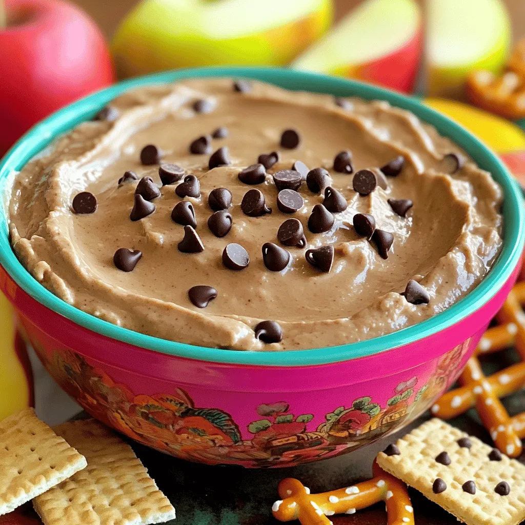 For my chocolate chip cookie dough dip, I use these simple ingredients: - 1 cup all-purpose flour (heat-treated for safety) - 1/2 cup unsalted butter, softened - 3/4 cup brown sugar, packed - 1/4 cup granulated sugar - 1 teaspoon vanilla extract - 1/2 teaspoon salt - 1 cup mini chocolate chips - 1/2 cup cream cheese, softened - 1/4 cup milk (or more for desired consistency) These ingredients come together to create a deliciously creamy dip. Using heat-treated flour is key for safety. Raw flour can harbor harmful bacteria, like E. coli. Heat-treating flour kills any bacteria while keeping the flour safe for eating. To heat-treat, spread flour on a baking sheet and bake at 350°F (175°C) for about 5 minutes. Let it cool before using it in the dip. This step ensures you enjoy your dip without worry. You can easily swap some ingredients if needed. Here are a few ideas: - Instead of butter, use coconut oil for a dairy-free option. - For a lower-sugar option, try using a sugar substitute like erythritol. - If you want a creamier dip, add more cream cheese or use Greek yogurt. - For a nutty flavor, replace some chocolate chips with chopped nuts. These substitutions help customize the dip to your taste or dietary needs. First, gather all your ingredients. You need flour, butter, sugars, vanilla, salt, chocolate chips, cream cheese, and milk. Make sure the butter and cream cheese are soft. This will help mix everything smoothly. You can use a big mixing bowl to start. In your bowl, cream together the softened butter, brown sugar, and granulated sugar. Mix until it looks light and fluffy. This step is key for a smooth dip. Next, add in the cream cheese and vanilla. Keep mixing until it's all well combined. Now, add the heat-treated flour and salt. Mix just until the flour disappears. Don't overmix; it can make the dip tough. Now, pour in the milk a little at a time. Keep stirring until you like the dip's thickness. If you want it creamier, add more milk. Finally, fold in the mini chocolate chips. Make sure they spread evenly through the mix. Transfer your dip to a colorful bowl. For extra flair, sprinkle some chocolate chips on top. If you have time, chill it in the fridge for about 30 minutes. This helps the flavors mix well. Enjoy your tasty treat with dippables like graham crackers or apple slices! For the full recipe, check out the Full Recipe section. To get the best texture for your dip, keep these tips in mind: - Use softened butter and cream cheese. This helps mix easily. - Gradually add milk. This lets you control the dip's creaminess. - Mix just until smooth. Over-mixing can make it too fluffy. These steps guarantee a smooth and creamy dip every time. Want to boost flavor? Try these ideas: - Add a pinch of cinnamon for warmth. - Use brown sugar for a deeper taste. - Swap vanilla extract with almond extract for a twist. These little changes can make your dip pop! When serving at a party, presentation matters. Here are some fun ideas: - Use a bright bowl to catch the eye. - Arrange dippables around the bowl. Try graham crackers, apple slices, or pretzels. - For a special touch, sprinkle extra chocolate chips on top. These tips will make your Chocolate Chip Cookie Dough Dip a hit! For the full recipe, check out the details above. {{image_2}} You can add nuts to your dip for extra crunch. Chopped walnuts or pecans work well. Just stir in about half a cup to the mix. The nuts add a great texture and flavor. They blend well with the chocolate chips. You can also toast the nuts for a deeper taste. This variation makes the dip even more fun and tasty. Want a vegan version? You can swap out the butter and cream cheese. Use coconut oil or vegan butter instead of regular butter. For cream cheese, try a plant-based option. You can also use almond or oat milk for a creamy texture. With these swaps, you can enjoy a dairy-free treat. The flavor stays rich and delightful, just like the original. You can change the dip's flavor based on the season. In fall, add pumpkin spice for warmth. For summer, mix in crushed strawberries or mint. These flavors bring a fun twist to your dip. You can also add a splash of almond extract for a nutty flair. This keeps the dip fresh and exciting for every occasion. Store your Chocolate Chip Cookie Dough Dip in an airtight container. This keeps it fresh and tasty. Always place it in the fridge when you are not serving it. If you have leftovers, make sure to cover them well. Avoid using plastic wrap directly on the dip, as it can stick. When stored properly, this dip lasts about 5 days in the fridge. After that, it may lose its flavor and texture. Always check for any off smells or changes in color before eating. If it looks or smells funny, it’s best to throw it away. You can freeze the dip for later use. Place it in a freezer-safe container. Make sure to label it with the date. It can stay good for up to 3 months in the freezer. When you are ready to use it, thaw it overnight in the fridge. Stir it well before serving to restore its creamy texture. Yes, you can eat raw cookie dough in this dip. I use heat-treated flour to keep it safe. Heat-treated flour removes harmful bacteria. This makes it safe for you to enjoy the dough. You can indulge without worry! You can serve this dip with many fun snacks. I love using: - Graham crackers - Apple slices - Pretzels - Vanilla wafers - Mini marshmallows These dippers add a nice crunch and flavor. You can mix and match to suit your taste. The sweet dip pairs well with both sweet and salty options. You can make this dip a bit healthier. Try these easy swaps: - Use low-fat cream cheese instead of regular. - Replace some sugar with honey or maple syrup. - Add a scoop of protein powder to boost nutrition. These changes keep the dip tasty while cutting some calories. You can enjoy this treat without too much guilt! The full recipe is a great starting point for your healthy twist. This blog post covered all the essentials for making a great chocolate chip cookie dough dip. You learned about necessary ingredients, like heat-treated flour, and smart substitutions. The step-by-step guide made mixing easy. I shared tips for texture and flavor boosts. You got great variations to try, plus smart storage advice. In the end, this treat is fun and tasty for any occasion. Dive in and enjoy your dip!
