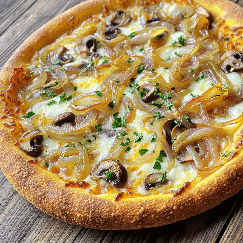 To make this tasty pizza, gather these key items: - 1 pre-made pizza dough (store-bought or homemade) - 2 tablespoons olive oil - 2 large onions, thinly sliced - 8 oz mushrooms, sliced (shiitake, cremini, or your choice) - 2 garlic cloves, minced - 1 teaspoon thyme (fresh or dried) - Salt and pepper to taste - 1 cup mozzarella cheese, shredded - 1/2 cup goat cheese, crumbled (optional) - Fresh parsley or basil for garnish These ingredients create a great base for a savory pizza that bursts with flavor. Feel free to add your twist! Consider these extras: - Spinach for extra greens - Red pepper flakes for heat - Feta cheese for a tangy kick - Balsamic glaze for sweetness These options let you personalize the pizza to match your taste. Don’t worry if you lack some items! Use these swaps: - Use butter instead of olive oil. - Try onions like shallots or leeks. - Any cheese can work; try cheddar or gouda. - Use dried herbs if fresh isn’t available. These substitutes will still create a delicious pizza. You can find the Full Recipe to guide you through the cooking process. Start by preheating your oven to 475°F (245°C). This high heat helps get a crispy crust. If you have a pizza stone, place it in the oven to warm up. While the oven heats, roll out your pizza dough on a floured surface. Aim for your desired thickness. Once ready, transfer it onto a floured pizza peel or parchment paper for easy baking. To caramelize onions, heat 2 tablespoons of olive oil in a large skillet over medium heat. Add 2 large, thinly sliced onions along with a pinch of salt. Stir them often for about 25-30 minutes. They should turn golden brown and sweet. If they start to burn, lower the heat. Patience is key; this process brings out their rich flavor. Once your onions are caramelized, it’s time for the mushrooms. Add 8 oz of sliced mushrooms and 2 minced garlic cloves to the skillet. Cook them with the onions for about 5-7 minutes. Stir in 1 teaspoon of thyme, either fresh or dried. This will deepen the flavor. Season with salt and pepper to taste. Make sure the mushrooms become tender and lose their moisture. Now it’s time to assemble your pizza. Spread the caramelized onion and mushroom mix evenly over the dough. Even distribution is important for balanced flavor. Next, sprinkle 1 cup of shredded mozzarella cheese on top. If you want a little tang, add 1/2 cup of crumbled goat cheese. This step adds creaminess and depth. Carefully move the pizza onto the hot pizza stone or baking sheet in the oven. Bake for 12-15 minutes. Keep an eye on it; the crust should turn golden and the cheese should bubble nicely. Once done, take it out of the oven and let it cool for a minute. For a fresh touch, garnish with parsley or basil before slicing. Enjoy the delicious flavors of your creation! To get the best taste from your caramelized onion and mushroom pizza, focus on the onions. Cook them slowly for deep flavor. Use good olive oil for a rich base. Fresh thyme adds a lovely herb taste. If you like it cheesy, try mixing mozzarella and goat cheese. This blend creates a nice balance of creaminess and tang. Avoid rushing the caramelization. It takes time to bring out the sweetness. If you add too much salt, the flavors can become overpowering. Don’t forget to preheat your oven and pizza stone! A cold oven leads to a soggy crust. Also, avoid overcrowding your toppings, as this can make your pizza soggy. Pair your pizza with a light salad. A mixed green salad works well. Use a simple vinaigrette to enhance flavors. For a crunchy appetizer, serve garlic bread on the side. A glass of red wine also complements the pizza nicely. Consider a fruity variety to balance the savory flavors. For a refreshing drink, try sparkling water with lemon. {{image_2}} You can make this pizza even better with extra veggies. Try adding bell peppers, spinach, or zucchini. These veggies bring color and flavor. They also add more nutrients. Slice them thin so they cook well with the onions and mushrooms. Mix in roasted garlic for a sweet touch. If you want a vegan pizza, swap out the cheese. Use dairy-free cheese that melts well. Look for brands made from nuts or soy. Nutritional yeast is another great option. It adds a cheesy flavor without dairy. You can also skip the cheese entirely and use a thick tomato sauce as a base. For meat lovers, several options pair well with this pizza. Try crispy bacon or savory sausage. Chicken pieces also work nicely. These meats add a nice contrast to the sweet onions and earthy mushrooms. Just cook them before adding to the pizza. This step ensures they are tasty and safe to eat. Explore the [Full Recipe] for more details! To keep your pizza fresh, cool it first. Wrap each slice in plastic wrap or foil. Place the wrapped pizza in an airtight container. Store it in the fridge for up to three days. For best taste, avoid stacking the slices directly on top of each other. Reheating pizza is easy. For a crispy crust, use an oven. Preheat the oven to 375°F (190°C). Place the pizza directly on the oven rack or on a baking sheet. Heat for 10-15 minutes. If you want it quick, use a skillet. Heat the skillet over medium heat. Add the pizza and cover it with a lid. This keeps the crust crisp while melting the cheese. You can freeze leftover pizza too! Wrap each slice tightly in plastic wrap. Then, place them in a freezer-safe bag. Make sure to remove as much air as possible. You can freeze pizza for up to three months. When ready to eat, thaw it overnight in the fridge. Reheat using the oven for great taste. For more details, check the Full Recipe. To make caramelized onions perfectly, start with medium heat. Use a large skillet and add olive oil. Slice the onions thinly and sprinkle a pinch of salt. Stir them often for about 25-30 minutes. The key is patience. You want them golden brown, not burnt. If they brown too fast, lower the heat. This slow cooking brings out their sweet flavor. Yes, you can use different cheeses for this pizza. While mozzarella gives a great melt, feel free to mix it up. Cheddar, fontina, or even gouda add unique flavors. Goat cheese adds a tangy touch too. Mix and match to find your favorite blend. Each cheese will give the pizza a different taste. To cut and serve the pizza, let it cool for a minute first. This helps the cheese set a bit. Use a sharp pizza cutter or a large knife. Cut into slices that suit your serving style. You can serve it hot on a cutting board or a fancy plate. Garnish with fresh herbs for a nice touch. Cooking homemade pizza from scratch takes about 50 minutes total. This includes prep time and baking. You’ll need around 15 minutes to prepare the toppings. Baking the pizza takes about 12-15 minutes in a hot oven. Make sure to keep an eye on it for that perfect golden crust. Yes, you can make this pizza gluten-free. Simply use gluten-free pizza dough instead of regular dough. Many stores offer ready-made options. You can also make your own with gluten-free flour. Just follow the same steps for topping and baking. Enjoy the same great taste without gluten! You’ve learned how to create a tasty caramelized onion and mushroom pizza. We covered essential and optional ingredients, and you now know how to adapt recipes. I shared tips for baking, avoiding common mistakes, and achieving the best flavor. With storage advice, you can enjoy leftovers later. Remember, feel free to customize your pizza. The joy of cooking lies in your creativity and choices. Enjoy making this delicious dish!