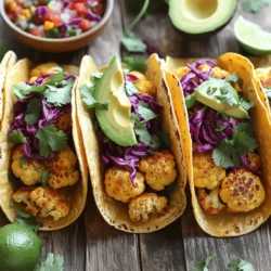 - 1 medium head of cauliflower, cut into florets - 2 tablespoons olive oil - 1 teaspoon smoked paprika - 1 teaspoon ground cumin - 1 teaspoon garlic powder - Salt and pepper to taste - 8 small corn or flour tortillas - 1 cup shredded red cabbage - 1 avocado, sliced - Fresh cilantro leaves, for garnish - 1 lime, cut into wedges - Salsa or hot sauce, for serving A serving of these vegan cauliflower tacos has around 250 calories. You get 12 grams of fat, 6 grams of protein, and 7 grams of fiber. Cauliflower is low in calories but high in nutrients. It is rich in vitamins C and K. Eating cauliflower can help boost your immune system. It also supports heart health and aids digestion. Plus, it fits perfectly into a vegan diet. For anyone looking to eat healthier, this dish is a great choice. You can find the full recipe online for more details. - Preheat your oven to 425°F (220°C). - Grab a baking sheet and line it with parchment paper for easy clean-up. - Gather your ingredients: cauliflower, olive oil, spices, and tortillas. - Toss the cauliflower florets in a bowl with olive oil, smoked paprika, cumin, garlic powder, salt, and pepper. - Make sure each piece is evenly coated. - Spread the florets on the baking sheet in a single layer. - Roast the cauliflower for 25-30 minutes. - Check for doneness: it should be golden and crispy. Toss halfway through for even cooking. - While the cauliflower roasts, warm the tortillas in a dry skillet over medium heat. - Heat each side for about 30 seconds until soft and pliable. - Once the cauliflower is ready, take a tortilla and add a few florets to the center. - Top with shredded red cabbage, avocado slices, and fresh cilantro. - For extra flavor, serve with lime wedges and your choice of salsa or hot sauce on the side. This simple process makes vegan cauliflower tacos a fun and tasty meal. For the full recipe, check the ingredients above. You can play with spices to make your tacos exciting. Try adding: - Chili powder for a kick - Oregano for a fresh herb taste - Lime zest for brightness Adjust the heat by adding more chili powder or using a milder spice. Start with a little, and taste as you go. If you want it spicier, add hot sauce when serving. Roasting gives a great texture, but you can try other methods too: - Grilling: Brush the cauliflower with oil and grill until charred. - Sautéing: Cook in a skillet over medium heat until tender. For the best texture, cut the florets into even sizes. This helps them cook at the same rate. Keep an eye on them so they don’t burn. Vegan tacos are best with tasty sides and drinks. Consider pairing them with: - A fresh salad for crunch - Rice or quinoa for heartiness Toppings can make your tacos pop. Here are some ideas: - Diced tomatoes for freshness - Pickled onions for tang - Your favorite salsa for added flavor These extra touches will make your meal even more enjoyable. For the full recipe, check out the details above. {{image_2}} You can add more protein to your vegan cauliflower tacos. Tempeh and lentils are great choices. They provide a hearty texture and rich flavor. - Tempeh: Crumble tempeh and sauté it with spices. It adds a nutty taste. - Lentils: Cooked lentils can be mixed with the roasted cauliflower. They add protein and fiber. - Beans: Black beans or pinto beans work well. Add them for a filling meal. If you need gluten-free choices, look for specific tortillas. Many brands offer gluten-free options made from corn or brown rice. - Tortillas: Check the label to ensure they are gluten-free. - Keto-Friendly: To make these tacos keto-friendly, skip the tortillas. Instead, serve the filling in lettuce wraps or use cauliflower tortillas. Get creative by mixing flavors from different cuisines. Fusion tacos can be a fun twist on the classic recipe. - Asian Flavors: Add hoisin sauce and pickled veggies to your tacos. This gives them a sweet and tangy kick. - Mediterranean Touch: Use hummus and roasted red peppers. This can change the flavor profile and keep things interesting. These variations make vegan cauliflower tacos fun and unique. Try them out and enjoy exploring new tastes! For the full recipe, check out the details above. To keep your leftover tacos fresh, store them in an airtight container. Make sure they cool down before sealing. You can place the tacos and the filling in separate containers. This helps prevent sogginess. Leftover tacos will last for about three days in the fridge. Check for signs of spoilage before eating. If the cauliflower looks slimy or changes color, it’s best to toss it. The tortillas can also become tough or dry. If you notice this, it’s a sign they are no longer good. If you want to save tacos for later, freezing is a great option. Start by freezing the roasted cauliflower. Place it in a single layer on a baking sheet. Once frozen, transfer the florets to a freezer bag. Remove as much air as you can to avoid freezer burn. To reheat, first, thaw the cauliflower in the fridge overnight. Then, warm it in the oven at 350°F (175°C) for about 10-15 minutes. You can also reheat it in a skillet over medium heat. To keep everything fresh, use the cauliflower within three months. For the best taste, avoid freezing the tortillas. Instead, warm fresh tortillas when you are ready to eat. This makes for a better taco experience. Enjoy your Vegan Cauliflower Tacos anytime! For the full recipe, check out the previous sections. Yes, you can make Vegan Cauliflower Tacos ahead of time. Roast the cauliflower and store it in the fridge. You can prepare all the toppings too. Keep them in separate containers. When ready to eat, just warm the cauliflower and tortillas. This keeps everything fresh and tasty. To reheat leftover tacos, use a skillet. Heat it on medium. Add the tacos and warm them for about two minutes on each side. This helps keep the tortillas soft and the filling hot. Avoid using a microwave, as it makes the tortillas soggy. Yes, these tacos are great for meal prep. Portion out the cauliflower and toppings in containers. You can make several servings at once. When it's time to eat, just reheat and assemble. This method saves time and keeps your meals exciting. Eating cauliflower offers many health benefits. It is low in calories but high in fiber. It contains vitamins C and K, which support your immune system. Cauliflower is rich in antioxidants, helping to fight inflammation. Plus, it's a great plant-based option for any meal. This blog post covered a complete guide to making vegan cauliflower tacos. We explored ingredients, step-by-step cooking, and variations to suit your taste. You learned about health benefits and smart storage methods to enjoy your tacos later. In my opinion, these tacos are perfect for any meal. They are healthy, tasty, and easy to make. Enjoy cooking and sharing them with others!