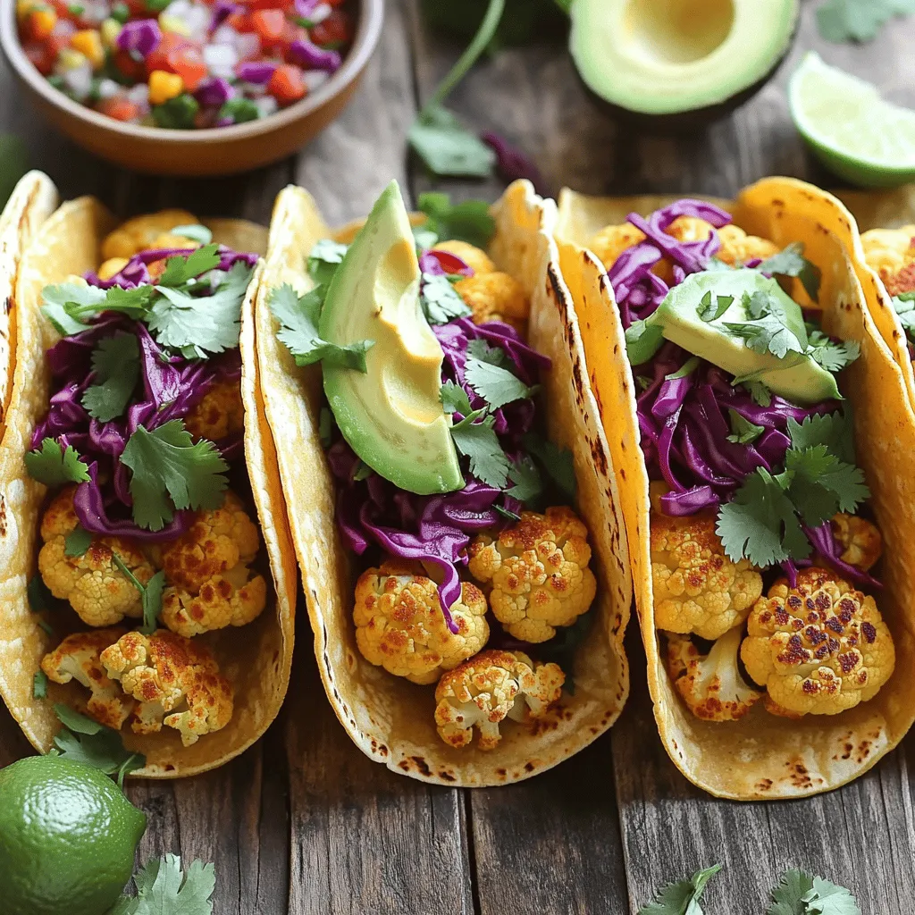 - 1 medium head of cauliflower, cut into florets - 2 tablespoons olive oil - 1 teaspoon smoked paprika - 1 teaspoon ground cumin - 1 teaspoon garlic powder - Salt and pepper to taste - 8 small corn or flour tortillas - 1 cup shredded red cabbage - 1 avocado, sliced - Fresh cilantro leaves, for garnish - 1 lime, cut into wedges - Salsa or hot sauce, for serving A serving of these vegan cauliflower tacos has around 250 calories. You get 12 grams of fat, 6 grams of protein, and 7 grams of fiber. Cauliflower is low in calories but high in nutrients. It is rich in vitamins C and K. Eating cauliflower can help boost your immune system. It also supports heart health and aids digestion. Plus, it fits perfectly into a vegan diet. For anyone looking to eat healthier, this dish is a great choice. You can find the full recipe online for more details. - Preheat your oven to 425°F (220°C). - Grab a baking sheet and line it with parchment paper for easy clean-up. - Gather your ingredients: cauliflower, olive oil, spices, and tortillas. - Toss the cauliflower florets in a bowl with olive oil, smoked paprika, cumin, garlic powder, salt, and pepper. - Make sure each piece is evenly coated. - Spread the florets on the baking sheet in a single layer. - Roast the cauliflower for 25-30 minutes. - Check for doneness: it should be golden and crispy. Toss halfway through for even cooking. - While the cauliflower roasts, warm the tortillas in a dry skillet over medium heat. - Heat each side for about 30 seconds until soft and pliable. - Once the cauliflower is ready, take a tortilla and add a few florets to the center. - Top with shredded red cabbage, avocado slices, and fresh cilantro. - For extra flavor, serve with lime wedges and your choice of salsa or hot sauce on the side. This simple process makes vegan cauliflower tacos a fun and tasty meal. For the full recipe, check the ingredients above. You can play with spices to make your tacos exciting. Try adding: - Chili powder for a kick - Oregano for a fresh herb taste - Lime zest for brightness Adjust the heat by adding more chili powder or using a milder spice. Start with a little, and taste as you go. If you want it spicier, add hot sauce when serving. Roasting gives a great texture, but you can try other methods too: - Grilling: Brush the cauliflower with oil and grill until charred. - Sautéing: Cook in a skillet over medium heat until tender. For the best texture, cut the florets into even sizes. This helps them cook at the same rate. Keep an eye on them so they don’t burn. Vegan tacos are best with tasty sides and drinks. Consider pairing them with: - A fresh salad for crunch - Rice or quinoa for heartiness Toppings can make your tacos pop. Here are some ideas: - Diced tomatoes for freshness - Pickled onions for tang - Your favorite salsa for added flavor These extra touches will make your meal even more enjoyable. For the full recipe, check out the details above. {{image_2}} You can add more protein to your vegan cauliflower tacos. Tempeh and lentils are great choices. They provide a hearty texture and rich flavor. - Tempeh: Crumble tempeh and sauté it with spices. It adds a nutty taste. - Lentils: Cooked lentils can be mixed with the roasted cauliflower. They add protein and fiber. - Beans: Black beans or pinto beans work well. Add them for a filling meal. If you need gluten-free choices, look for specific tortillas. Many brands offer gluten-free options made from corn or brown rice. - Tortillas: Check the label to ensure they are gluten-free. - Keto-Friendly: To make these tacos keto-friendly, skip the tortillas. Instead, serve the filling in lettuce wraps or use cauliflower tortillas. Get creative by mixing flavors from different cuisines. Fusion tacos can be a fun twist on the classic recipe. - Asian Flavors: Add hoisin sauce and pickled veggies to your tacos. This gives them a sweet and tangy kick. - Mediterranean Touch: Use hummus and roasted red peppers. This can change the flavor profile and keep things interesting. These variations make vegan cauliflower tacos fun and unique. Try them out and enjoy exploring new tastes! For the full recipe, check out the details above. To keep your leftover tacos fresh, store them in an airtight container. Make sure they cool down before sealing. You can place the tacos and the filling in separate containers. This helps prevent sogginess. Leftover tacos will last for about three days in the fridge. Check for signs of spoilage before eating. If the cauliflower looks slimy or changes color, it’s best to toss it. The tortillas can also become tough or dry. If you notice this, it’s a sign they are no longer good. If you want to save tacos for later, freezing is a great option. Start by freezing the roasted cauliflower. Place it in a single layer on a baking sheet. Once frozen, transfer the florets to a freezer bag. Remove as much air as you can to avoid freezer burn. To reheat, first, thaw the cauliflower in the fridge overnight. Then, warm it in the oven at 350°F (175°C) for about 10-15 minutes. You can also reheat it in a skillet over medium heat. To keep everything fresh, use the cauliflower within three months. For the best taste, avoid freezing the tortillas. Instead, warm fresh tortillas when you are ready to eat. This makes for a better taco experience. Enjoy your Vegan Cauliflower Tacos anytime! For the full recipe, check out the previous sections. Yes, you can make Vegan Cauliflower Tacos ahead of time. Roast the cauliflower and store it in the fridge. You can prepare all the toppings too. Keep them in separate containers. When ready to eat, just warm the cauliflower and tortillas. This keeps everything fresh and tasty. To reheat leftover tacos, use a skillet. Heat it on medium. Add the tacos and warm them for about two minutes on each side. This helps keep the tortillas soft and the filling hot. Avoid using a microwave, as it makes the tortillas soggy. Yes, these tacos are great for meal prep. Portion out the cauliflower and toppings in containers. You can make several servings at once. When it's time to eat, just reheat and assemble. This method saves time and keeps your meals exciting. Eating cauliflower offers many health benefits. It is low in calories but high in fiber. It contains vitamins C and K, which support your immune system. Cauliflower is rich in antioxidants, helping to fight inflammation. Plus, it's a great plant-based option for any meal. This blog post covered a complete guide to making vegan cauliflower tacos. We explored ingredients, step-by-step cooking, and variations to suit your taste. You learned about health benefits and smart storage methods to enjoy your tacos later. In my opinion, these tacos are perfect for any meal. They are healthy, tasty, and easy to make. Enjoy cooking and sharing them with others!