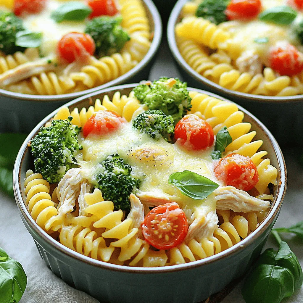 To make your creamy chicken pasta bake, you need a few key items. Here’s the complete list: - 2 cups rotini pasta - 2 cups cooked chicken, shredded - 1 cup broccoli florets (fresh or frozen) - 1 cup cherry tomatoes, halved - 2 cups shredded mozzarella cheese - 1 cup ricotta cheese - 1 cup chicken broth - 1 cup heavy cream - 2 cloves garlic, minced - 1 teaspoon Italian seasoning - Salt and pepper to taste - 1 tablespoon olive oil - 1/4 cup grated Parmesan cheese Each ingredient plays an important role in making this dish creamy and tasty. The rotini pasta holds the sauce well, while the cooked chicken adds protein. Broccoli florets and cherry tomatoes give it color and nutrition. Mozzarella and ricotta cheese create a rich, creamy texture. Chicken broth and heavy cream ensure the dish stays moist and flavorful. Garlic and Italian seasoning bring depth to the taste. Don't forget salt and pepper to enhance the flavors. The olive oil helps prevent sticking, and Parmesan cheese on top adds a nice crust. Gather these ingredients, and you'll be ready to create a delicious meal. For more details on how to put it all together, check the Full Recipe. First, set your oven to 350°F (175°C). This is the perfect temperature for our creamy chicken pasta bake. While the oven heats, gather your ingredients. You will need rotini pasta, cooked chicken, broccoli, cherry tomatoes, mozzarella cheese, ricotta cheese, chicken broth, heavy cream, garlic, Italian seasoning, olive oil, Parmesan cheese, salt, and pepper. Make sure everything is ready before you start. Cooking is more fun when you have all you need at hand! Next, cook the rotini pasta. Follow the package instructions and drain it when done. In a large bowl, mix the cooked chicken, broccoli florets, cherry tomatoes, and the drained pasta. Add ricotta cheese, chicken broth, heavy cream, minced garlic, Italian seasoning, and half of the mozzarella cheese. Season with salt and pepper. Stir until everything is well blended. This creamy mixture is what makes the dish so delicious. Now, let’s get baking! First, drizzle olive oil in a 9x13 inch baking dish. This keeps the pasta from sticking. Pour the creamy chicken pasta mixture into the dish, spreading it evenly. Top the dish with the rest of the mozzarella cheese and sprinkle grated Parmesan cheese on top. - Initial baking covered: Cover the dish with aluminum foil and place it in the oven. Bake for 25 minutes. This keeps the moisture in and makes the pasta tender. - Final baking uncovered for cheese: After 25 minutes, take off the foil. Bake for another 10-15 minutes, or until the cheese is bubbly and golden brown. This step gives you that perfect cheesy crust on top. Once it is done, let it sit for about 5 minutes before serving. This helps the dish to set. Enjoy your creamy chicken pasta bake! For the full recipe, don't forget to check the details above. To get a creamy texture, mix ricotta cheese with heavy cream. This blend gives richness. Using chicken broth adds moisture and flavor. Make sure to stir well for a smooth mix. If you want it creamier, add more heavy cream. For the best chicken, use cooked, shredded chicken. You can roast or boil the chicken beforehand. If you cook it fresh, add seasoning for extra taste. Make sure it’s not dry. Juicy chicken makes the dish shine. - Presentation tips for a delightful serving experience: Serve the pasta bake in bowls. Top with fresh basil or parsley. This adds color and flavor. You can also sprinkle extra cheese on top. It looks great and tastes even better. - Pairing ideas with side dishes: Pair this dish with a fresh salad. A simple green salad works well. You can also serve garlic bread on the side. This adds crunch and complements the creamy pasta bake perfectly. For the full recipe, check out the Creamy Chicken Pasta Bake. {{image_2}} You can easily swap some ingredients in this dish. If you don't have rotini, use penne or fusilli. These shapes hold the sauce well. For cheese, try using cream cheese if you want a richer taste. If you prefer a lighter option, low-fat cheese works too. Instead of chicken broth, vegetable broth is a great choice. This will still give the dish flavor without meat. While chicken is a star here, other proteins shine too. You can use turkey for a leaner choice. Shrimp adds a nice twist with seafood flavor. If you like beef, cooked ground beef or even meatballs can work. Just ensure they are fully cooked before baking. Each protein brings its own taste, so feel free to experiment. To make this dish vegetarian, skip the chicken and add more veggies. Spinach, bell peppers, or mushrooms can add great flavor. For a vegan version, use plant-based cheese and replace the heavy cream with coconut milk. You can also use a vegan ricotta made from nuts or tofu. This way, you keep the creamy texture while making it plant-based. Each variation keeps the essence of this creamy chicken pasta bake while catering to different diets. For the full recipe, check out the details above. Store any leftover creamy chicken pasta bake in an airtight container. This helps keep it fresh. Let it cool to room temperature before sealing. You can keep it in the fridge for up to three days. If you want to eat it later, freezing is a good option. To reheat, take the pasta bake out of the fridge. Preheat your oven to 350°F (175°C). Place the dish in the oven for about 20 minutes. If you want, cover it with foil to keep it moist. You can also use a microwave. Heat it in 1-minute bursts until hot. Stir between intervals for even heating. Freezing is a great way to save this dish. First, allow it to cool completely. Then, place the pasta bake in a freezer-safe container. You can also wrap it tightly with plastic wrap and foil. It can stay in the freezer for up to three months. When you’re ready to eat, thaw it in the fridge overnight. Then, reheat it in the oven or microwave as mentioned above. Enjoy your creamy chicken pasta bake again soon! I recommend using rotini pasta for this dish. Rotini holds sauce well, making each bite tasty. You can also use penne or fusilli if you prefer. They add a nice twist and texture to the bake. Yes, you can prepare this creamy chicken pasta bake ahead of time. Just follow the steps up to baking, then cover and refrigerate. When you're ready to bake, let it sit at room temp for about 15 minutes. This helps it heat evenly. To make this recipe gluten-free, simply swap the rotini pasta for a gluten-free option. Many brands offer great pasta that tastes just as good. Check the labels to ensure they meet your needs. Absolutely! You can use fresh vegetables in this recipe. Feel free to add spinach, bell peppers, or zucchini. Just chop them small to help them cook evenly in the bake. Fresh veggies can add more flavor and nutrition too. For the full recipe, refer to the earlier sections. This blog post covered a delicious creamy rotini pasta dish. We explored the ingredients, from rotini pasta to savory seasonings. I shared step-by-step instructions on prepping and baking the dish. Tips helped perfect texture and cooking methods. We also looked at variations and storage ideas. Enjoy making this dish your own with different proteins or veggies. The possibilities are endless, and I hope you find joy in each bite.