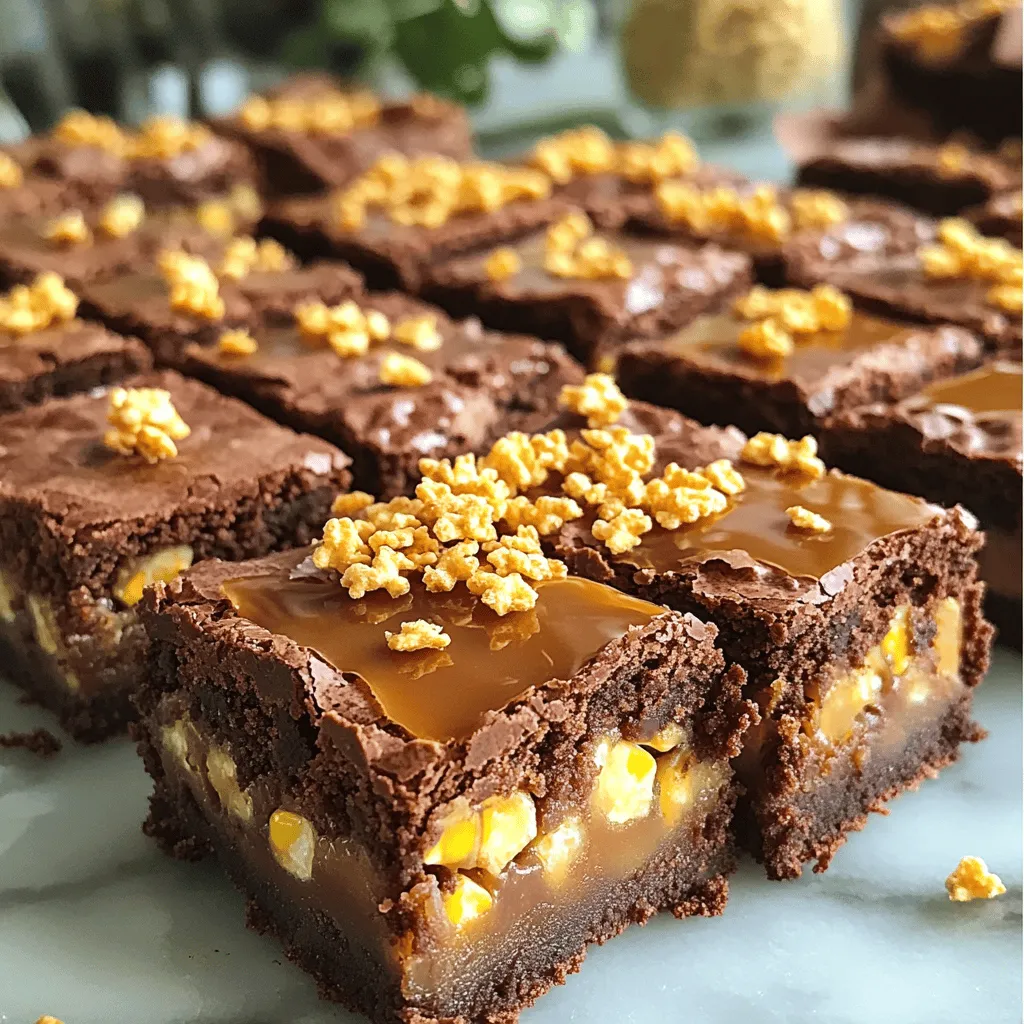 - 1 cup unsalted butter (2 sticks) - 1 1/2 cups granulated sugar - 4 large eggs - 1 teaspoon vanilla extract - 1 cup all-purpose flour - 1/2 cup cocoa powder - 1/4 teaspoon salt - 1 cup cornflakes, crushed - 1 cup soft caramel candies, diced - 1/2 cup semi-sweet chocolate chips Gathering the right ingredients is key for making Caramel Cornflake Brownies. Let’s break down each item. Unsalted butter is best to control the salt levels. It adds rich flavor. You will need granulated sugar for sweetness. This mixture helps create a chewy texture. Large eggs bind everything. They also make brownies moist. Vanilla extract adds a warm, sweet note. Next, all-purpose flour gives structure to the brownies. Cocoa powder is vital for that deep chocolate flavor. A pinch of salt balances out the sweetness. For crunch, we use cornflakes. They add a delightful texture. Soft caramel candies bring gooey sweetness. Finally, semi-sweet chocolate chips add extra chocolatey goodness. - If you need an alternative for unsalted butter, try coconut oil or margarine. - For a gluten-free option, use almond flour or gluten-free all-purpose flour. - You can replace eggs with flaxseed meal or applesauce for a vegan choice. These substitutions keep the brownies delicious while meeting different dietary needs. You can find the Full Recipe to see how these ingredients come together perfectly! 1. First, preheat your oven to 350°F (175°C). This helps the brownies bake evenly. 2. Grease a 9x13 inch baking pan with butter or cooking spray. This keeps the brownies from sticking. 3. In a large saucepan, melt 1 cup of unsalted butter over low heat. Stir gently until fully melted. 4. Remove the pan from heat. Mix in 1 1/2 cups of granulated sugar until it looks smooth. 1. Let the mixture cool for a few minutes. This stops the eggs from cooking when added. 2. Add 4 large eggs one at a time. Stir well after each egg. This keeps the batter smooth. 3. Mix in 1 teaspoon of vanilla extract for flavor. This will give the brownies a nice touch. 4. In a separate bowl, sift together 1 cup of all-purpose flour, 1/2 cup of cocoa powder, and 1/4 teaspoon of salt. 5. Gradually add this dry mix to the chocolate mixture. Stir until everything is combined. 1. Now, fold in 1 cup of crushed cornflakes, 1 cup of diced soft caramel candies, and 1/2 cup of semi-sweet chocolate chips. 2. Make sure everything is mixed well. This adds texture and flavor to the brownies. 3. Pour the batter into the prepared pan. Spread it evenly with a spatula. 1. Bake the brownies for 25-30 minutes. Keep an eye on them as they bake. 2. Check doneness by inserting a toothpick in the center. It should come out mostly clean. 3. Once done, take them out and let them cool in the pan on a wire rack. This helps them set. 4. Wait until they are cool before cutting them into squares. Enjoy your delicious treat! To get the best brownies, it is vital not to overmix your batter. Overmixing can lead to tough brownies. Mix until just combined. This keeps your brownies soft and chewy. To avoid dry brownies, watch the baking time closely. Check for doneness by inserting a toothpick into the center. A few moist crumbs on the toothpick mean they are done. If the toothpick comes out dry, your brownies may be overbaked. Serving these brownies on a nice platter makes them more appealing. You can drizzle warm caramel on top for extra flavor. This adds a lovely shine, too. Add some whole cornflakes on top before serving. They give a nice crunch and a fun look. You can also dust the brownies with a light sprinkle of powdered sugar for a sweet touch. For the full recipe, check the main article. {{image_2}} You can make these brownies even better with fun twists. Adding nuts brings a nice crunch. Try walnuts or pecans for a rich taste. You can also mix in toppings like mini marshmallows or dried fruits. These add sweetness and texture. Using different flavored chocolate can change the whole brownie. White chocolate gives a sweet touch, while dark chocolate adds depth. You can even try flavored chocolate bars, like mint or orange. This gives your brownies a unique twist that everyone will love. Want a gluten-free treat? You can swap all-purpose flour for almond flour or a gluten-free blend. This makes the brownies just as delicious without the gluten. If you want a healthier option, try using less sugar. You can replace some sugar with applesauce or mashed bananas. These keep the brownies moist and add a nice flavor. You can also use dark chocolate, which has less sugar than regular chocolate. These options make it easy to enjoy a treat without the guilt. For the full recipe, check out the detailed instructions above. You can store Caramel Cornflake Brownies at room temperature. Keep them in an airtight container. This way, they stay soft and tasty. If you live in a hot climate, refrigeration works too. Just wrap them well to avoid sogginess. To freeze brownies, let them cool completely first. Cut them into squares, then wrap each piece in plastic wrap. Place the wrapped brownies in a freezer bag. They can last for up to three months in the freezer. To thaw, take them out and let them sit at room temperature for about an hour. These brownies stay fresh for about five days at room temperature. You should check for signs of spoilage. If you see mold or a strong smell, it’s time to throw them out. Keeping an eye on them helps you enjoy their great taste longer. Can I make these brownies ahead of time? Yes, you can make these brownies ahead of time. After baking, let them cool completely. Store them in an airtight container. They taste great for up to a week. You can also freeze them for longer storage. What can I use instead of cornflakes? If you want to swap cornflakes, try crispy rice cereal. You can also use crushed pretzels for a salty kick. Just keep the texture in mind, as it adds crunch. How can I ensure my brownies are fudgy? To get fudgy brownies, use less flour and don’t overbake. The center should be soft when you take them out. A toothpick should come out with a few moist crumbs. What’s the origin of Caramel Cornflake Brownies? Caramel Cornflake Brownies blend classic brownies with a fun twist. They became popular as home bakers looked for new ways to enjoy treats. The mix of caramel and cornflakes adds a unique crunch. Can I make these in a different pan size? Yes, you can use a different pan size. Just adjust the baking time. A smaller pan will need a longer bake, while a larger pan will bake faster. Keep an eye on them! We covered all you need to know about making delicious Caramel Cornflake Brownies. You learned about the key ingredients and how to mix them perfectly. I shared tips to help you avoid dry brownies and make them shine. You also discovered fun variations and how to store them for freshness. Now, you can bake these treats with ease and impress your friends. Enjoy each bite!