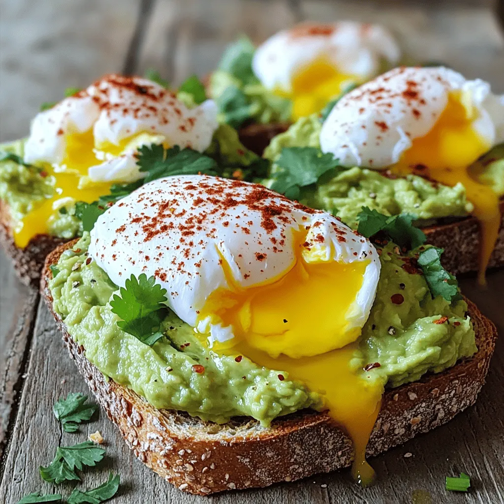 - 2 ripe avocados - 4 slices of whole-grain bread - 4 large eggs - 1 tablespoon white vinegar - 1 tablespoon olive oil - Salt and pepper to taste - 1 teaspoon red pepper flakes (optional) - Fresh cilantro or parsley for garnish To make savory avocado toast with poached egg, gather these ingredients first. Choose ripe avocados, as they provide the best flavor. Fresh cilantro or parsley adds a burst of color and taste. Use whole-grain bread for a hearty base. Eggs are essential for the poached topping. White vinegar helps the eggs hold their shape while poaching. Olive oil enhances the avocado’s creaminess and flavor. Add salt and pepper to taste for seasoning. If you like a bit of heat, sprinkle in red pepper flakes. This recipe serves four, making it perfect for brunch or a quick meal. Check the full recipe for more details on preparation! To toast the bread, you have two easy methods. - Using a toaster: Place the slices in the toaster. Toast them until golden brown and crispy. - Using a skillet: Heat a skillet over medium heat. Add the slices of bread. Toast each side until they are nicely browned. Both methods work well, but using a skillet gives a rustic flavor. Now, let’s prepare the avocado. - Mashing technique: Cut the avocados in half and remove the pit. Scoop the flesh into a bowl. Use a fork to mash the avocado. You can make it smooth or keep it chunky, based on your taste. - Flavor enhancements: Add olive oil, salt, and pepper to the mashed avocado. Mix everything well. This step enhances the taste and makes it creamy. Next, it’s time to poach the eggs. - Importance of vinegar: Add a tablespoon of white vinegar to a pot of gently simmering water. This helps the egg whites stay together while cooking. - Timing for perfect yolks: Crack each egg into a small bowl first. Then, gently slide each egg into the water. You want to poach them for about 3-4 minutes. The whites should be set, while the yolks remain runny. Now, let’s put it all together. - Layering the ingredients: Take the toasted bread and spread the mashed avocado evenly on top. Use a generous amount for each slice. - Optimal egg placement: Remove the poached eggs with a slotted spoon. Place one egg on each slice of avocado toast. The final touches make your dish pop. - Suggested seasonings: Sprinkle red pepper flakes on top if you want some heat. Add extra salt and pepper to taste. - Presentation tips: For a lovely look, garnish with fresh cilantro or parsley. This adds flavor and a burst of color to your dish. You can find the full recipe [here](#). - Choosing ripe avocados: Look for avocados that feel slightly soft when you press them. They should not be too mushy. A ripe avocado will have a dark green or black skin. You can check the stem; if it pops off easily and reveals green underneath, it's ready to eat. - Avoiding browning: To keep your avocado fresh, squeeze lemon juice over the mashed avocado. This slows down browning. You can also store any leftover avocado in an airtight container. Press plastic wrap directly onto the surface to block air. - No-fail methods for poaching: Use fresh eggs for the best results. Start with a pot of simmering water and add one tablespoon of vinegar. This helps the egg whites set quickly. Crack the egg into a small bowl first. This makes it easier to slide into the water gently. - Common pitfalls to avoid: Don't let the water boil. Boiling water can break the egg apart. If you see a lot of bubbles, reduce the heat. Also, avoid adding too many eggs at once. This can make it hard for them to cook evenly. - Complementary beverages: Pair your avocado toast with fresh juice or herbal tea. A light coffee can also work well. These drinks enhance the meal without overpowering the flavors. - Pairing with sides: Serve your toast with a simple side salad or fresh fruit. Sliced tomatoes or a handful of berries add color and nutrition. A few crispy bacon strips can also add a savory touch. {{image_2}} You can have fun with different toppings on your avocado toast. Here are two tasty ideas: - Adding tomatoes and feta: Fresh tomatoes add a juicy burst. Crumbled feta cheese gives a salty kick. Simply slice the tomatoes thinly and sprinkle feta on top after adding your poached egg. - Incorporating smoked salmon: This adds a rich flavor. Use thin slices of smoked salmon right over the avocado. It pairs well with the creamy texture and adds a touch of elegance. If you follow a special diet, there are easy swaps you can make: - Gluten-free bread options: You can choose gluten-free bread for your toast. Look for brands that offer whole-grain options. This keeps it healthy and tasty. - Vegan alternatives: For a vegan twist, skip the egg and use chickpea flour instead. Mix chickpea flour with water to form a batter and cook it like a pancake. This gives you a protein-rich topping. Spice up your avocado toast with these flavor boosters: - Spices and herbs to try: Adding spices like cumin or smoked paprika can enhance the taste. Fresh herbs like basil or dill also work well. Just sprinkle them on top before serving. - Unique ingredients for twists: Think outside the box! Try adding pickled onions for tang or even a drizzle of balsamic glaze for sweetness. These small changes can make your dish stand out. Feel free to explore these variations and make your avocado toast your own! For the complete recipe, check out the [Full Recipe]. To keep your avocado toast fresh, store each part separately. Avocado can turn brown quickly. Use these tips to store it well: - Storing Avocado: Wrap any leftover avocado tightly in plastic wrap. Press the wrap against the flesh to prevent air from getting in. You can also sprinkle lemon juice on it. This helps slow down browning. - Keeping Poached Eggs Fresh: Store poached eggs in a bowl of cold water in the fridge. Cover them tightly with plastic wrap. This keeps them moist and ready to use later. When you're ready to enjoy your leftovers, here's how to reheat: - How to Re-toast Bread: Use a toaster or an oven. If you choose the oven, set it to 350°F (175°C) for about 5 minutes. This will make the bread warm and crispy again. - Options for Warming Eggs: You can warm poached eggs in hot water. Place them in a bowl of hot water for a few minutes. This will gently heat them without cooking them further. These simple steps will help you enjoy your delicious avocado toast with poached egg even later! For the full recipe, check out the earlier section. You can poach eggs without vinegar by using a different method. One way is to create a whirlpool in the water. Boil water and stir it quickly to form a vortex. Crack the egg into a small bowl and gently slide it into the center of the whirlpool. The motion helps the egg white wrap around the yolk. Another method is to use silicone egg poachers. These handy tools let you poach eggs in simmering water without any fuss. Just crack the egg into the poacher and float it in the water. Both methods work well for a perfect poached egg. Yes, you can prepare avocado toast in advance, but with some care. To save time, toast the bread ahead of time and store it in an airtight container. Keep the mashed avocado in a separate container. To prevent browning, add a squeeze of lemon juice to the avocado. When ready to eat, spread the avocado on the toast and top with a freshly poached egg. This keeps everything fresh and tasty. Just remember, the avocado will brown quickly once exposed to air. Whole-grain bread is a great choice for avocado toast. It has a hearty texture and adds fiber. Sourdough is another favorite due to its tangy taste. Rye bread gives a unique flavor, while gluten-free bread works for those with dietary needs. Experiment with different types to find what you like best. Each type brings a new taste and texture to your toast. To keep your avocado fresh, use these techniques. First, store the avocado with its pit in an airtight container. This helps slow browning. Second, add lemon or lime juice to the mashed avocado. The acid in the juice helps keep its bright green color. Finally, cover the surface of the avocado with plastic wrap, pressing it directly onto the mash. This reduces air exposure and keeps it fresh longer. Using these tips, you can enjoy your avocado toast without the worry of browning. This post covered how to make delicious avocado toast with perfectly poached eggs. We discussed ingredient choices, the steps for toasting bread, and mashing avocados. I shared tips for poaching eggs and assembling your toast. Don't forget the fun variations and storage tips for leftovers. Avocado toast is simple yet satisfying. With a few tweaks, you can make it fit your tastes. Enjoy experimenting with toppings and flavors, and share your favorite finds!