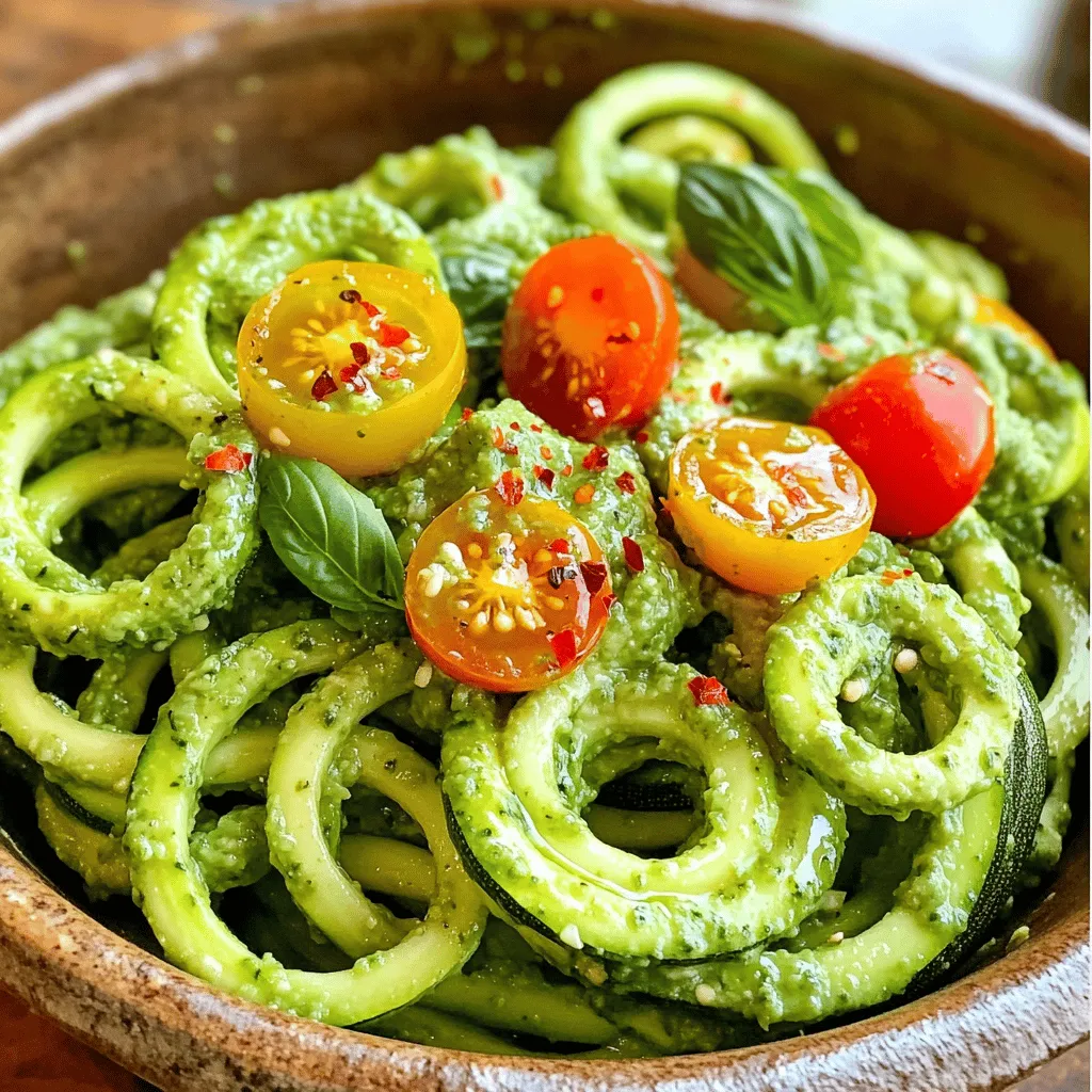 To make zesty zucchini noodles, you need these key items: - 4 medium zucchinis - 1 ripe avocado - 1 cup fresh basil leaves - 2 cloves garlic - 2 tablespoons lemon juice - 1/4 cup pine nuts (or walnuts) - 1/4 cup nutritional yeast (for a cheesy flavor) - Salt and pepper to taste For extra taste, consider adding: - 1 tablespoon olive oil - Cherry tomatoes, halved (for garnish) - Crushed red pepper flakes (for heat) Each ingredient brings unique health benefits: - Zucchini: Low in calories and high in fiber, great for digestion. - Avocado: Packed with healthy fats, good for heart health. - Basil: Full of antioxidants, helps fight inflammation. - Garlic: Boosts the immune system and adds flavor. - Lemon juice: High in vitamin C, supports skin health. - Pine nuts: Provide protein and healthy fats, good for energy. - Nutritional yeast: Rich in B vitamins, great for energy and mood. - Salt and pepper: Enhance flavor, making meals more enjoyable. Using these fresh ingredients makes your zucchini noodles not only tasty but also nutritious. For the full recipe, check out the details above. To start, rinse and dry your zucchinis. Use a spiralizer to make long noodle shapes. If you don’t have one, a vegetable peeler works too. Just slice the zucchini into thin strips. After spiralizing, place the noodles in a colander. This lets excess water drain away, so your dish won’t be soggy. Next, grab a food processor. Add one ripe avocado, fresh basil leaves, and two cloves of garlic. Then, pour in two tablespoons of lemon juice. Toss in a quarter cup of pine nuts or walnuts. Add a quarter cup of nutritional yeast for a cheesy flavor. Season with salt and pepper. Blend until the mixture is smooth. If it feels too thick, add a bit of olive oil or water to loosen it up. Now, take the drained zucchini noodles and place them in a large mixing bowl. Pour the avocado pesto over the noodles. Toss gently until all the noodles are coated. For serving, plate the zoodles in a nice nest shape. Top with halved cherry tomatoes for color, and sprinkle with crushed red pepper flakes for some heat. Optionally, add a drizzle of olive oil for extra flavor. For the full recipe, check the details above! Enjoy your healthy and flavorful meal! To make zucchini noodles, the right cut matters. A spiralizer works best for long, thin strands. If you lack one, try a vegetable peeler. Just peel the zucchini into thin strips. You can also use a knife to slice them into thin ribbons. Aim for even cuts. This helps them cook uniformly if you choose to sauté them. If you have leftover zoodles, store them in a container. Use a paper towel to absorb excess moisture. This keeps them fresh longer. Zucchini noodles can last up to three days in the fridge. When you’re ready to use them, just toss them in a pan for a quick warm-up. To boost flavor, try adding fresh herbs like parsley or cilantro. Toss in some sautéed garlic for a nice kick. A squeeze of lemon can brighten the dish. You can also add protein. Grilled chicken or shrimp pairs well with zoodles. Don't forget to check the full recipe for more inspiration! {{image_2}} Adding protein to your zucchini noodles makes them a full meal. You can use grilled chicken, shrimp, or tofu. These proteins blend well with the fresh taste of zoodles. For a quick option, rotisserie chicken works great. Just shred it and mix it in. If you prefer plant-based options, try chickpeas or lentils. They add texture and protein without meat. Zucchini noodles are versatile and can pair with many sauces. Besides avocado pesto, you can try marinara or a creamy Alfredo. For a spicy kick, add sriracha or chili oil. You can also make a lemon-garlic sauce for a light touch. Each sauce changes the dish’s flavor, so feel free to experiment. Zucchini noodles can shine in salads too. Mix them with cherry tomatoes, cucumbers, and bell peppers for a fresh crunch. Add a simple vinaigrette made of olive oil and vinegar. For extra flavor, toss in herbs like parsley or cilantro. You can also add nuts or seeds for a nice crunch. Serve it cold for a refreshing summer meal. If you want to try a full recipe, check out the Zesty Zucchini Noodles with Avocado Pesto. To store zucchini noodles, first, let them dry. Place the zoodles in a colander to remove excess water. After they dry, pack them in an airtight container. Keep the container in the fridge. Zucchini noodles stay fresh for about 3 days. If you see any water, drain it out. This keeps the noodles crisp and tasty. For avocado pesto, use a jar with a tight lid. Store it in the fridge right after making it. To avoid browning, press plastic wrap against the pesto surface. This helps keep the color and flavor fresh. Use the pesto within 3 days for the best taste. You can freeze zucchini noodles for later meals. First, blanch them in boiling water for about one minute. Next, cool them quickly in ice water. Drain and dry the zoodles. Then, pack them in freezer-safe bags. Remove as much air as possible. Frozen zoodles are good for up to 3 months. When you’re ready to use them, thaw in the fridge overnight or cook directly from frozen. Enjoy your healthy zucchini noodles whenever you want! For the full recipe, check out the details in the previous sections. Zucchini noodles, or zoodles, are made from fresh zucchini. They look like pasta but are much lighter. You can eat them raw or cooked. They are a great alternative to traditional pasta. This makes them perfect for a healthier meal. You can enjoy the same flavors with fewer carbs. Zucchini noodles can last about 3 to 5 days in the fridge. Keep them in an airtight container. If you see moisture, try to drain it before storing. This helps them stay fresh longer. If they start to get slimy, it’s time to toss them out. You can certainly cook zucchini noodles! They work well in many dishes. Lightly sauté them for 2-3 minutes to warm them up. Avoid overcooking, or they may become mushy. You can serve them with sauces, like in the Full Recipe for zesty zucchini noodles with avocado pesto. Enjoy experimenting with different flavors! Zucchini noodles, or zoodles, offer a tasty, healthy twist to meals. We explored their key ingredients, from essential to optional, and learned about their nutrition. The step-by-step guide made it easy to prepare zoodles and avocado pesto. We shared tips on cutting, storing, and enhancing flavors. Variations let you customize for any meal. Lastly, proper storage keeps your zoodles fresh. Enjoy your cooking adventure with zoodles, and remember, there's a lot you can create with them!