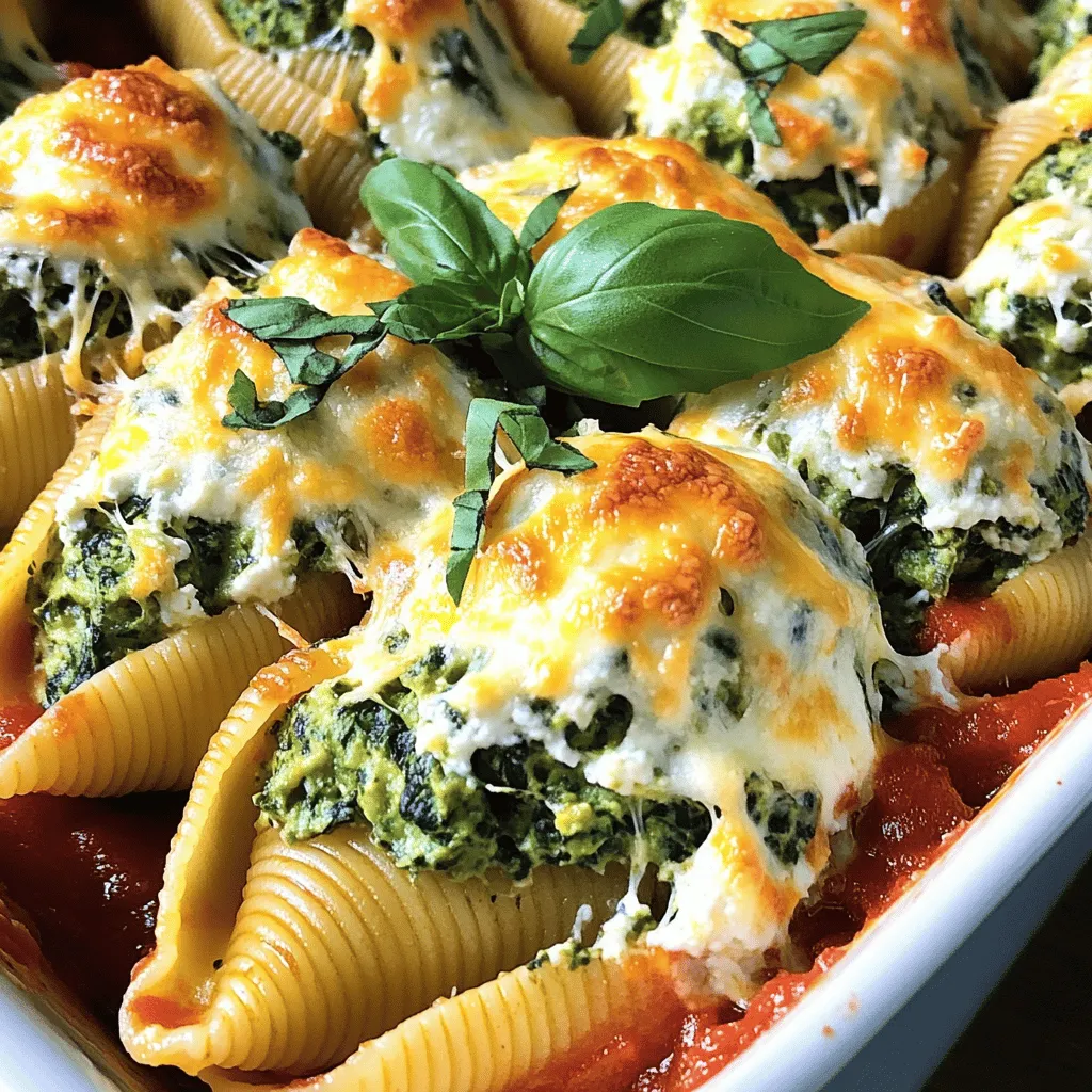 - 12 jumbo pasta shells - 2 cups fresh spinach, chopped - 1 cup ricotta cheese - 1 cup mozzarella cheese, shredded - 1/2 cup Parmesan cheese, grated - 1 egg, beaten - 1 teaspoon garlic powder - 1 teaspoon onion powder - Salt and pepper to taste - 2 cups marinara sauce - Fresh basil leaves for garnish You can switch out the cheeses for different flavors. Try goat cheese for a tangy bite or blend in some feta for a salty twist. For a lighter option, use low-fat ricotta. If you need gluten-free pasta, look for brands that offer gluten-free shells made from rice or corn. When choosing spinach, look for vibrant green leaves. Avoid any yellowing or wilting. Fresh spinach can be found at farmers' markets or grocery stores. For ricotta and mozzarella, buy from local dairies if possible. Their freshness makes a big difference in taste. Supermarkets usually have good options too, so check the deli section for the best quality. First, let’s prepare the pasta shells. Cook 12 jumbo pasta shells according to the package. You want them al dente, so don’t overcook them. Drain and set them aside to cool. This step is key to keep them from breaking later. Next, mix the stuffing ingredients. In a large bowl, combine 2 cups of chopped spinach, 1 cup of ricotta cheese, half of the mozzarella cheese, 1/2 cup of Parmesan cheese, and 1 beaten egg. Add 1 teaspoon of garlic powder, 1 teaspoon of onion powder, and salt and pepper to taste. Mix everything well. You want a creamy and smooth texture for the filling. Now, let’s layer in the baking dish. Spread 1 cup of marinara sauce on the bottom of a 9x13 inch baking dish. Then, take each stuffed shell and fill it with the spinach and cheese mixture. Place them open side up in the dish. After that, pour the remaining marinara sauce over the shells. Ensure they are well covered. This keeps the shells moist during cooking. Finally, sprinkle the remaining mozzarella cheese on top. You will bake these shells at 375°F (190°C). Cover the dish with foil and bake for 25 minutes. After that, remove the foil and bake for an additional 10 minutes. You want the cheese to be bubbly and golden. To check if your dish is done, look for bubbly cheese and a golden top. If it looks good, it is ready! For presentation, let the shells cool for a few minutes. Garnish with fresh basil leaves to add a pop of color. This makes your dish inviting and tasty. For the full recipe, refer to the earlier section. Enjoy your tasty dinner delight! - Avoiding overcooked shells: Boil the jumbo pasta shells for just 9 minutes. They should be firm when you take them out. This helps keep them from getting mushy in the oven. - Ensuring a creamy stuffing texture: Use fresh ricotta cheese for a smooth filling. Mix it well with the spinach and other cheeses until it's creamy and even. A good mix means every bite will taste great. - Under seasonings and their impact: Don’t skip the salt and pepper. They bring out the flavors of the cheeses and spinach. A pinch of salt can make a big difference in taste. - How to ensure sauce coverage: Pour enough marinara sauce over the shells. This keeps them moist while cooking. The sauce should cover the pasta completely. This helps the dish stay juicy and flavorful. - Pairing with side dishes: Pair your stuffed shells with garlic bread or a fresh salad. These sides balance the meal and add more flavors. A light salad can cool down the meal, while garlic bread adds warmth. - Presentation tips for a perfect dinner: Serve the stuffed shells on a large plate. Spoon extra marinara sauce around the shells. Add fresh basil leaves on top for color. This makes your dish look nice and appetizing. For more details on how to make this dish, check the Full Recipe. {{image_2}} You can change up the filling in your spinach and cheese stuffed shells. If you want meat, try adding cooked chicken or turkey. Just chop it finely before mixing it in. This gives the dish a nice boost of protein and flavor. For a vegetarian option, consider using mushrooms or artichokes. These add great texture and taste without meat. When it comes to sauce, feel free to be creative. A creamy alfredo sauce can add rich flavor. You can also try using pesto for a fresh twist. If you like spice, add a bit of hot sauce to your marinara. This will give the dish a nice kick. You can serve the stuffed shells in different ways. Bake them in a dish for a warm, comforting meal. Just layer the shells with sauce and cheese before baking. Another idea is to make a one-pot meal. Cook the shells in a pot with sauce and cheese for an easy, quick dinner. This method makes cleanup a breeze. For the full recipe, check out the Cheesy Spinach Delight Stuffed Shells. To keep your stuffed shells fresh, place them in an airtight container. This keeps moisture in and prevents the shells from drying out. If you have leftover marinara sauce, store it separately. Stuffed shells can stay in the fridge for up to three days. Just make sure to check for any signs of spoilage before eating. When reheating, you want to keep the cheese melty and the pasta tender. The best way is to use the oven. Preheat it to 350°F (175°C). Cover the dish with foil to help keep moisture in. Bake for about 20 minutes. If you use the microwave, heat in short bursts. Check every minute to avoid drying out the shells. If you want to freeze your stuffed shells, follow these steps: 1. Allow the shells to cool completely. 2. Place them in a single layer on a baking sheet and freeze for 1-2 hours. This prevents them from sticking together. 3. Once frozen, pack them in a freezer-safe container or bag. They can last up to three months in the freezer. 4. To thaw, move the shells to the fridge for 24 hours. Reheat them in the oven or microwave as mentioned above. These tips help ensure you enjoy your Spinach and Cheese Stuffed Shells at their best! For the full details on making this delightful dish, check out the Full Recipe. You can swap ricotta cheese for several options. Cottage cheese is a great choice. It offers a similar texture and flavor. For a dairy-free option, try tofu blended until smooth. You can also use cream cheese. Just soften it first to blend well. These options fit different diets, so you can enjoy stuffed shells no matter your needs. Yes, you can prepare these stuffed shells ahead of time. Make the filling and fill the shells. Place them in your baking dish and cover with sauce. You can store them in the fridge for up to 24 hours. If you want to freeze them, wrap them well in plastic. They can last for about three months. Just remember to thaw them overnight in the fridge before baking. To make this dish gluten-free, choose gluten-free jumbo pasta shells. Many brands offer tasty alternatives. You can also use zucchini or eggplant slices for a low-carb option. Make sure your marinara sauce is gluten-free too. Always check the labels to ensure no hidden gluten is present. Absolutely! Freezing stuffed shells is easy. First, bake them as directed in the recipe. Let them cool completely, then cover them tightly with foil or plastic wrap. They can be frozen for up to three months. When ready to eat, thaw in the fridge overnight. Bake them at 350°F (175°C) until heated through. Enjoy this tasty dinner delight anytime! This blog post covered how to make delicious spinach and cheese stuffed shells. We discussed key ingredients, prep steps, and tips for success. Remember to pick fresh veggies and avoid overcooking your pasta. Explore ingredient swaps to customize your dish and use proper storage techniques to keep leftovers fresh. With these insights, you can impress everyone at your table. Dive into this recipe and enjoy a tasty meal that’s fun to prepare!