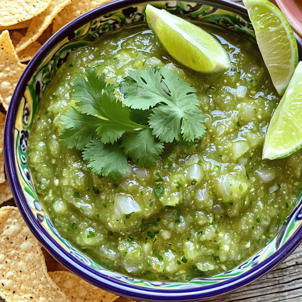 To make this tasty salsa verde, you need a few fresh ingredients. Here’s what you will need: - 10 tomatillos, husked and rinsed - 1 small onion, quartered - 2 cloves garlic, peeled - 1-2 jalapeño peppers, stems removed (adjust for spice level) - 1 cup fresh cilantro, packed - 1 lime, juiced - Salt to taste - 1 tablespoon olive oil (optional) Tomatillos are the star of this dish. They give a bright and tangy flavor. The onion and garlic add depth. Jalapeños bring heat, but you can adjust them to your taste. Fresh cilantro gives it a fresh bite, while lime juice adds zing. Salt makes everything pop. Olive oil is optional but adds richness. Want to mix it up a bit? Here are some optional ingredients to consider: - Avocado for creaminess - A pinch of cumin for warmth - A handful of fresh mint for a unique twist - Roasted peppers for a smoky flavor Adding these can change your salsa verde. Use what you like or have on hand. Each addition brings a new taste to your table. If you can’t find tomatillos, use green tomatoes or even green bell peppers. For garlic, onion powder or shallots can work in a pinch. If you dislike cilantro, try parsley or basil instead. Lime juice can be swapped with lemon juice for a different tang. Don’t let missing ingredients stop you; be creative! For the full recipe, check out the detailed instructions to whip up this zesty delight. To make quick and easy salsa verde, you need to gather your ingredients first. The main star is tomatillos. They give the salsa its zesty green flavor. You'll also need onion, garlic, jalapeños, cilantro, lime, salt, and olive oil if you like. 1. Start by boiling water in a medium pot over high heat. 2. Once the water is boiling, add the husked tomatillos. Cook them for 5-7 minutes. They should become soft and their skin will wrinkle a bit. 3. While the tomatillos cook, prepare the rest of your ingredients. Quarter the onion and peel the garlic. Remove the stems from the jalapeños. 4. After the tomatillos are ready, drain them and let them cool slightly. 5. In a blender, combine the softened tomatillos, onion, garlic, jalapeños, and packed cilantro. Blend until the mix is smooth. After blending, squeeze in the fresh lime juice. Add salt to taste. If you want a richer flavor, blend in a tablespoon of olive oil. Taste the salsa and adjust the seasoning if needed. If you want it cooler, add more lime juice. Finally, transfer your salsa verde to a bowl. Chill it in the fridge for about 15 minutes. This step helps the flavors come together beautifully. Enjoy your salsa with chips or tacos! You can find the full recipe in the article. To make the best salsa verde, use fresh tomatillos. Choose ones that are firm and bright green. If they feel soft, they may be overripe. When blending, start with the tomatillos and add onion and garlic next. This helps create a smooth blend. Always taste the salsa before serving. Adjust the salt and lime juice to fit your taste. A little balance can make a big difference! This salsa verde shines with many foods. You can serve it with tortilla chips for a tasty snack. It also goes well with grilled meats, like chicken or pork. Try drizzling it over tacos or burritos for extra flavor. You can even add it to eggs for a zesty breakfast. The fresh taste brightens up any dish. To boost the flavor, let the salsa sit in the fridge for about 15 minutes. This step allows the flavors to mix well. If you want more heat, add a jalapeño while blending. For a smoky flavor, try roasting the tomatillos first. Adding a pinch of sugar can balance out the acidity, too. Remember, experimentation is key to finding your favorite blend! {{image_2}} If you love heat, try adding more jalapeños. Use two or three peppers for a kick. You can also add a serrano pepper for an extra layer of spice. Another great option is to toss in a pinch of cayenne pepper. This will add warmth without changing the flavor. For a low-carb version, skip the olive oil. You can also serve salsa verde with fresh veggies instead of chips. Celery sticks, cucumber slices, or bell pepper strips make great dippers. This keeps your dish light and fresh while still being full of flavor. Want to mix it up? Add fruit like mango or pineapple for a sweet twist. These fruits balance the heat and give a nice contrast. You can also try herbs like mint or parsley for a different taste. Each of these ideas can make your salsa verde unique and exciting. For the full recipe, check out Zesty Green Magic Salsa Verde. To keep your salsa verde fresh, store it in an airtight container. Glass jars work well. Make sure the lid is tight to keep out air. Place it in the fridge right after making it. This way, it stays tasty for longer. If you want to save salsa verde for later, freezing is a great option. Pour it into freezer-safe bags or containers. Leave some space at the top, as it will expand when frozen. Salsa verde can last up to three months in the freezer. When you want to use it, thaw it in the fridge overnight. Salsa verde will last about one week in the fridge. Look for signs of spoilage, like changes in color or a bad smell. If it looks dry or has mold, toss it. Always trust your nose and eyes. Keeping salsa verde fresh ensures you enjoy that burst of flavor every time! For the full recipe, check out Zesty Green Magic Salsa Verde. Yes, you can make salsa verde ahead of time. It actually tastes better after sitting for a while. This allows the flavors to blend nicely. Store it in an airtight container in the fridge. It will stay fresh for about a week. If you want to prep for a party, this is a great option. I often make a batch the day before. It saves time and makes serving easy. Salsa verde can be spicy, but you control the heat. Jalapeños add heat, so use one for mild salsa. If you want more spice, add two peppers. For less heat, remove the seeds and membranes from the jalapeños. You can also swap in a milder pepper, like a poblano. Taste as you go to find your perfect balance. This way, you make it just right for your taste buds. Salsa verde is very versatile. You can enjoy it with tortilla chips for a snack. It also makes a great topping for grilled meats like chicken or fish. Use it on tacos, enchiladas, or quesadillas for extra flavor. I love to drizzle it over roasted vegetables too. The zesty taste adds a fresh kick. Get creative and try it with your favorite dishes! Check out the Full Recipe for more ideas. In this post, we explored how to make quick and easy salsa verde. We covered key ingredients, along with options to change the flavor. I shared step-by-step instructions and tips for perfecting your salsa. You learned variations for spice levels and healthy swaps. Lastly, we discussed how to store salsa verde and answered common questions. Now, you can enjoy your salsa verde, tailored to your taste. Happy cooking!