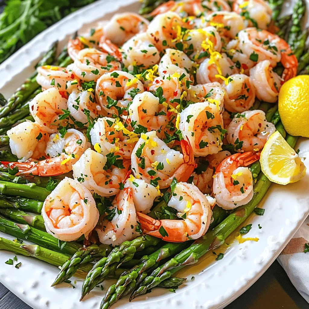 To make this dish, you need a few key ingredients. They are: - 1 lb (450g) large shrimp, peeled and deveined - 1 bunch asparagus, trimmed and cut into 2-inch pieces - 4 cloves garlic, minced - 2 tablespoons olive oil - 2 tablespoons lemon juice - 1 teaspoon lemon zest - 1 teaspoon red pepper flakes (adjust to taste) - Salt and pepper to taste - Fresh parsley, chopped (for garnish) These ingredients create a bright and tasty meal. You can add more flavor with these optional ingredients: - Lemon slices for extra zing - A pinch of paprika for a smoky note - Parmesan cheese for a creamy touch - A splash of white wine for depth These options can help you customize the dish to your liking. If you need to swap ingredients, here are some ideas: - Substitute shrimp with chicken or tofu for a different protein. - Use green beans instead of asparagus for a crunchy option. - Swap olive oil with avocado oil for a higher smoke point. - Fresh garlic can be replaced with garlic powder, but use less. These substitutions can help you make this recipe your own. For the complete cooking guide, check out the Full Recipe. Start by rinsing the shrimp under cold water. Use a paper towel to pat them dry. Next, take the asparagus and trim the tough ends. Cut the asparagus into 2-inch pieces. You want them to cook evenly. Grab a large skillet and heat it over medium heat. Add 1 tablespoon of olive oil. Once the oil is hot, toss in the asparagus pieces. Sauté them for about 3 to 4 minutes. They should look bright green and be tender-crisp. Season with salt and pepper, then remove the asparagus from the skillet and set it aside. In the same skillet, add the remaining tablespoon of olive oil. Toss in the minced garlic and red pepper flakes. Sauté for about 30 seconds until the garlic smells great. Be careful not to burn it. Next, add the shrimp to the skillet in a single layer. Cook for 2 to 3 minutes on one side. Flip them over and cook for another 2 to 3 minutes. The shrimp should turn pink and opaque when done. Once the shrimp is cooked, add the asparagus back to the skillet. Drizzle the lemon juice over the mixture. Also, sprinkle the lemon zest on top. Stir gently to mix everything well. Heat through for another minute. Taste the dish and adjust the seasoning if needed. You can add more salt, pepper, or lemon juice. For a nice presentation, serve the shrimp and asparagus on a large white platter. Garnish with fresh parsley. You can also add an extra squeeze of lemon on the side for more flavor. Check out the Full Recipe for more details! To get the best garlic taste, use fresh garlic. Fresh garlic gives a strong and tasty flavor. Mince it finely to release more oils. Add it to the pan only for a short time. Sauté it for about 30 seconds. This keeps it from burning and turning bitter. If you love garlic, feel free to add more! When picking shrimp, fresh is best. Look for shrimp that smell like the sea. They should be firm and not mushy. If you choose frozen shrimp, thaw them in cold water. This keeps them juicy and tender. Large shrimp work well, but you can use any size. Just adjust the cooking time slightly. Cooking shrimp too long makes them tough. Cook them for about 2-3 minutes on each side. They should turn pink and opaque when done. Asparagus should be bright green and tender-crisp. This takes about 3-4 minutes on medium heat. Keep an eye on both ingredients to ensure they cook just right. Perfect timing makes the dish shine! For the complete cooking process, check the Full Recipe for detailed steps. {{image_2}} You can easily add pasta to this dish. Cook your favorite pasta, like spaghetti or fettuccine. Toss the cooked pasta with the shrimp and asparagus mixture. This adds a nice base and makes the meal more filling. Use a bit of the pasta water to help the sauce cling to the noodles. The flavors blend well, creating a rich and tasty dinner. To give this dish a Mediterranean flair, include olives and sun-dried tomatoes. Use Kalamata olives for a briny kick. Chop them and add them to the skillet with the shrimp. Sun-dried tomatoes add a sweet and tangy taste. You might also sprinkle in some feta cheese for creaminess. This twist brings a burst of flavor and makes the dish even more exciting! For those who love heat, make a spicy version! Add more red pepper flakes or even some diced jalapeños. You can also mix in a splash of hot sauce for extra zing. Serve it with a squeeze of lime for a bright finish. This spicy take will please those who enjoy bold flavors. Just adjust the heat to your liking! After enjoying your Lemon Garlic Shrimp and Asparagus, you might have some leftovers. Store them in an airtight container. Make sure to let the dish cool to room temperature first. This helps keep the shrimp and asparagus fresh. You can store leftovers in the fridge for up to three days. When you're ready to eat your leftovers, reheating is key. For the best taste, use a skillet. Heat it over medium heat and add a splash of water or broth. This helps keep the shrimp from drying out. Stir gently for about five minutes or until everything warms through. You can also use a microwave, but be careful not to overcook the shrimp. If you want to save your meal for later, freezing works too! Place the cooled shrimp and asparagus in a freezer-safe bag. Try to remove as much air as possible before sealing. You can freeze this dish for up to three months. When you're ready to enjoy it, thaw it overnight in the fridge before reheating. Yes, you can use frozen shrimp. Just thaw them first before cooking. Place the shrimp in a bowl of cold water for about 15 minutes. This quick thawing keeps the shrimp fresh. Make sure to pat them dry before adding them to the pan. This helps them cook evenly. To make Lemon Garlic Shrimp and Asparagus more filling, add a side of rice or quinoa. You can also toss in some cooked pasta. Another great option is to serve it with crusty bread. These options add more volume and complement the dish well. This dish pairs well with a light salad or garlic bread. A simple green salad adds freshness. Garlic bread offers a nice crunch and helps soak up the sauce. You can also serve it with mashed potatoes for a comforting touch. You can find the Full Recipe for Lemon Garlic Shrimp and Asparagus at the beginning of this article. It includes all the steps and tips you need for a perfect meal. This blog post gave you a full view of making lemon garlic shrimp and asparagus. You learned about the main and optional ingredients, plus substitutions. Then, I walked you through each cooking step for great results. Tips helped enhance the flavors, while variations offered fun ideas. You also discovered storage and reheating info, along with answers to common questions. Now, you can easily make this dish at home. Enjoy the tasty flavors and share your cooking journey!