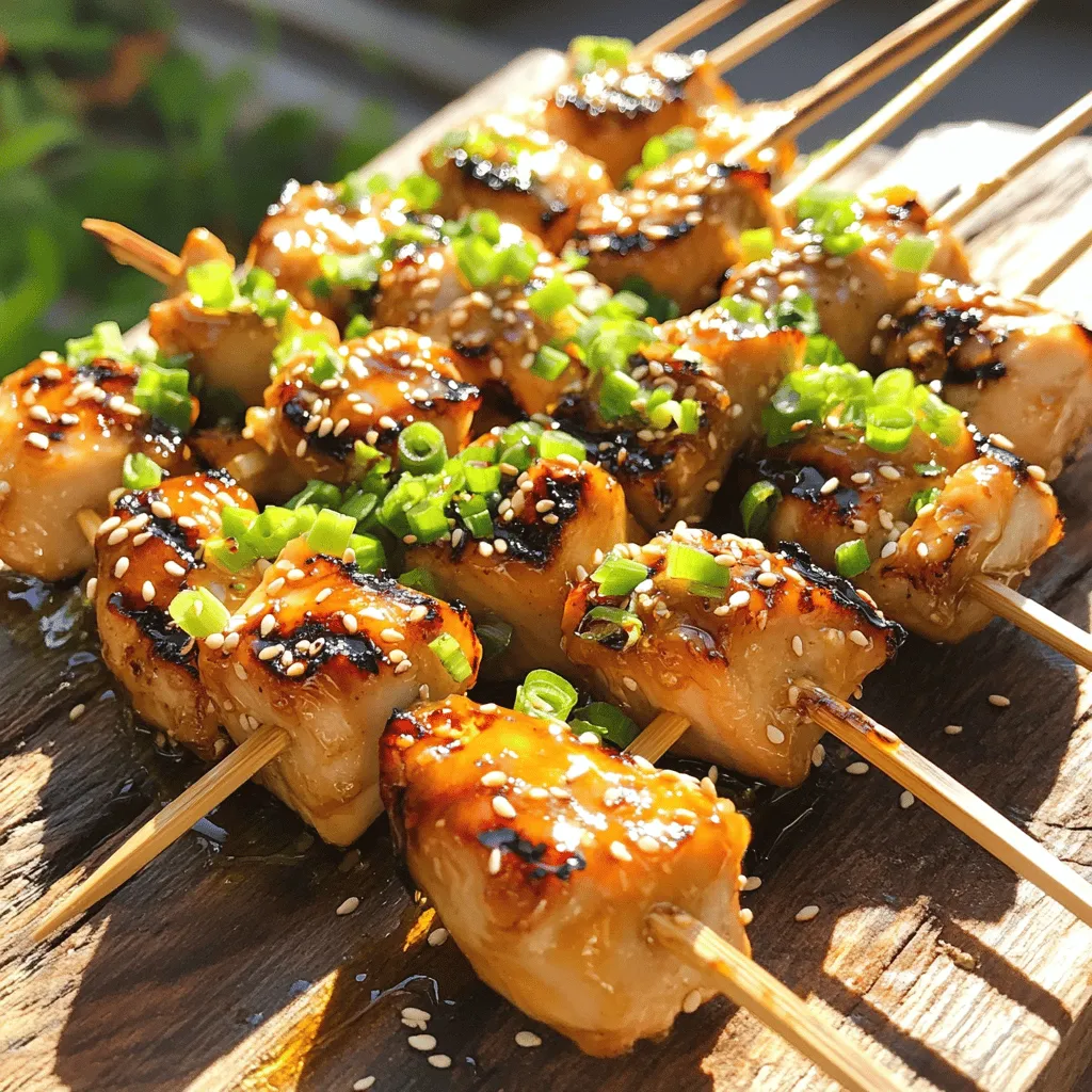 - 1 lb (450g) chicken breast - 3 tablespoons honey - 3 tablespoons soy sauce - 2 tablespoons fresh garlic - 1 tablespoon olive oil - Optional toppings: chopped green onions, sesame seeds To make Honey Garlic Chicken Skewers, you need a few simple yet key ingredients. The chicken breast serves as the main protein. It’s juicy and tender when cooked right. Honey gives a sweet touch, balancing the saltiness of soy sauce. Together, they create a delightful flavor. Fresh garlic adds a zesty kick. The olive oil helps keep the chicken moist while it cooks. For added flair, you can top your skewers with chopped green onions or sesame seeds. These optional toppings not only look great but also add extra taste. When you gather these ingredients, you set the stage for a fun and tasty dish. This recipe, which you can find in the Full Recipe section, will guide you step by step. Enjoy the process and get ready for a delicious meal! To start, I mix the marinade. In a big bowl, I combine honey, soy sauce, minced garlic, minced ginger, olive oil, sesame oil, rice vinegar, salt, and pepper. I whisk it until it is smooth. Next, I add the chicken cubes. I make sure each piece is coated well. Cover the bowl and place it in the fridge. I let it marinate for at least 30 minutes. If I have time, I let it sit for up to 2 hours. This helps the flavors soak in. If I use wooden skewers, I soak them in water for about 30 minutes. This step keeps them from burning on the grill. If I go with metal skewers, I just clean them and set them aside. Then, I preheat my grill or grill pan to medium-high heat. This ensures a great sear on the chicken. Now, it’s time to assemble the skewers. I thread the marinated chicken cubes onto the skewers. I leave a little space between each piece for even cooking. Once they are all set, I place the skewers on the preheated grill. I cook them for about 10 to 12 minutes. I turn them occasionally to get nice grill marks. I check the chicken’s internal temperature, making sure it reaches 165°F (75°C). This step is key to ensuring it's safe to eat. For the full recipe, check the section above. To get the best flavor from your Honey Garlic Chicken Skewers, marinate the chicken for at least 30 minutes. If you have more time, aim for 2 hours. This longer marination gives the chicken a deeper taste. Mix honey, soy sauce, garlic, ginger, and a dash of salt. Whisk them well and coat the chicken thoroughly. If you want more sweetness, add a bit more honey. For saltiness, increase the soy sauce a little. Grilling your skewers requires the right heat. Set your grill to medium-high for the best results. This allows the chicken to cook evenly and get nice grill marks. Cook the skewers for about 10 to 12 minutes. Turn them often to prevent burning. Use a meat thermometer to check for doneness. The chicken should reach 165°F (75°C). Serve your Honey Garlic Chicken Skewers in creative ways. Try placing them on a wooden board for a rustic look. You can also garnish with chopped green onions and sesame seeds for added flair. Pair the skewers with a fresh cucumber salad for a nice crunch. Dipping sauce made from the leftover marinade adds more flavor. Just remember to boil the marinade first to ensure safety. {{image_2}} You can swap chicken with shrimp, beef, or even tofu. Shrimp cooks fast and absorbs flavors well. If you choose beef, use tender cuts like sirloin. For a vegetarian option, marinate cubed tofu. The key is to adjust cooking times based on the protein you pick. You can add different spices to change the taste. Try chili flakes for heat or cumin for warmth. Adding citrus flavors like lime or lemon brightens the dish. You can also experiment with various marinades. Think about teriyaki or a spicy peanut sauce for a unique twist. You can serve these skewers as appetizers or a main course. For appetizers, make smaller skewers with fewer pieces of chicken. For a main dish, use larger skewers and pair them with rice or salad. Arranging skewers in fun patterns can impress guests at parties. Use a wooden board or slate to make the presentation pop. For the full recipe, check out the Honey Garlic Chicken Skewers. After grilling, let your chicken skewers cool to room temperature. This helps keep them safe to eat later. Place them in an airtight container. Make sure to refrigerate them within two hours of cooking. The skewers will last in the fridge for about 3 to 4 days. When you want to reheat them, use an oven or a skillet. Heat them at a low temperature. This way, they won’t dry out. Flip them halfway through to warm evenly. If you want to keep your honey garlic chicken skewers longer, freezing is a great option. You can freeze them before or after cooking. To freeze marinated chicken skewers, place them in a freezer bag. Squeeze out as much air as possible before sealing. They can stay fresh in the freezer for up to three months. When you are ready to use them, thaw them in the fridge overnight. This ensures they defrost safely and taste great. For best results, cook them right after thawing for juicy, flavorful skewers. You should marinate chicken for at least 30 minutes. This time allows the flavors to soak in. For the best taste, I recommend marinating for up to 2 hours. This longer time helps the chicken become more tender and flavorful. Just remember not to go over 2 hours; the acid can break down the meat too much. Yes, you can bake Honey Garlic Chicken Skewers. Baking is a great option if you don't have a grill. To bake, preheat your oven to 400°F (200°C). Place the skewers on a baking sheet lined with parchment paper. Bake for about 15-20 minutes, flipping halfway. However, grilling gives the skewers a nice char and smoky flavor. So, if you can grill, I suggest you do! You can serve many sides with these skewers. Some popular options include: - Steamed rice or jasmine rice - Fresh cucumber salad - Grilled vegetables like bell peppers and zucchini - A crisp green salad with light dressing - Noodles tossed in soy sauce These sides will balance the sweet and savory flavors of the chicken. For a complete meal, consider adding a dipping sauce made from the leftover marinade, boiled for safety. For the full recipe, check out the details provided earlier! This article shared how to make delicious Honey Garlic Chicken Skewers. We covered the main ingredients, including chicken, honey, and soy sauce. I provided step-by-step instructions for marinating and grilling to get juicy, tender skewers. You can enhance flavors with spices and serve your skewers in fun ways. Remember to store leftovers properly for later enjoyment. With this guide, you can create tasty meals that impress your friends and family. Enjoy your cooking adventure!