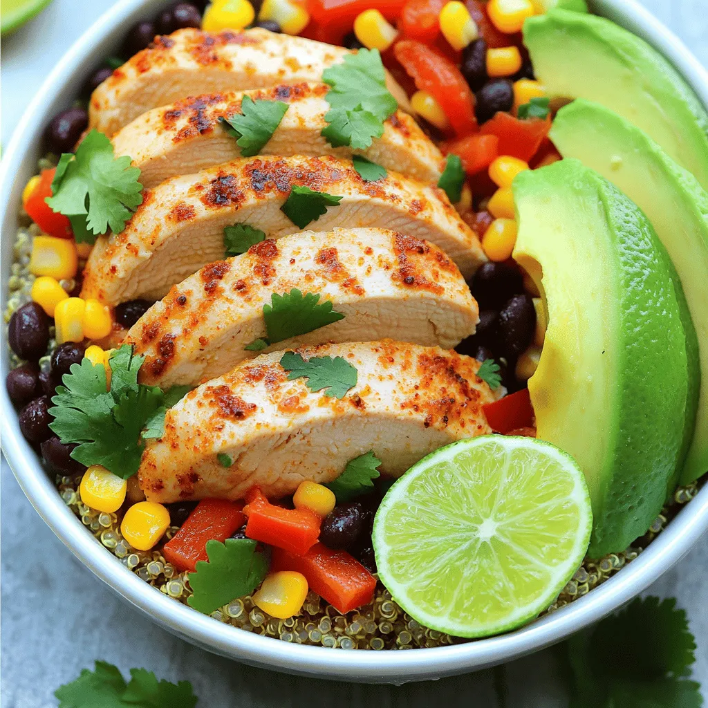 For these delicious bowls, you need fresh and vibrant ingredients. Here is what you will use: - 2 large chicken breasts, boneless and skinless - 1 cup quinoa, rinsed - 2 cups chicken broth (or vegetable broth) - 1 can black beans, drained and rinsed - 1 cup corn (fresh or frozen) - 1 red bell pepper, diced - 1 avocado, sliced - Fresh cilantro, chopped (for garnish) - Lime wedges (for serving) These main ingredients create a tasty base for your meal. The chicken brings protein, while the quinoa serves as a healthy grain. The right spices make all the difference. Here are the key spices you will need: - 2 tablespoons chili powder - 1 teaspoon cumin - 1 teaspoon garlic powder - 1 teaspoon onion powder - Salt and pepper to taste - 3 tablespoons olive oil These spices add depth and flavor to your chicken. They turn a simple dish into something special. Want to take your bowls to the next level? Consider these tasty toppings: - Diced tomatoes - Sliced jalapeños for heat - Crumbled feta cheese - Sour cream or Greek yogurt Adding these optional toppings can enhance each bite. Feel free to mix and match them based on your taste! For the complete recipe, check out the Full Recipe. First, mix the spices. In a small bowl, combine the chili powder, cumin, garlic powder, onion powder, salt, and pepper. This mix gives the chicken great flavor. Rub the spice mix all over the chicken breasts. Make sure every part gets coated. Next, heat 2 tablespoons of olive oil in a large skillet over medium heat. Add the chicken breasts to the pan. Cook for about 7-8 minutes on each side. You want them to be fully cooked. They should no longer be pink inside. Once done, take them out and let them rest for 5 minutes before slicing. While the chicken rests, it's time for the quinoa. Rinse 1 cup of quinoa under cold water. This step removes any bitter taste. In a medium saucepan, combine the rinsed quinoa with 2 cups of chicken broth. Bring this mix to a boil over medium-high heat. Once it boils, reduce the heat to low. Cover the pan and let it simmer for about 15 minutes. You’ll know it's ready when the liquid is absorbed. After cooking, remove it from heat and let it sit covered for 5 minutes. Finally, fluff the quinoa with a fork to make it light and fluffy. Now, let’s sauté the veggies. In the same skillet where you cooked the chicken, add 1 tablespoon of olive oil. Heat it over medium. Toss in the diced red bell pepper, corn, and black beans. Sauté for about 5-7 minutes. You want the veggies to be heated through and the peppers to soften slightly. Now you are ready to build your delicious bowls! Just follow the Full Recipe for the final touches. To cook chicken breast just right, start with even pieces. This helps them cook evenly. Use a meat mallet to pound them to a uniform thickness. Season with the spice mix before cooking. Heat a skillet over medium heat and add olive oil. Place the chicken in the pan and leave it alone for about 7-8 minutes. Flip the chicken and repeat. Use a meat thermometer to check for doneness. It should reach 165°F. Let the chicken rest for five minutes before slicing. This keeps it juicy. Cooking quinoa is simple. You can use water or broth for flavor. Rinse the quinoa first to remove the bitterness. For a nutty taste, toast the quinoa in a dry pan before cooking. Use a 1:2 ratio of quinoa to liquid. Bring it to a boil, then reduce heat to low. Cover and simmer for about 15 minutes. If you want extra flavor, add herbs or spices to the cooking liquid. You can also mix in veggies like peas or chopped spinach while it cooks. You can easily boost the flavor of your bowls. Add fresh herbs like cilantro or parsley. For heat, toss in some jalapeños or chili flakes. Swap lime juice for lemon juice if you prefer. Use different proteins, like shrimp or tofu, in place of chicken. For added crunch, sprinkle toasted nuts or seeds on top. If you want a creamier texture, add Greek yogurt or a dollop of sour cream. These simple changes can make your meal even more exciting. For the full recipe, check out the complete guide to Chili Lime Chicken Bowls. {{image_2}} You can make a great vegetarian version of these bowls. Instead of chicken, use grilled tofu or tempeh. Both options soak up flavors well. Just marinate them in lime juice and spices. This gives them a tasty kick. You can also add more veggies. Try zucchini, mushrooms, or bell peppers. They add color and crunch to your dish. If you want other protein options, consider shrimp or fish. Cook shrimp in lime juice and spices for a fresh twist. For fish, white fish like tilapia or cod works well. Just grill or bake it with the same seasoning. You can also use beans. Besides black beans, try chickpeas or pinto beans. They add protein and fiber, making your meal hearty. You can change the flavor profile easily. For a smoky taste, add smoked paprika to your spice mix. If you like heat, add cayenne pepper or jalapeños. You can also switch up the herbs. Instead of cilantro, use parsley or basil for a different taste. Lastly, experiment with toppings. Add salsa, sour cream, or cheese for extra flavor. These changes keep your bowls exciting and full of surprises. For the full recipe, check out [Full Recipe]. To keep your Chili Lime Chicken Bowls fresh, store leftovers in an airtight container. Make sure the chicken and quinoa cool completely before sealing the container. This helps prevent moisture buildup. You can keep them in the fridge for 3 to 4 days. When you are ready to enjoy your leftovers, reheat them in the microwave or on the stove. For the microwave, place the bowl in for 1 to 2 minutes. Stir halfway through to heat evenly. If you prefer the stove, use a skillet on low heat. Add a splash of water or broth to keep everything moist. Cook until heated through. If you want to save some for later, freezing works great! Pack the chicken, quinoa, and veggies in freezer-safe bags or containers. Remove as much air as possible to prevent freezer burn. You can freeze them for up to 3 months. When ready to eat, thaw in the fridge overnight. Reheat as mentioned above for a tasty meal. For the full recipe, check the recipe section above! To season chicken for the bowl, use a mix of spices. I like to combine chili powder, cumin, garlic powder, and onion powder. This mix gives the chicken a great flavor. Don’t forget to add salt and pepper to taste. Rub the spice blend all over the chicken breasts for the best results. Let it sit for a few minutes to absorb the flavors. This way, each bite will be full of taste. Yes, you can use rice instead of quinoa. Both options work well in this dish. Rice may cook faster than quinoa, so adjust your cooking time. Quinoa adds a nutty flavor and extra protein. Rice offers a softer texture. Choose what you like best. Either way, you will enjoy a tasty meal. Chili Lime Chicken Bowls have a mild to medium spice level. The chili powder adds flavor without too much heat. If you want more spice, you can add extra chili powder or even some cayenne pepper. Adjust the spice to fit your taste. Also, lime juice helps balance the heat. Feel free to enjoy it your way. For the full recipe, check out the complete details above! This article covered how to make tasty Chili Lime Chicken Bowls. We explored key ingredients, spices, and optional toppings. You learned step-by-step instructions for cooking chicken, quinoa, and veggies. I also shared helpful tips for perfecting your dish and ways to customize it. Remember, feel free to adjust flavors and try new options. Enjoy creating your own version of these bowls!