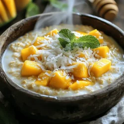 To make creamy coconut mango oatmeal, gather these ingredients: - 1 cup rolled oats - 2 cups coconut milk (or any dairy-free milk) - 1 ripe mango, diced - 1 tablespoon honey or maple syrup (optional) - 1⁄4 cup shredded coconut (toasted for extra flavor) - 1 teaspoon vanilla extract - 1⁄2 teaspoon ground cinnamon - A pinch of salt - Chopped fresh mint (for garnish) You can easily swap ingredients in this recipe. Here are some ideas: - Use almond milk or oat milk instead of coconut milk. - If you don't have mango, any fruit like banana or berries works well. - Try agave nectar in place of honey or maple syrup. - For a nutty flavor, use chopped nuts instead of coconut. This dish is not only tasty but also healthy. Here’s a quick look: - Calories: Approximately 350 per serving - Protein: About 6 grams - Carbohydrates: Roughly 60 grams - Dietary Fiber: Around 8 grams - Sugars: Varies based on fruit and sweeteners used This creamy coconut mango oatmeal is a wholesome choice for breakfast or a snack. It packs nutrients and flavors that please everyone. For the full recipe, check out the earlier section. To make creamy coconut mango oatmeal, start by gathering your ingredients. You will need: - 1 cup rolled oats - 2 cups coconut milk (or any dairy-free milk) - 1 ripe mango, diced - 1 tablespoon honey or maple syrup (optional) - 1⁄4 cup shredded coconut (toasted for extra flavor) - 1 teaspoon vanilla extract - 1⁄2 teaspoon ground cinnamon - A pinch of salt - Chopped fresh mint (for garnish) Measure out everything. This helps keep your cooking smooth and fun. In a medium saucepan, combine the rolled oats, coconut milk, and a pinch of salt. Heat this over medium heat. Keep an eye on it and stir it gently. Cook for about 5 to 7 minutes. You want the oatmeal to be creamy and the oats soft. Once it looks just right, stir in the vanilla extract and ground cinnamon. If you want it sweeter, add honey or maple syrup now. Then, take it off the heat. Mix in the diced mango and toasted coconut, saving some for the top. Spoon the creamy coconut mango oatmeal into bowls. Top each bowl with the rest of the mango and coconut. Add some chopped fresh mint for a pop of color and flavor. This meal is great warm for breakfast or even as a snack. For the full recipe, check the earlier section. Enjoy your tasty creation! To make your oatmeal creamy, use coconut milk. It adds a rich texture. You can also mix in a bit of almond milk for more flavor. Stir the oats often while they cook. This helps release the starch and makes them velvety. If you want extra creaminess, add a small spoon of nut butter, like almond or cashew. It blends well with the coconut taste. To boost flavor, try adding a pinch of salt early in cooking. Salt brings out the sweetness of the mango. Cinnamon adds warmth. You can also add nutmeg for a cozy twist. If you like sweet oats, mix in honey or maple syrup at the end. Fresh mint as a garnish brightens up the dish and adds a refreshing note. Cook oats over medium heat for the best results. High heat can burn the oats and ruin the creaminess. Keep stirring to prevent clumping. For rolled oats, cook for about 5-7 minutes. If you use steel-cut oats, you’ll need more time and water. Always let the oats rest for a minute off the heat. This helps them thicken up. For the full recipe, check the instructions above. {{image_2}} You can change the fruit based on the season. In summer, use fresh berries like strawberries or blueberries. In fall, diced apples or pears pair well with cinnamon. In winter, add sliced bananas for a sweet touch. Each fruit brings a new flavor and keeps your oatmeal fun. If you want to cut sugar, skip the honey or maple syrup. You can also use unsweetened coconut milk for less sugar. For extra protein, add nuts or seeds. If you need gluten-free oats, make sure to check the label. Always look for certified gluten-free oats to be safe. This recipe is easy to make vegan. Just use dairy-free milk, like almond or oat milk. For a gluten-free version, ensure your oats are certified gluten-free. You can swap honey for maple syrup to keep it vegan and sweet. These small changes make it fit many diets while staying delicious. Remember to check the Full Recipe for all the details you need! To keep your creamy coconut mango oatmeal fresh, place it in an airtight container. You can store it in the fridge for up to three days. If you want to enhance flavor, wait to add mango and coconut until serving. This way, they stay fresh and bright. Reheat your oatmeal in a microwave or on the stove. If using a microwave, heat it in 30-second bursts, stirring between each. On the stove, add a splash of coconut milk or water to help it warm up. Stir it well to bring back the creamy texture. You can freeze your oatmeal for longer storage. Pour it into a freezer-safe container and leave some space at the top. Freeze for up to three months. To thaw, move it to the fridge overnight. Reheat as described above, adding liquid if needed. Enjoy your easy meal anytime! To make oatmeal creamier, use more liquid. Try adding extra coconut milk or water. You can also cook the oats longer. Stir gently while cooking to break down the oats. This helps create a smooth texture. Adding a bit of yogurt can also boost creaminess. Yes, you can use many fruits! Try bananas, berries, or peaches. Each fruit brings its own flavor and sweetness. Just remember to cut the fruit into small pieces. This way, they mix well in your oatmeal. Yes, this recipe is gluten-free. Use rolled oats that are certified gluten-free. Some oats may have gluten due to cross-contamination. Check the label to ensure they are safe for you. This makes it a great option for those with gluten sensitivity. The best toppings for oatmeal include nuts, seeds, or fresh fruit. You can add peanut butter or almond butter for a protein boost. Drizzling honey or maple syrup adds sweetness too. A sprinkle of cinnamon or a dollop of yogurt can enhance the flavor. Try different combinations to find your favorite! For more details on making this delicious dish, refer to the Full Recipe. This blog post covered all you need to make great oatmeal. We explored ingredients, substitutes, and nutritional facts. You learned step-by-step how to prepare, cook, and serve it. We shared tips for creaminess and flavor boosts. You discovered fun variations and learned best practices for storage. Oatmeal is versatile and healthy. You can adapt it to fit your taste and needs. Now, you have the tools to make oatmeal your way! Get cooking and enjoy your delicious creation.