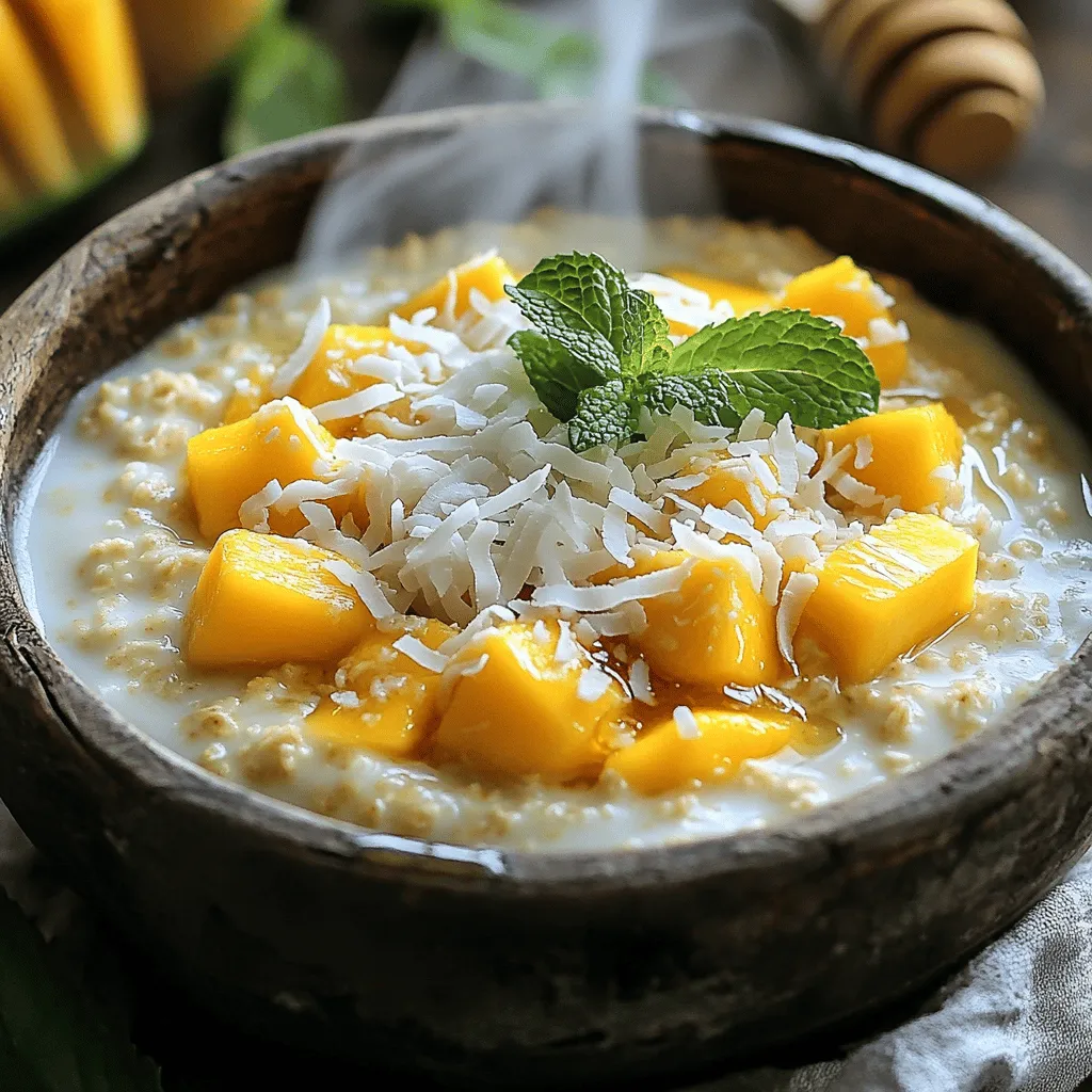 To make creamy coconut mango oatmeal, gather these ingredients: - 1 cup rolled oats - 2 cups coconut milk (or any dairy-free milk) - 1 ripe mango, diced - 1 tablespoon honey or maple syrup (optional) - 1⁄4 cup shredded coconut (toasted for extra flavor) - 1 teaspoon vanilla extract - 1⁄2 teaspoon ground cinnamon - A pinch of salt - Chopped fresh mint (for garnish) You can easily swap ingredients in this recipe. Here are some ideas: - Use almond milk or oat milk instead of coconut milk. - If you don't have mango, any fruit like banana or berries works well. - Try agave nectar in place of honey or maple syrup. - For a nutty flavor, use chopped nuts instead of coconut. This dish is not only tasty but also healthy. Here’s a quick look: - Calories: Approximately 350 per serving - Protein: About 6 grams - Carbohydrates: Roughly 60 grams - Dietary Fiber: Around 8 grams - Sugars: Varies based on fruit and sweeteners used This creamy coconut mango oatmeal is a wholesome choice for breakfast or a snack. It packs nutrients and flavors that please everyone. For the full recipe, check out the earlier section. To make creamy coconut mango oatmeal, start by gathering your ingredients. You will need: - 1 cup rolled oats - 2 cups coconut milk (or any dairy-free milk) - 1 ripe mango, diced - 1 tablespoon honey or maple syrup (optional) - 1⁄4 cup shredded coconut (toasted for extra flavor) - 1 teaspoon vanilla extract - 1⁄2 teaspoon ground cinnamon - A pinch of salt - Chopped fresh mint (for garnish) Measure out everything. This helps keep your cooking smooth and fun. In a medium saucepan, combine the rolled oats, coconut milk, and a pinch of salt. Heat this over medium heat. Keep an eye on it and stir it gently. Cook for about 5 to 7 minutes. You want the oatmeal to be creamy and the oats soft. Once it looks just right, stir in the vanilla extract and ground cinnamon. If you want it sweeter, add honey or maple syrup now. Then, take it off the heat. Mix in the diced mango and toasted coconut, saving some for the top. Spoon the creamy coconut mango oatmeal into bowls. Top each bowl with the rest of the mango and coconut. Add some chopped fresh mint for a pop of color and flavor. This meal is great warm for breakfast or even as a snack. For the full recipe, check the earlier section. Enjoy your tasty creation! To make your oatmeal creamy, use coconut milk. It adds a rich texture. You can also mix in a bit of almond milk for more flavor. Stir the oats often while they cook. This helps release the starch and makes them velvety. If you want extra creaminess, add a small spoon of nut butter, like almond or cashew. It blends well with the coconut taste. To boost flavor, try adding a pinch of salt early in cooking. Salt brings out the sweetness of the mango. Cinnamon adds warmth. You can also add nutmeg for a cozy twist. If you like sweet oats, mix in honey or maple syrup at the end. Fresh mint as a garnish brightens up the dish and adds a refreshing note. Cook oats over medium heat for the best results. High heat can burn the oats and ruin the creaminess. Keep stirring to prevent clumping. For rolled oats, cook for about 5-7 minutes. If you use steel-cut oats, you’ll need more time and water. Always let the oats rest for a minute off the heat. This helps them thicken up. For the full recipe, check the instructions above. {{image_2}} You can change the fruit based on the season. In summer, use fresh berries like strawberries or blueberries. In fall, diced apples or pears pair well with cinnamon. In winter, add sliced bananas for a sweet touch. Each fruit brings a new flavor and keeps your oatmeal fun. If you want to cut sugar, skip the honey or maple syrup. You can also use unsweetened coconut milk for less sugar. For extra protein, add nuts or seeds. If you need gluten-free oats, make sure to check the label. Always look for certified gluten-free oats to be safe. This recipe is easy to make vegan. Just use dairy-free milk, like almond or oat milk. For a gluten-free version, ensure your oats are certified gluten-free. You can swap honey for maple syrup to keep it vegan and sweet. These small changes make it fit many diets while staying delicious. Remember to check the Full Recipe for all the details you need! To keep your creamy coconut mango oatmeal fresh, place it in an airtight container. You can store it in the fridge for up to three days. If you want to enhance flavor, wait to add mango and coconut until serving. This way, they stay fresh and bright. Reheat your oatmeal in a microwave or on the stove. If using a microwave, heat it in 30-second bursts, stirring between each. On the stove, add a splash of coconut milk or water to help it warm up. Stir it well to bring back the creamy texture. You can freeze your oatmeal for longer storage. Pour it into a freezer-safe container and leave some space at the top. Freeze for up to three months. To thaw, move it to the fridge overnight. Reheat as described above, adding liquid if needed. Enjoy your easy meal anytime! To make oatmeal creamier, use more liquid. Try adding extra coconut milk or water. You can also cook the oats longer. Stir gently while cooking to break down the oats. This helps create a smooth texture. Adding a bit of yogurt can also boost creaminess. Yes, you can use many fruits! Try bananas, berries, or peaches. Each fruit brings its own flavor and sweetness. Just remember to cut the fruit into small pieces. This way, they mix well in your oatmeal. Yes, this recipe is gluten-free. Use rolled oats that are certified gluten-free. Some oats may have gluten due to cross-contamination. Check the label to ensure they are safe for you. This makes it a great option for those with gluten sensitivity. The best toppings for oatmeal include nuts, seeds, or fresh fruit. You can add peanut butter or almond butter for a protein boost. Drizzling honey or maple syrup adds sweetness too. A sprinkle of cinnamon or a dollop of yogurt can enhance the flavor. Try different combinations to find your favorite! For more details on making this delicious dish, refer to the Full Recipe. This blog post covered all you need to make great oatmeal. We explored ingredients, substitutes, and nutritional facts. You learned step-by-step how to prepare, cook, and serve it. We shared tips for creaminess and flavor boosts. You discovered fun variations and learned best practices for storage. Oatmeal is versatile and healthy. You can adapt it to fit your taste and needs. Now, you have the tools to make oatmeal your way! Get cooking and enjoy your delicious creation.