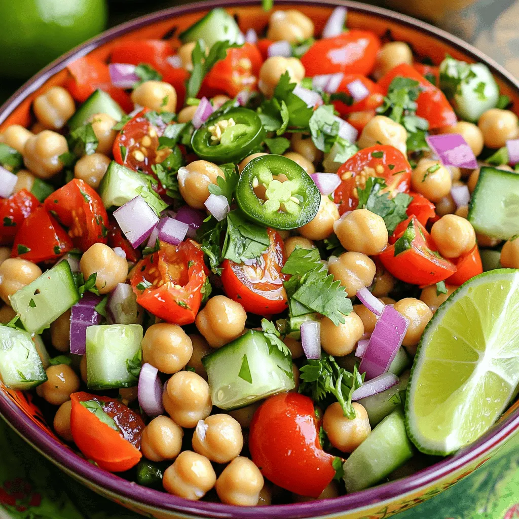 - 1 can (15 oz) chickpeas, drained and rinsed - 1 small red bell pepper, diced - 1 small cucumber, diced - 1/2 red onion, finely chopped - 1 jalapeño, seeds removed and minced - 1 cup cherry tomatoes, halved - 1/4 cup fresh cilantro, chopped - 3 tablespoons olive oil - 2 tablespoons lime juice - 1 teaspoon cumin - 1/2 teaspoon smoked paprika - Salt and pepper to taste - Prep Time: 15 minutes - Total Time: 25 minutes - Serving Size: 4 servings The main ingredients in this salad are simple, fresh, and tasty. Chickpeas are the star, giving protein and texture. They mix well with the diced red bell pepper and cucumber, adding crunch. The red onion brings a sharp flavor, while the minced jalapeño adds heat. Cherry tomatoes add sweetness and color, and fresh cilantro brightens the dish. For the dressing, start with olive oil and lime juice for a zesty base. Cumin and smoked paprika add warmth and depth. Salt and pepper enhance the flavors, ensuring a balanced taste. This blend makes every bite a delight. You can find the full recipe for more details on how to prepare this dish. With a quick prep time of just 15 minutes, this salad is perfect for a busy day. In just 25 minutes, you can enjoy a fresh meal. Each serving offers a burst of flavor while keeping it healthy and satisfying. Start by draining and rinsing the chickpeas. This step is key. It helps remove excess salt and improves flavor. Next, chop your vegetables. Dice the red bell pepper and cucumber into small pieces. Finely chop the red onion. For a spicy kick, remove the seeds from the jalapeño and mince it. Lastly, halve the cherry tomatoes. In a large bowl, combine all the prepared salad ingredients. Add the chickpeas, diced bell pepper, cucumber, chopped onion, minced jalapeño, and halved cherry tomatoes. This mix creates a colorful and vibrant base for your salad. In a small bowl, whisk together the dressing ingredients. Combine olive oil, lime juice, cumin, smoked paprika, salt, and pepper. Mix until everything blends well. This dressing adds a zesty flavor that ties the salad together. Once mixed, pour the dressing over the salad. Gently toss everything together until the chickpeas and vegetables are well-coated. Allow the salad to rest for about 10 minutes. This time helps the flavors meld beautifully. Enjoy your fresh Spicy Chickpea Fiesta Salad! For more detailed instructions, check the Full Recipe. Adjusting the seasoning is key. Taste as you go. If you like it spicy, add more jalapeño. If you want it tangy, squeeze in extra lime juice. Don’t hesitate to tweak the recipe to fit your taste buds. Fresh herbs make a big difference. I love using cilantro and parsley. Chop them just before adding to the salad. This keeps their taste bright and fresh. You can also add mint for a fun twist. Presentation matters! Use colorful bowls to serve your salad. Bright bowls make your meal look more inviting. Garnish with extra herbs or lime wedges. A little garnish can make your dish pop. For an extra touch, drizzle olive oil on top before serving. {{image_2}} You can make this salad even better by adding more veggies. Try adding: - Diced carrots for crunch - Chopped spinach for greens - Avocado for creaminess - Grilled chicken for protein Mixing in these options adds flavor and nutrition. You can get creative and use what you have at home. Each choice brings a new taste to your salad. Want more heat? Adjust the jalapeño. Here’s how: - Add more jalapeño for spice. - Use a milder pepper if you like it less hot. - Remove seeds for less heat. Play with the spice level until it’s just right for you. Remember, the balance of heat can change the whole dish. The dressing can change your salad completely. Here are some ideas: - Use tahini for a nutty flavor. - Try a yogurt-based dressing for creaminess. - Lemon juice can add a fresh twist. Experiment with different dressings to find your favorite. Each dressing can turn the salad into a new experience. You can find the full recipe to explore these variations! After making your Spicy Chickpea Salad, you may have extras. Store them in an airtight container. This keeps the salad fresh for about three days in the fridge. However, the longer it sits, the softer the veggies get. To enjoy the crispness, try to eat your leftovers within two days. You can make this salad ahead of time. It is a perfect choice for busy weekdays. Prepare a big batch on Sunday. Store it in the fridge for quick lunches. You can pair it with whole grain bread or wrap it in a tortilla. This salad also tastes great on its own! Freezing this salad is not ideal. The texture of the veggies will change when thawed. If you must freeze it, separate the components. Freeze the chickpeas and dressing together. Keep the fresh veggies out. When ready to eat, thaw the chickpeas and dressing, then mix in fresh veggies. This keeps your salad tasty and crunchy. For the full recipe, check out the Spicy Chickpea Fiesta Salad. Chickpeas offer many health benefits. They are rich in protein and fiber. This helps you feel full and satisfied. Chickpeas also have vitamins and minerals like iron and magnesium. They can support heart health and help with digestion. Eating chickpeas can also help manage blood sugar levels. Yes, you can make the salad ahead of time. I suggest preparing it a few hours before serving. This gives the flavors time to blend. Just store it in the fridge until you are ready. If you make it too early, the veggies may get soggy. To avoid this, add the dressing just before serving. If you dislike cilantro, there are great options. You can use parsley for a fresh taste. Mint also adds a nice flavor and aroma. Green onions give a mild onion taste that works well. You can even skip the herbs if you prefer a simpler salad. This salad is easy to make and packed with flavor. You learned about the main ingredients and how to mix them. The tips for fresh herbs and presentation make a big difference. Feel free to add more veggies or adjust the spice to suit your taste. I encourage you to try this salad as a healthy meal prep option. It's a delicious way to enjoy chickpeas and stay nourished. You’ll find it helps you eat well and feel good. Enjoy making it your own!