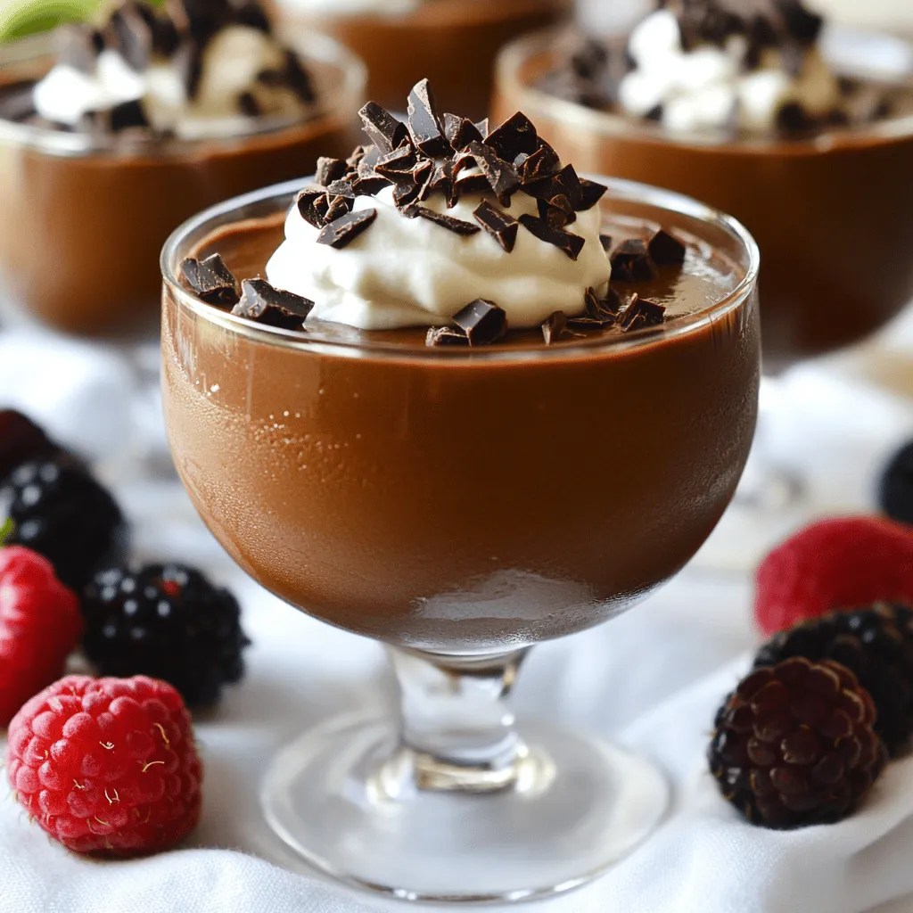 - 2 ripe avocados - 1/2 cup unsweetened cocoa powder - 1/2 cup maple syrup or honey - 1/4 cup almond milk or milk of choice - 1 teaspoon vanilla extract - A pinch of sea salt The base of this avocado chocolate mousse is simple yet powerful. Ripe avocados give it a smooth texture and rich flavor. Choose avocados that yield slightly when you press them. This tells you they are ready. The cocoa powder adds a deep, chocolatey taste without extra sugar. You can use unsweetened cocoa to keep it healthy. Maple syrup or honey sweetens it naturally. Both options work well, but maple syrup is my favorite for a unique flavor. Almond milk keeps the mousse creamy without dairy. You can use any milk you like. The vanilla extract adds warmth and a lovely aroma. A pinch of sea salt enhances all the flavors, making them pop. - Whipped coconut cream - Dark chocolate shavings - Fresh berries Toppings make this dessert even more special. Whipped coconut cream is light and fluffy. It adds a touch of sweetness. Dark chocolate shavings enhance the chocolate flavor and look beautiful. Fresh berries add color and a burst of freshness. You can mix and match these toppings for a fun twist. For the full recipe, check out the complete instructions to create this smooth and creamy delight! - Step 1: Combine ingredients in food processor. Start by placing the ripe avocados, cocoa powder, maple syrup, almond milk, vanilla extract, and a pinch of sea salt into your food processor. This mix creates a rich base. - Step 2: Blend until smooth and creamy. Turn on the food processor and blend the ingredients. You want a silky texture. Stop and scrape down the sides often to make sure everything mixes well. - Step 3: Adjust sweetness and blend again. Taste your mousse. If it needs more sweetness, add a bit more maple syrup or honey. Blend again until it is perfectly smooth and sweet. - Step 4: Transfer to serving bowls. Once the mousse is ready, scoop it into small bowls or dessert glasses. This makes it easy to serve and enjoy. - Step 5: Refrigerate to set. Place the bowls in the fridge. Let them chill for at least 30 minutes. This helps the mousse firm up a bit and enhances its flavor. - Step 6: Add toppings before serving. Just before you serve, add some fun toppings. Whipped coconut cream, dark chocolate shavings, or fresh berries make it look great and taste even better. Each bite will be a smooth and creamy delight! For the full recipe, refer to the earlier section. Enjoy your delicious avocado chocolate mousse! To make your avocado chocolate mousse smooth, you need a good blender. A food processor works well too. Start by blending the avocados and cocoa powder first. This helps create a base that is creamy. After you blend, check the texture. If it’s not smooth, blend a bit longer. While blending, pause to scrape down the sides. This step is key. Sometimes, bits of avocado stick to the sides. Scraping helps mix everything well. You want a silky-smooth consistency. Taste your mousse after blending. This is your chance to adjust flavors. If it needs more sweetness, add a little maple syrup or honey. Blend again to mix well. Want a richer chocolate flavor? Add more cocoa powder. Start with a tablespoon. Blend again, then taste. Keep adjusting until it’s just right. This mousse should be a perfect balance of sweet and rich. For the full recipe, refer to the beginning of this section. {{image_2}} You can easily boost the taste of your avocado chocolate mousse. One great way is by adding nut butter. A spoonful of almond or peanut butter gives it a rich, nutty flavor. This addition makes the mousse even creamier. You’ll love how it changes the taste! Another fun option is to infuse your mousse with mint or espresso. Just a drop of mint extract offers a refreshing twist. If you prefer coffee, a shot of espresso makes it bold and exciting. Both choices add unique flavors without overpowering the chocolate. If you want a vegan mousse, it’s simple! Just use maple syrup instead of honey. All ingredients in this recipe are already plant-based. You can enjoy this dessert without any worries. For a gluten-free option, you’re in luck! This mousse contains no flour or grains. So, it is naturally gluten-free. You can enjoy it without any changes. For the full recipe, check the section above! To keep your avocado chocolate mousse fresh, store it in the fridge. Use an airtight container. This helps prevent oxidation, which can change the mousse's color and taste. Make sure to cover the top with plastic wrap for extra protection. If you want to freeze it, spoon the mousse into freezer-safe containers. Leave some space at the top, as it may expand when frozen. Thaw it in the fridge before serving. The mousse lasts about 3 to 5 days in the fridge. Check for changes in color or smell. If it turns brown or smells off, it's best to throw it out. For frozen mousse, it can last up to 3 months. However, for the best taste, eat it within a month. Always check for ice crystals or a grainy texture when thawing, as these are signs of spoilage. If you can't find avocados, you can use silken tofu. It has a similar creamy texture. You might also try ripe bananas. They add sweetness and smoothness, but the taste will differ slightly. Lastly, you could use nut butters like cashew or almond for a different twist. To keep this mousse dairy-free, use almond milk or coconut milk. Both work well. Avoid any dairy-based sweeteners. Maple syrup or agave syrup are great choices. They keep your mousse rich and creamy without dairy. Yes, you can make this mousse ahead of time. Just store it in the fridge for up to 2 days. It tastes even better when chilled. Make sure to cover it with plastic wrap to keep it fresh. Absolutely! This mousse is packed with healthy fats from avocados. It also has no refined sugar if you use maple syrup. The cocoa powder offers antioxidants. Overall, it is a tasty and healthy dessert option. Serve this mousse in small bowls or dessert glasses. You can add delicious toppings like whipped coconut cream, dark chocolate shavings, or fresh berries. These add flavor and make it look pretty. For the full recipe, check the section above. This blog covered how to make creamy avocado chocolate mousse. You learned about key ingredients and how to blend them. I shared tips for the right texture and how to adjust flavor. You can customize your mousse with toppings and variations. It’s easy to store and keeps well. This dessert is not just tasty; it's also healthy. Enjoy creating your mousse and impressing friends with this simple treat!