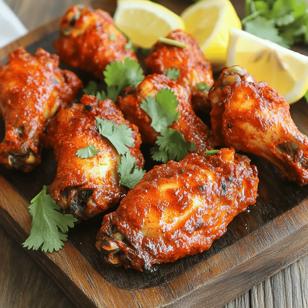 - 2 lbs chicken wings - 1 cup plain yogurt - 2 tablespoons tandoori masala - 1 teaspoon garlic powder - 1 teaspoon ground ginger - 1 teaspoon cumin powder - 1 teaspoon paprika - 1/2 teaspoon cayenne pepper (optional) - Salt to taste - 2 tablespoons lemon juice - 1 tablespoon olive oil Crispy Tandoori Chicken Wings start with simple, fresh ingredients. You want juicy and tender chicken wings that soak up all the flavor. The chicken wings come first, of course. Use two pounds for a hearty meal. The yogurt adds creaminess and helps the spices stick well. Next, gather your spices. Tandoori masala is the star here. It’s a blend of rich spices, perfect for that bold flavor. Garlic powder and ground ginger add warmth and depth. Cumin brings a touch of earthiness, while paprika adds color and a slight kick. If you enjoy heat, toss in cayenne pepper. Finally, season with salt to your taste. For the marinade, lemon juice brightens the mix, adding a zesty punch. Olive oil helps the marinade cling to the wings. Together, these ingredients create a mouthwatering blend that makes the wings shine. This recipe is a perfect balance of flavors. You can find the complete guide in the Full Recipe. - Combine 1 cup plain yogurt, 2 tablespoons tandoori masala, and salt. - Add 2 tablespoons lemon juice, 1 tablespoon olive oil, 1 teaspoon garlic powder, and 1 teaspoon ground ginger. - Mix well to form a smooth marinade. - Take 2 lbs of chicken wings and coat them evenly with the marinade. - Cover the bowl with plastic wrap and refrigerate for at least 2 hours or overnight. - Preheat your oven to 425°F (220°C). Line a baking sheet with foil. Place a wire rack on top. - Arrange the marinated wings in a single layer on the rack. Bake for 40-45 minutes. Flip the wings halfway through. - For extra crispiness, switch to broil for the last 2-3 minutes. Keep a close eye to prevent burning. Enjoy your crispy tandoori chicken wings with a side of lemon wedges and fresh cilantro! For the full recipe, click [Full Recipe]. To make your wings super crispy, use a wire rack. This allows hot air to flow around the wings, helping them cook evenly. When you bake, the moisture escapes, and you get that nice crunch. After baking, broil the wings for 2-3 minutes. This final step gives them that golden brown finish. Keep an eye on them to avoid burning. Marinating your wings overnight is the best choice. It lets the flavors soak in deep. If you're short on time, marinate for at least 2 hours. Even a quick soak will add flavor. Use a fork to poke holes in the wings. This helps the marinade penetrate better. Serve your crispy chicken wings with tasty sides. A cool yogurt dip pairs well and balances the spice. Consider classic sides like carrot sticks or celery. For garnish, sprinkle fresh cilantro on top. Add lemon wedges to squeeze over the wings for a zesty touch. These simple ideas enhance the dish and make it more appealing. Enjoy your wings with these fun tips! {{image_2}} Want milder wings? Simply reduce the tandoori masala. You can swap it for a gentle spice blend. You could also skip the cayenne pepper. These changes keep the flavor but tone down the heat. If you love heat, add more cayenne pepper or chili powder. Consider mixing in some hot sauce too. This will give your wings a spicy kick. You can also experiment with different chili powders for unique flavors. You can grill or bake these wings. Grilling gives a smoky flavor. Cook them over medium heat for about 20 minutes. Turn them often for even cooking. Baking is easy and less messy. Follow the oven instructions from the full recipe. For a quick method, use an air fryer. Cook at 400°F (204°C) for about 25 minutes. Flip the wings halfway to ensure crispness. Try different sauces on your wings. A garlic butter sauce adds richness. A tangy yogurt sauce offers a cooling effect. You can even serve them plain, letting the spices shine. Pair your wings with fresh veggies and dips. Celery and carrots with ranch dressing work well. For sides, consider rice pilaf or a fresh salad. These balance the spiciness and make a complete meal. To keep your crispy tandoori chicken wings fresh, store them in the fridge. Place the wings in an airtight container. They will stay good for up to three days. If you want to keep them longer, freeze them. Wrap the wings tightly in plastic wrap, then place them in a freezer bag. They will last for up to three months in the freezer. To reheat the wings, use your oven for the best results. Preheat your oven to 375°F (190°C). Place the wings on a baking sheet and cover them with foil. Heat them for about 15-20 minutes. For extra crispiness, remove the foil for the last 5 minutes. You can also use an air fryer to reheat them. This keeps the wings crispy and tasty. Cooked wings will last for about three days in the fridge. If you freeze them, they can last up to three months. Look for signs of spoilage before eating. If the wings smell sour or have a change in color, it’s time to toss them out. Keeping your food fresh and safe is key to enjoying your tandoori wings! If you can't find tandoori masala, don't worry. You can make a simple blend at home. Mix these spices: - 1 teaspoon paprika - 1 teaspoon ground cumin - 1 teaspoon ground coriander - 1 teaspoon garlic powder - 1 teaspoon ground ginger - 1/2 teaspoon cayenne pepper (for heat) These spices create a nice flavor. You can adjust the heat by adding or removing cayenne. Yes, you can use drumsticks or thighs. They have more fat, which adds flavor. Just adjust the cooking time. Drumsticks may take a bit longer. Make sure they reach the same internal temperature of 165°F (75°C). This keeps them juicy and safe to eat. Check the internal temperature of your wings. Use a meat thermometer to see if they hit 165°F (75°C). Another sign is the skin. It should look crispy and golden brown. If you see juices running clear, they are ready. These tips help you get perfect wings every time. For the full recipe, check out the [Full Recipe]. This blog post covered how to make flavorful chicken wings with a simple marinade. You learned about the main ingredients, spices, and cooking steps. I shared tips for crispiness and fun variations. Remember to adjust spice levels to fit your taste. Storage and reheating instructions help keep leftovers fresh. Enjoy creating these delicious wings, whether for a party or a cozy night in. Your cooking journey is more fun with great recipes at hand. You now have the tools to impress everyone with your chicken wing skills.
