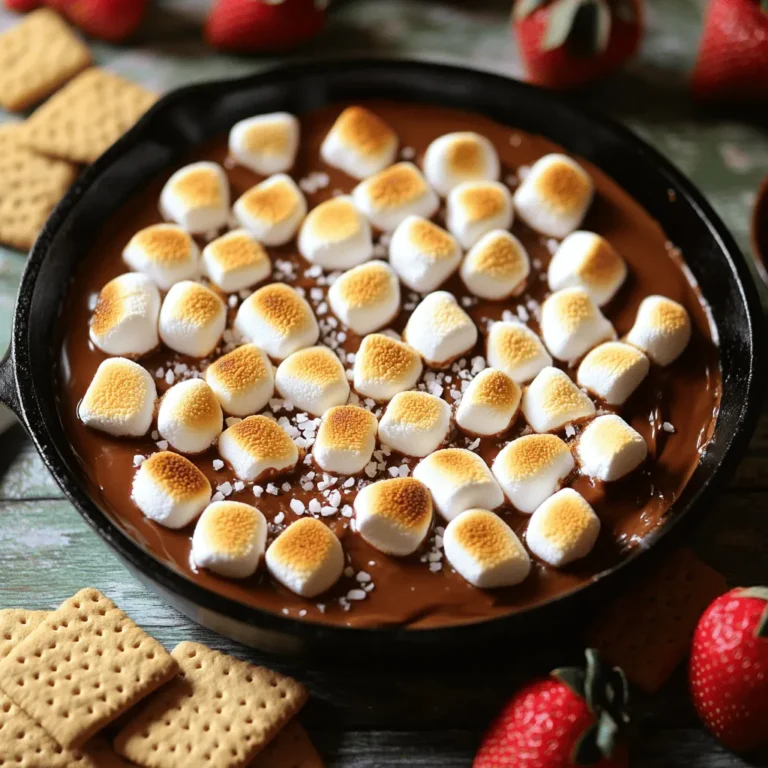 - 1 cup semi-sweet chocolate chips - 1 cup mini marshmallows - 1 tablespoon unsalted butter - 1/2 teaspoon vanilla extract - 1/4 cup crushed graham crackers - Optional garnish: sea salt To make a great S'mores Dip, you need a few simple items. First, semi-sweet chocolate chips give the dip its rich flavor. You also need mini marshmallows that melt perfectly. Unsalted butter helps the chocolate melt smoothly. A touch of vanilla extract adds a lovely aroma. Crushed graham crackers will give a crunch and taste like the classic S'mores. If you want to add a little flair, a pinch of sea salt on top makes it even better. - Graham crackers - Fresh fruit (e.g., strawberries, bananas) - Pretzels For dipping, you can use graham crackers for the classic taste. Fresh fruit like strawberries or bananas adds a nice twist. Pretzels lend a salty crunch to balance the sweet dip. These options let you get creative and enjoy the dip in many ways. Try mixing and matching to find your favorite! For the complete experience, check out the Full Recipe. - Preheat the oven to 350°F (175°C). - In a skillet, melt 1 tablespoon of unsalted butter over medium heat. - Once melted, add 1 cup of semi-sweet chocolate chips. Stir until smooth. - Mix in 1/2 teaspoon of vanilla extract. This adds a nice flavor. - Spread the melted chocolate evenly in the skillet. - Top with 1 cup of mini marshmallows. Next, sprinkle 1/4 cup of crushed graham crackers over the marshmallows. - Bake for 10-12 minutes. Watch closely for golden marshmallows. They should be toasted but not burnt! - Serve the S'mores Dip warm in the skillet. - Add whole graham crackers and fresh strawberries on the side for fun. - Enjoy it right away for the best taste. To make your dip perfect, start with the chocolate. Use semi-sweet chocolate chips. Melt them slowly with butter. Stir until the mix is smooth. A smooth chocolate base will make your dip creamy and rich. Next, watch the marshmallows closely. Bake them until they turn a light golden color. If they burn, the dip will taste bitter. Keep an eye on them in the oven. Set a timer for ten minutes. This way, you won’t miss that perfect toast. Want a richer dip? Add a spoonful of peanut butter or some flavored chocolate. Both will enhance the flavor and make it even more delicious. For toppings, go wild! Try adding crushed candy bars or nuts. You can also switch up the dipping items. Fresh fruit like strawberries or bananas works great. Pretzels add a nice salty crunch. The options are endless! For the full recipe, check out the details above. Enjoy making your S'mores Dip! {{image_2}} You can change up your s'mores dip to make it unique. One fun idea is to add peanut butter. Just stir in a few tablespoons of creamy peanut butter with the chocolate. This mix gives a rich taste that pairs perfectly with marshmallows. You can also try flavored chocolate. Use mint chocolate or caramel chocolate chips for a twist. Each option brings a new taste adventure. You can also swap out the chocolate type. Dark chocolate adds a bold, rich flavor. White chocolate gives a sweet and creamy feel. Mixing different chocolates can create layers of flavor. Experiment with what you like best! If you need gluten-free options, choose the right crackers. Look for gluten-free graham crackers. You can also use rice cakes or fruit slices. These work well for dipping too! For vegan options, look for dairy-free chocolate and marshmallows. Many brands offer plant-based choices. This way, everyone can enjoy the dip. It’s easy to make s'mores dip fit your diet. Just choose the right swaps! These variations give you a way to enjoy s'mores dip in new ways. Explore your favorites and make it your own! For the full recipe, check out the instructions shared earlier. After enjoying your S'mores Dip, you may have some left. To store it, first let it cool down. Place it in an airtight container. Keep it in the fridge for up to three days. This helps keep the flavors fresh. If you want to reheat it, use the oven or microwave. For the oven, set it to 350°F (175°C). Heat for about 10 minutes. In the microwave, heat in 30-second bursts. Stir in between to avoid hot spots. To keep your S'mores Dip at its best, eat it within three days. After that, the texture may change. The marshmallows can become tough or gummy. To avoid this, cover the dip tightly with plastic wrap. This keeps moisture in and helps maintain its creamy texture. If you plan to keep it longer, consider freezing it. Just remember to thaw and reheat it properly later. For more tips, check out the full recipe. It takes about 20 minutes to make S'mores Dip. You spend 10 minutes prepping and 10 minutes baking. It’s quick and easy! Yes, you can prepare the dip ahead. Just mix the ingredients and store them. Keep it in the fridge until you are ready to bake. Bake it right before serving for the best taste. You can use chopped chocolate bars or cocoa powder. Dark chocolate or white chocolate also works well. Each gives a unique flavor to your dip. Yes, you can make S'mores Dip in the microwave! Melt the butter in a microwave-safe bowl, then add chocolate chips. Heat in short bursts, stirring in between. Once melted, add marshmallows and graham crackers, then microwave until marshmallows puff up. In this blog post, we explored how to make the perfect S'mores Dip. We covered essential ingredients, easy steps, and helpful tips. You can customize this treat with your favorite flavors. Whether you prefer fruit, crackers, or pretzels for dipping, options abound. Don't forget to store any leftovers correctly. Enjoying this sweet dip can bring fun to any gathering. I hope you create this tasty dessert and share it with others!