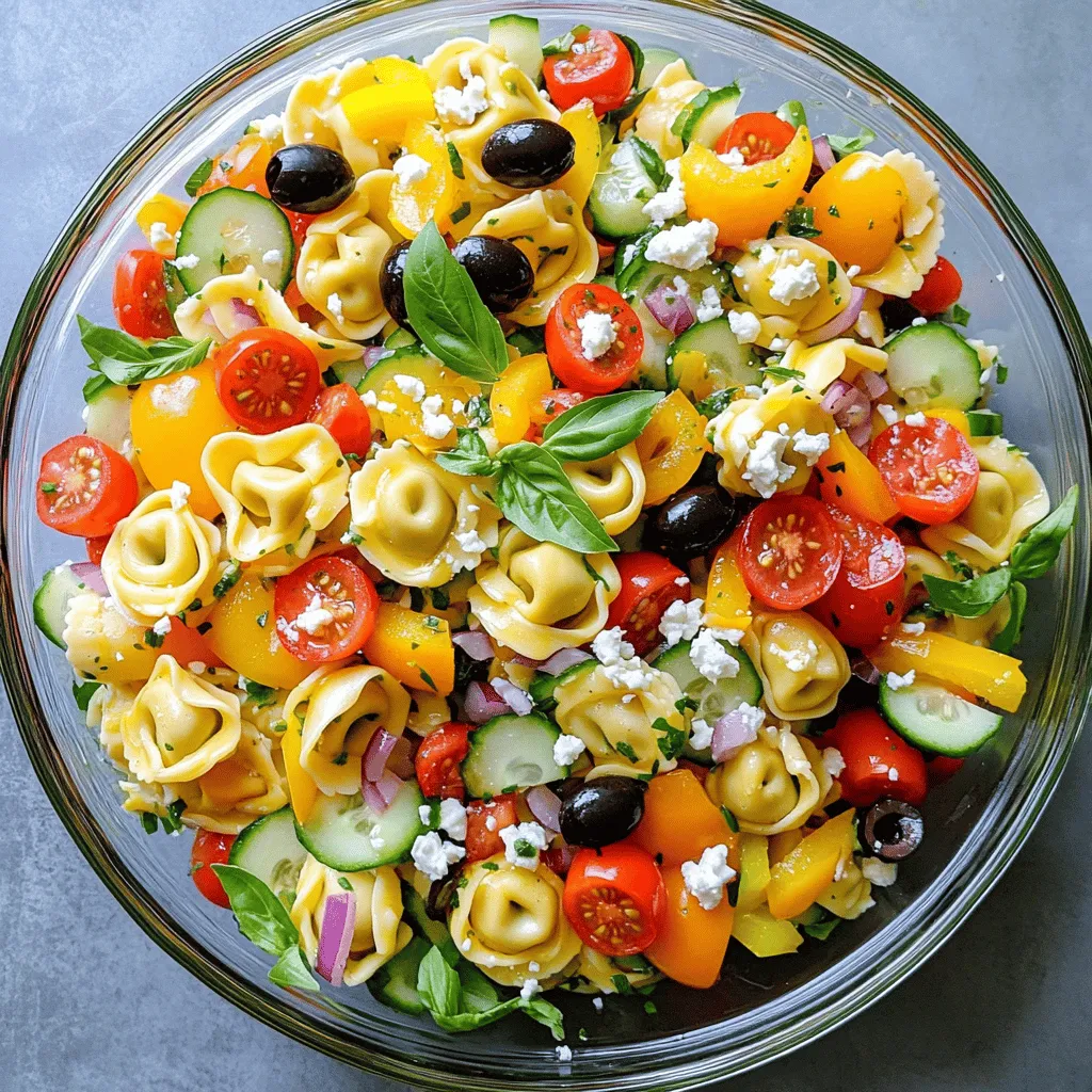 To make a tasty tortellini pasta salad, gather these fresh ingredients: - 12 oz cheese tortellini - 1 cup cherry tomatoes, halved - 1 cup cucumber, diced - 1/2 cup bell peppers (red and yellow), diced - 1/4 cup red onion, finely chopped - 1/2 cup black olives, sliced - 1/4 cup feta cheese, crumbled - 1/4 cup fresh basil, chopped - 3 tablespoons olive oil - 2 tablespoons lemon juice - 1 teaspoon dried oregano - Salt and pepper to taste Each serving of this salad has about: - Calories: 280 - Protein: 10g - Carbohydrates: 30g - Fiber: 3g - Fat: 14g This dish is rich in vitamins and minerals. It offers a colorful mix of nutrients. When choosing your ingredients, keep these tips in mind: - Tortellini: Look for fresh or frozen cheese tortellini. Check the expiration date to ensure freshness. - Vegetables: Choose firm and vibrant cherry tomatoes, crisp cucumbers, and colorful bell peppers. - Olives: Select pitted black olives for easy use. They should have a shiny surface and a fresh smell. - Feta Cheese: Opt for blocks of feta instead of crumbled for better texture and flavor. - Basil: Pick fresh basil leaves with bright green color. Avoid any that are wilted or brown. Using fresh ingredients makes your tortellini pasta salad taste better and look fantastic. For the full recipe, check the section above. Start by cooking the cheese tortellini. Boil water in a large pot. Add the tortellini and cook according to the package directions. You want it to be al dente. This usually takes about 3 to 5 minutes. Drain the tortellini and rinse it under cold water. This stops the cooking. It also cools the pasta down. Set it aside in a large bowl. Now it's time to mix the salad. In that same bowl, add the halved cherry tomatoes, diced cucumber, and diced bell peppers. Next, add the finely chopped red onion and sliced black olives. Crumble some feta cheese over the top. Finally, sprinkle in fresh basil. This adds a bright flavor. Gently toss everything together, making sure each ingredient gets mixed well. For the dressing, grab a small bowl. Whisk together the olive oil, lemon juice, dried oregano, salt, and pepper. Make sure it's well combined. Pour this dressing over the tortellini and veggie mix. Toss it all again until everything is coated. Fold in the chopped fresh basil carefully. You can save some for garnish later. Adjust the seasoning to your taste. Cover the salad and refrigerate it for at least 30 minutes. This helps the flavors blend well. Enjoy this fresh and colorful dish! You can find the Full Recipe online for more details. One common mistake is overcooking the tortellini. Always cook it until al dente. This keeps it firm and adds a nice bite. Another mistake is not rinsing the pasta after cooking. Rinsing cools it down and prevents it from sticking together. Avoid adding too much dressing. Start with a little, then add more if needed. Lastly, don’t skip chilling the salad. Letting it sit helps the flavors blend. To boost flavor, use fresh herbs like basil or parsley. They add a bright taste. You can also mix in some lemon zest for extra zing. Try adding a pinch of red pepper flakes for heat. If you love cheese, consider more feta or even a sprinkle of Parmesan. A splash of balsamic glaze can also give a sweet kick. Taste as you go to find your perfect mix. This salad is perfect for meal prep. You can make it a day in advance. Just keep the dressing separate until you are ready to serve. This keeps everything fresh. Store the salad in an airtight container in the fridge. It can last up to three days. When ready to eat, give it a good toss to mix. For the best flavor, let it sit at room temperature for a few minutes before serving. Check out the Full Recipe for more details. {{image_2}} If you want a meat-free option, try a vegetarian tortellini pasta salad. Use cheese tortellini as your base. Add lots of fresh veggies like bell peppers, cucumbers, and cherry tomatoes. You can also include chickpeas for extra protein. The mix of flavors makes it filling and tasty. Toss in a handful of spinach for added nutrients. This salad is colorful and great for any meal. For those who enjoy a heartier salad, adding proteins is a great idea. Grilled chicken works well and adds a smoky flavor. You can also use canned tuna for a quick option. Simply drain the tuna and mix it in. For a unique twist, try adding shrimp. Cook the shrimp lightly, then mix it with the tortellini. Each protein adds a new taste and makes the salad more satisfying. Get creative with your ingredients! Swap the feta cheese for goat cheese for a tangy twist. You can also change the dressing; a balsamic vinaigrette offers a rich flavor. Instead of olive oil, use avocado oil for a different taste. If you like a crunch, add sunflower seeds or nuts. Experiment with herbs too! Fresh dill or parsley can change the whole vibe of your dish. The Full Recipe is flexible, so have fun with it! To keep your tortellini pasta salad fresh, store it in an airtight container. Make sure to press out any air before sealing. This helps keep the flavors strong and the veggies crisp. If you have leftover dressing, store it separately. This way, the salad won’t become soggy. When you're ready to eat, just toss in the dressing again. If stored properly, tortellini pasta salad lasts about 3 to 5 days in the fridge. Always check for any off smells or changes in texture before eating. If you see any signs of spoilage, it’s best to toss it out. Remember, the fresher the salad, the better it tastes! Freezing tortellini pasta salad is not the best idea. The veggies lose their crispness and the pasta can become mushy. If you must freeze it, only freeze the tortellini and the dressing. Store them separately. When you want to enjoy the salad again, thaw them in the fridge. Then mix with fresh veggies and herbs for the best flavor. If you want the full recipe, you can check out the detailed steps above. Yes, you can make tortellini pasta salad ahead of time. In fact, this dish tastes better after resting. Make it a few hours or the night before serving. This allows the flavors to mix well. Just keep it in the fridge. Before serving, give it a quick toss to refresh it. I recommend using cheese tortellini for this salad. Cheese tortellini adds a rich and creamy taste. You can also use spinach or meat-filled tortellini if you prefer. Just ensure it pairs well with your other salad ingredients. The key is to pick a flavor that you enjoy. Serving tortellini pasta salad for a crowd is easy. Use a large bowl to mix and display the salad. You can also divide it into smaller bowls for individual servings. Garnish each bowl with extra fresh basil and feta for added appeal. This makes it look festive and inviting. This blog post gave you a clear guide on making tortellini pasta salad. We covered ingredients, step-by-step instructions, and tips for perfecting the dish. Remember to choose fresh ingredients for the best flavor. Avoid common mistakes to make your salad shine. Get creative with variations and store leftovers properly. Making this dish ahead of time can save you effort when hosting. Use these tips to impress your family and friends. Enjoy your cooking adventure!