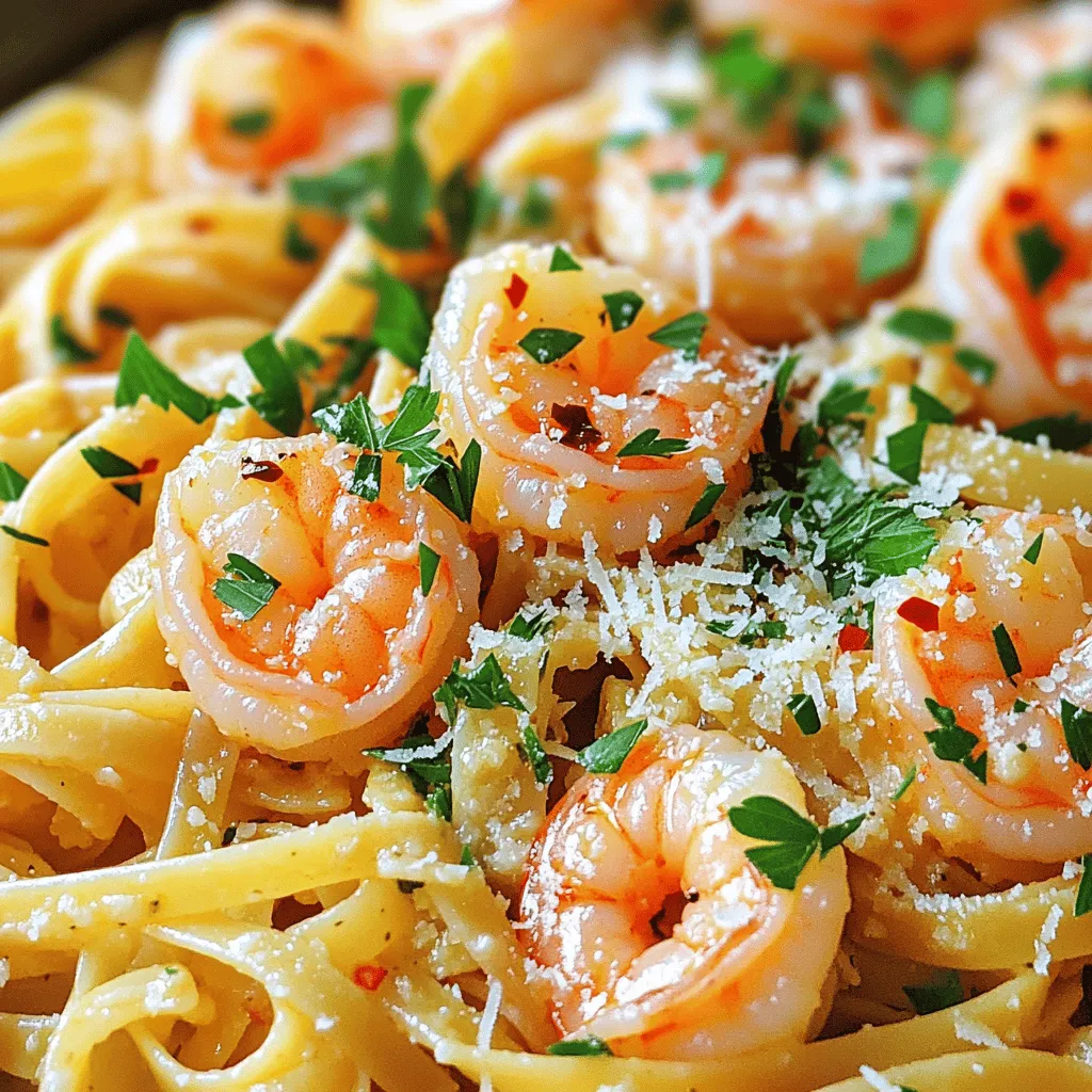 For this dish, you need just a few key ingredients. Here’s what you will use: - 8 oz linguine pasta - 1 lb large shrimp, peeled and deveined - 4 tablespoons unsalted butter - 4 cloves garlic, minced - 1 teaspoon red pepper flakes (more if you prefer spicy) - 1 tablespoon lemon juice - 1/4 cup parsley, chopped - Salt and black pepper, to taste - Grated Parmesan cheese, for serving (optional) These ingredients create a rich and tasty meal. The shrimp adds protein, while the garlic and butter give depth to the flavor. You can add some extra touches to make it even better. Consider these options: - Cherry tomatoes for sweetness - Spinach for a boost of green - Capers for a touch of brine - Fresh basil for a fragrant note These ingredients can enhance the dish. They add layers of taste and color to your plate, making it look and taste gourmet. You can easily swap ingredients to fit your needs. Here are some ideas: - Use gluten-free pasta if you want it gluten-free. - Swap shrimp for chicken or tofu for a different protein. - Replace butter with olive oil for a dairy-free option. - Use lemon zest if you want a stronger lemon flavor. These substitutions keep the meal flexible. You can enjoy it no matter your diet or preferences. For the full recipe, refer to the provided details. First, fill a large pot with water and add salt. Bring the water to a boil. Once boiling, add 8 oz of linguine pasta. Cook the pasta according to the package directions until it is al dente. This usually takes about 8-10 minutes. After cooking, drain the pasta in a colander. Save 1/2 cup of the pasta water for later. While the pasta cooks, heat a large skillet over medium heat. Add 4 tablespoons of unsalted butter to the skillet. Let it melt completely. Once melted, add 4 minced garlic cloves and 1 teaspoon of red pepper flakes. Stir them for 1-2 minutes. You want the garlic to smell great but not burn. Keep an eye on it! Now, add 1 lb of peeled and deveined shrimp to the skillet. Cook for 2-3 minutes on each side. The shrimp will turn pink when done. Next, pour in the reserved pasta water and 1 tablespoon of lemon juice. Stir well to mix everything. Finally, add the cooked linguine and 1/4 cup of chopped parsley. Toss gently until the pasta is coated in the garlic butter sauce. Season with salt and black pepper to taste. Serve right away and enjoy this easy and delicious meal! For the full recipe, check out the details above. To get the best flavor in your Garlic Butter Shrimp Pasta, use fresh ingredients. Fresh garlic gives a nice kick. Choose high-quality shrimp for the best taste. I like to use unsalted butter; it lets the flavors shine. A splash of lemon juice brings brightness to the dish. Don't skip the red pepper flakes; they add a nice warmth. Cooking shrimp takes just a few minutes. Heat your skillet to medium before you add the shrimp. Make sure the shrimp are pink and opaque. This means they are ready to eat. Avoid overcooking them; they can get tough. Remember, they will continue to cook a bit after you take them off the heat. Serve Garlic Butter Shrimp Pasta hot for the best taste. Pair it with a simple green salad. A light vinaigrette works well. If you like bread, garlic bread is a great choice. For drinks, a chilled white wine or sparkling water is refreshing. You can also sprinkle some grated Parmesan cheese on top for extra flavor. For the full recipe, check the section above. {{image_2}} You can make your garlic butter shrimp pasta spicy. Just add more red pepper flakes. Start with the recipe and add one more teaspoon. This will give your dish a nice kick. If you love heat, feel free to add more. You can also use fresh chili peppers for extra flavor. Slice them thin and toss them in with the garlic. This adds depth and a fresh taste. Adding vegetables is a great way to make this dish healthier. You can mix in bell peppers, spinach, or zucchini. Cut the vegetables into small pieces so they cook fast. Sauté them right after the garlic but before adding shrimp. This lets the veggies absorb the garlic flavor. It also adds color and crunch. Enjoy a well-rounded meal with more nutrients. You can switch up the pasta to fit your taste. Linguine works great, but other types are good too. Try spaghetti or fettuccine for a different texture. If you want a low-carb option, use zucchini noodles or spaghetti squash. These choices keep the dish light and fresh. Just cook them briefly in boiling water for the best bite. For more ideas, check the full recipe! Store leftover garlic butter shrimp pasta in an airtight container. Let it cool first. Make sure to keep it in the fridge. It will stay good for 3 days. If you want to keep it longer, consider freezing it. When you are ready to eat, reheat the pasta gently. Use a skillet over medium heat. Add a splash of water or broth to keep it moist. Stir often until heated through. You can also use a microwave. Heat it in short bursts, stirring in between. If you want to freeze the pasta, use a freezer-safe container. Divide it into portions for easy meals later. Label each container with the date. It will last up to 2 months in the freezer. Thaw it overnight in the fridge before reheating. Enjoy your meal with ease! For the full recipe, check out the details above. Yes, you can make Garlic Butter Shrimp Pasta ahead of time. Cook the pasta and shrimp separately. Store them in the fridge in airtight containers. When ready to eat, heat a skillet. Add the shrimp and pasta with some butter and a splash of water. Stir until hot. This method keeps the dish fresh and tasty. The best shrimp for this recipe is large shrimp. Look for shrimp that are raw, peeled, and deveined. Fresh shrimp gives the best flavor, but frozen works too. Just remember to thaw it fully before cooking. You can use wild-caught shrimp for better taste and quality. To make Garlic Butter Shrimp Pasta gluten-free, replace regular pasta with gluten-free pasta. Many brands offer great options that taste good. Always check labels for gluten-free certification. This swap ensures you enjoy the dish without any gluten worries. Garlic butter shrimp pasta is simple yet tasty. We covered key ingredients, cooking steps, and helpful tips. You can play with flavors by adding spices or veggies. Storing leftovers is easy, and reheating is quick. In closing, this dish offers many ways to enjoy shrimp and pasta. Have fun experimenting with your own twists. Enjoy making this meal again and again!