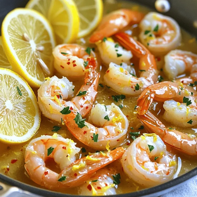 - 1 lb large shrimp, peeled and deveined - 4 tablespoons unsalted butter - 4 cloves garlic, minced - 1 medium lemon, zested and juiced - 1 teaspoon red pepper flakes (adjust for heat preference) - 1/4 cup fresh parsley, chopped - Salt and pepper to taste - Lemon slices for garnish You can swap shrimp for scallops or chicken if you prefer. Scallops cook fast and have a sweet flavor. Chicken gives a hearty bite. If you want a lighter dish, use olive oil instead of butter. It works well and adds a nice taste. For shrimp, choose high-quality brands like SeaPak or Wild American Shrimp. They ensure freshness and flavor. For butter, I recommend brands like Kerrygold or Plugrá. They have rich taste and great quality. For garlic, fresh is best, but you can use jarred minced garlic in a pinch. To make Lemon Garlic Butter Shrimp, start by peeling and deveining the shrimp. Here’s how: - Hold the shrimp firmly. Start at the head end and pull off the shell. - Use a small knife to cut along the back. This opens up the shrimp. - Remove the dark vein you see. Rinse the shrimp under cold water. Next, let’s prepare the lemon: - Roll the lemon on the counter. This helps release the juice. - Cut it in half. Use a zester to get fine shavings from the peel. - Squeeze the lemon juice into a bowl. Remove any seeds that may fall in. Now, let’s cook the shrimp in the skillet: 1. Heat a large skillet over medium heat. Add the butter and let it melt. 2. Once melted, add minced garlic and red pepper flakes. Stir for about one minute until it smells amazing. 3. Add the shrimp to the skillet. Cook for 2-3 minutes on one side until they turn pink. 4. Flip the shrimp over. Pour in the lemon juice and add the lemon zest. Cook for another 2-3 minutes. They should be fully cooked and opaque. Timing is key. Overcooked shrimp can become tough, so watch them closely. To plate the dish attractively, use a large, white plate. This helps the colors pop. - Place the shrimp in the center of the plate. - Sprinkle chopped parsley over the top for a fresh look. - Add lemon slices around the shrimp for a bright touch. For serving, pair the dish with rice or steamed vegetables. These sides balance the rich flavors of the shrimp. You can find the Full Recipe for more details. To avoid overcooking shrimp, watch the color closely. Shrimp turn pink when done. Cook them for about 2-3 minutes on each side. If they curl up tightly, they are overdone. For extra flavor, add spices. Try using smoked paprika or a pinch of cayenne. Fresh herbs like basil or cilantro can also enhance taste. A splash of white wine adds a nice zing too. Lemon Garlic Butter Shrimp pairs well with many sides. Serve it over rice or pasta for a filling meal. Steamed vegetables like broccoli or green beans make a great addition. For garnish, fresh parsley adds color and brightness. Lemon slices on the side look nice and add flavor. A drizzle of extra lemon juice before serving is a nice touch. To make ahead, cook the shrimp but leave out the garnishes. Store them in an airtight container in the fridge. They stay good for 1-2 days. Reheat in a skillet over low heat to keep them tender. For freezing, let the shrimp cool first. Place them in freezer bags and remove air. They can last up to three months. Thaw in the fridge overnight before reheating. {{image_2}} You can change the taste of Lemon Garlic Butter Shrimp easily. Adding fresh herbs like basil or thyme gives it new flavors. These herbs add a fragrant touch and make the dish special. You can also add vegetables like spinach or asparagus. These veggies bring color and nutrition. They cook quickly and blend well with shrimp. If you need gluten-free options, this dish is already safe. Just check the butter and spices. For low-carb or keto-friendly meals, you can skip the butter and use olive oil. This keeps the dish light but tasty. You can also serve it with cauliflower rice instead of regular rice. This keeps the meal low in carbs! You can cook Lemon Garlic Butter Shrimp in different ways. Grilling adds a smoky flavor. Just marinate the shrimp with the sauce and grill for a few minutes. Skillet cooking is quick and easy, as shown in the full recipe. Another option is oven-baked shrimp. Preheat your oven to 400°F. Place shrimp on a baking sheet with the butter and garlic mixture. Bake for about 8-10 minutes. This method is great for a hands-off approach. Whatever way you choose, the shrimp will be delicious! To store leftovers safely, place the shrimp in an airtight container. This keeps them fresh and tasty. Make sure to let the shrimp cool down before sealing. You can keep them in the fridge for up to three days. After that, they may lose flavor and texture. If you want to save your shrimp for later, freezing is a great option. First, let the shrimp cool completely. Then, place them in a freezer-safe bag or container. Squeeze out as much air as possible. This helps prevent freezer burn. You can freeze cooked shrimp for up to three months. To defrost shrimp properly, move them from the freezer to the fridge the night before you plan to use them. This ensures they thaw slowly and safely. If you're in a hurry, you can also run cold water over the sealed bag for quicker defrosting. Reheating in a skillet is easy and effective. Add a little butter or oil to the pan and heat it on medium. Once hot, add the shrimp. Cook for about three minutes, stirring gently until they’re warm. This keeps them juicy and flavorful. If you prefer using the microwave, place the shrimp in a microwave-safe dish. Cover it loosely with a microwave-safe lid or wrap. Heat in short bursts of 30 seconds, stirring in between. This method is quick but can dry out the shrimp if not careful. For this recipe, I recommend using large shrimp. These shrimp are easier to cook and provide a nice bite. You can choose wild-caught or farmed shrimp. Wild-caught shrimp often offer better flavor. If you can find them, go for shrimp labeled as "jumbo" or "extra-large." They cook evenly and pair well with the lemon and garlic. Yes, you can use frozen shrimp. Start by thawing them properly. Place the shrimp in a bowl of cold water for about 15-20 minutes. If you are in a hurry, you can run cold water over them in a colander. Avoid using hot water, as it can cook the shrimp unevenly. Once thawed, make sure to pat them dry before cooking for the best results. To add some heat, sprinkle in red pepper flakes. Start with 1 teaspoon and adjust to your liking. If you want more spice, you can also add diced fresh jalapeños or cayenne pepper. Mix these ingredients in while cooking the garlic. This way, the flavors blend nicely with the shrimp. This dish is flavorful and nutritious. A serving of Lemon Garlic Butter Shrimp has around 300 calories. It also provides about 30 grams of protein, making it a great choice for a healthy meal. The dish contains healthy fats from butter, and the lemon adds vitamin C. If you want to lower calories, you can use less butter or substitute with olive oil. For the full recipe, check out the [Full Recipe]. This recipe combines simple ingredients for a delightful meal. You learned about shrimp, butter, and lemon. You can substitute or try different flavors to shake things up. Proper cooking and plating make a big difference. Remember to use fresh ingredients for the best taste. Store leftovers correctly, and don't hesitate to experiment. Whether you enjoy it as a quick dinner or meal prep, this dish shines in its simplicity and flavor. Enjoy bringing this delicious shrimp to your table!