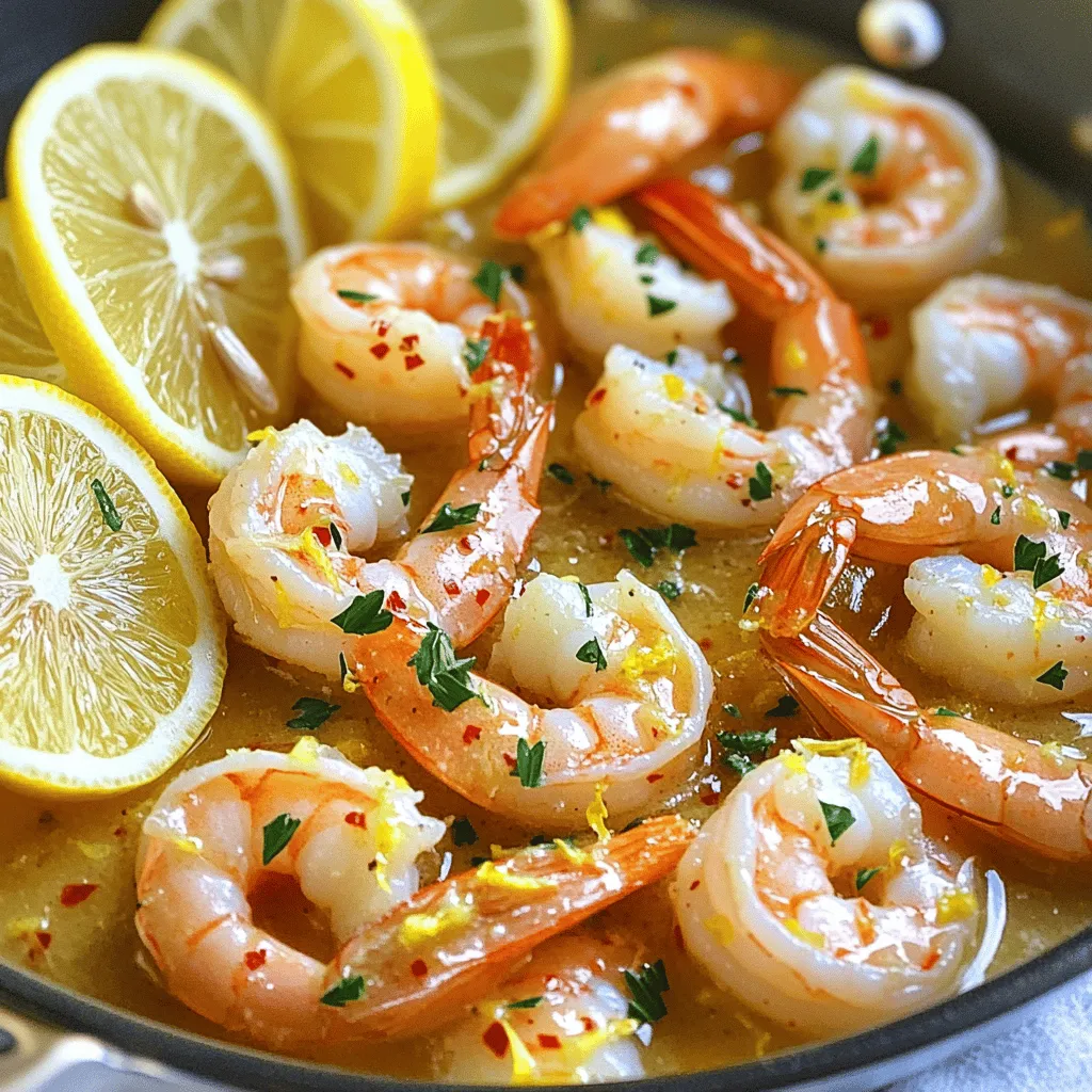 - 1 lb large shrimp, peeled and deveined - 4 tablespoons unsalted butter - 4 cloves garlic, minced - 1 medium lemon, zested and juiced - 1 teaspoon red pepper flakes (adjust for heat preference) - 1/4 cup fresh parsley, chopped - Salt and pepper to taste - Lemon slices for garnish You can swap shrimp for scallops or chicken if you prefer. Scallops cook fast and have a sweet flavor. Chicken gives a hearty bite. If you want a lighter dish, use olive oil instead of butter. It works well and adds a nice taste. For shrimp, choose high-quality brands like SeaPak or Wild American Shrimp. They ensure freshness and flavor. For butter, I recommend brands like Kerrygold or Plugrá. They have rich taste and great quality. For garlic, fresh is best, but you can use jarred minced garlic in a pinch. To make Lemon Garlic Butter Shrimp, start by peeling and deveining the shrimp. Here’s how: - Hold the shrimp firmly. Start at the head end and pull off the shell. - Use a small knife to cut along the back. This opens up the shrimp. - Remove the dark vein you see. Rinse the shrimp under cold water. Next, let’s prepare the lemon: - Roll the lemon on the counter. This helps release the juice. - Cut it in half. Use a zester to get fine shavings from the peel. - Squeeze the lemon juice into a bowl. Remove any seeds that may fall in. Now, let’s cook the shrimp in the skillet: 1. Heat a large skillet over medium heat. Add the butter and let it melt. 2. Once melted, add minced garlic and red pepper flakes. Stir for about one minute until it smells amazing. 3. Add the shrimp to the skillet. Cook for 2-3 minutes on one side until they turn pink. 4. Flip the shrimp over. Pour in the lemon juice and add the lemon zest. Cook for another 2-3 minutes. They should be fully cooked and opaque. Timing is key. Overcooked shrimp can become tough, so watch them closely. To plate the dish attractively, use a large, white plate. This helps the colors pop. - Place the shrimp in the center of the plate. - Sprinkle chopped parsley over the top for a fresh look. - Add lemon slices around the shrimp for a bright touch. For serving, pair the dish with rice or steamed vegetables. These sides balance the rich flavors of the shrimp. You can find the Full Recipe for more details. To avoid overcooking shrimp, watch the color closely. Shrimp turn pink when done. Cook them for about 2-3 minutes on each side. If they curl up tightly, they are overdone. For extra flavor, add spices. Try using smoked paprika or a pinch of cayenne. Fresh herbs like basil or cilantro can also enhance taste. A splash of white wine adds a nice zing too. Lemon Garlic Butter Shrimp pairs well with many sides. Serve it over rice or pasta for a filling meal. Steamed vegetables like broccoli or green beans make a great addition. For garnish, fresh parsley adds color and brightness. Lemon slices on the side look nice and add flavor. A drizzle of extra lemon juice before serving is a nice touch. To make ahead, cook the shrimp but leave out the garnishes. Store them in an airtight container in the fridge. They stay good for 1-2 days. Reheat in a skillet over low heat to keep them tender. For freezing, let the shrimp cool first. Place them in freezer bags and remove air. They can last up to three months. Thaw in the fridge overnight before reheating. {{image_2}} You can change the taste of Lemon Garlic Butter Shrimp easily. Adding fresh herbs like basil or thyme gives it new flavors. These herbs add a fragrant touch and make the dish special. You can also add vegetables like spinach or asparagus. These veggies bring color and nutrition. They cook quickly and blend well with shrimp. If you need gluten-free options, this dish is already safe. Just check the butter and spices. For low-carb or keto-friendly meals, you can skip the butter and use olive oil. This keeps the dish light but tasty. You can also serve it with cauliflower rice instead of regular rice. This keeps the meal low in carbs! You can cook Lemon Garlic Butter Shrimp in different ways. Grilling adds a smoky flavor. Just marinate the shrimp with the sauce and grill for a few minutes. Skillet cooking is quick and easy, as shown in the full recipe. Another option is oven-baked shrimp. Preheat your oven to 400°F. Place shrimp on a baking sheet with the butter and garlic mixture. Bake for about 8-10 minutes. This method is great for a hands-off approach. Whatever way you choose, the shrimp will be delicious! To store leftovers safely, place the shrimp in an airtight container. This keeps them fresh and tasty. Make sure to let the shrimp cool down before sealing. You can keep them in the fridge for up to three days. After that, they may lose flavor and texture. If you want to save your shrimp for later, freezing is a great option. First, let the shrimp cool completely. Then, place them in a freezer-safe bag or container. Squeeze out as much air as possible. This helps prevent freezer burn. You can freeze cooked shrimp for up to three months. To defrost shrimp properly, move them from the freezer to the fridge the night before you plan to use them. This ensures they thaw slowly and safely. If you're in a hurry, you can also run cold water over the sealed bag for quicker defrosting. Reheating in a skillet is easy and effective. Add a little butter or oil to the pan and heat it on medium. Once hot, add the shrimp. Cook for about three minutes, stirring gently until they’re warm. This keeps them juicy and flavorful. If you prefer using the microwave, place the shrimp in a microwave-safe dish. Cover it loosely with a microwave-safe lid or wrap. Heat in short bursts of 30 seconds, stirring in between. This method is quick but can dry out the shrimp if not careful. For this recipe, I recommend using large shrimp. These shrimp are easier to cook and provide a nice bite. You can choose wild-caught or farmed shrimp. Wild-caught shrimp often offer better flavor. If you can find them, go for shrimp labeled as "jumbo" or "extra-large." They cook evenly and pair well with the lemon and garlic. Yes, you can use frozen shrimp. Start by thawing them properly. Place the shrimp in a bowl of cold water for about 15-20 minutes. If you are in a hurry, you can run cold water over them in a colander. Avoid using hot water, as it can cook the shrimp unevenly. Once thawed, make sure to pat them dry before cooking for the best results. To add some heat, sprinkle in red pepper flakes. Start with 1 teaspoon and adjust to your liking. If you want more spice, you can also add diced fresh jalapeños or cayenne pepper. Mix these ingredients in while cooking the garlic. This way, the flavors blend nicely with the shrimp. This dish is flavorful and nutritious. A serving of Lemon Garlic Butter Shrimp has around 300 calories. It also provides about 30 grams of protein, making it a great choice for a healthy meal. The dish contains healthy fats from butter, and the lemon adds vitamin C. If you want to lower calories, you can use less butter or substitute with olive oil. For the full recipe, check out the [Full Recipe]. This recipe combines simple ingredients for a delightful meal. You learned about shrimp, butter, and lemon. You can substitute or try different flavors to shake things up. Proper cooking and plating make a big difference. Remember to use fresh ingredients for the best taste. Store leftovers correctly, and don't hesitate to experiment. Whether you enjoy it as a quick dinner or meal prep, this dish shines in its simplicity and flavor. Enjoy bringing this delicious shrimp to your table!
