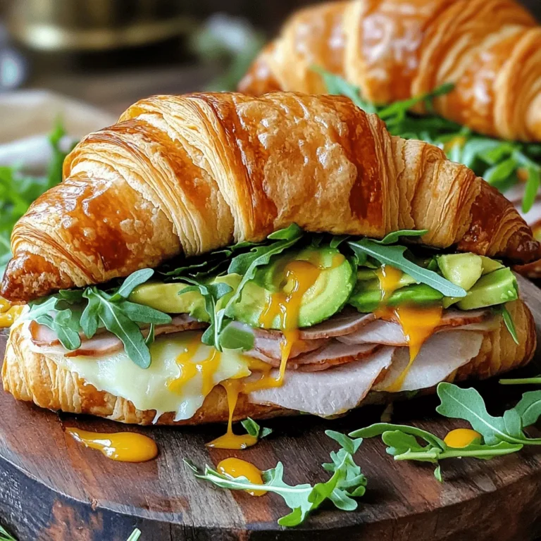 To make the perfect maple mustard croissant sandwich, you will need: - 2 buttery croissants - 1/4 cup maple mustard (mix 2 tbsp maple syrup with 2 tbsp Dijon mustard) - 4 slices of smoked turkey or chicken breast - 1/2 avocado, sliced - 1/4 cup fresh arugula - 2 slices of provolone cheese - Salt and pepper to taste - Optional: sliced pickles for added crunch You can personalize your sandwich with these options: - Sliced tomatoes for freshness - Crispy bacon for extra flavor - A drizzle of honey for sweetness - Spinach instead of arugula for a different green - Different cheese types like cheddar or gouda If you’re missing an ingredient, consider these substitutes: - Use any flaky pastry instead of croissants - Honey mustard can replace maple mustard - Use roast beef or ham instead of turkey or chicken - A different spread like hummus for a vegan option - Lettuce can stand in for arugula These ingredients will help you create a tasty and satisfying sandwich. Don’t forget to check the Full Recipe for detailed steps! To make the Maple Mustard Croissant Sandwich, gather your ingredients first. You will need two buttery croissants, maple mustard, smoked turkey or chicken, avocado, arugula, provolone cheese, and optional pickles. This simple recipe takes about 10 minutes to prep. 1. Preheat your oven to 350°F (175°C). This step is key if you want warm croissants. 2. Slice the croissants in half horizontally, if you prefer. Place them on a baking sheet. 3. Warm the croissants in the oven for about 5 minutes. They should be lightly toasted. 4. In a small bowl, mix two tablespoons of maple syrup with two tablespoons of Dijon mustard. This makes the maple mustard spread. 5. Take the bottom half of each croissant and spread a generous layer of the maple mustard. 6. Layer four slices of smoked turkey or chicken breast evenly on the mustard. 7. Add half an avocado, sliced, on top of the turkey. Then, sprinkle fresh arugula for a nice crunch. 8. Place a slice of provolone cheese on the arugula. If you want, add sliced pickles here too. 9. Close the sandwich with the top half of the croissant. 10. If you want the cheese melted, return the whole sandwich to the oven for another 5 minutes. 11. Slice the sandwich in half, serve, and enjoy your tasty creation! To get the best toast on your croissants, watch the time closely. Five minutes is usually perfect. If you like them crispier, add another minute. You can also use a skillet on low heat for toasting. Just keep an eye on them to avoid burning. For an extra touch, brush the croissants lightly with butter before toasting. This will add flavor and a lovely golden color. Enjoy each bite of this delicious sandwich! To boost flavor, start with fresh ingredients. Use ripe avocados and quality turkey. The maple mustard blend is key. Adjust its sweetness by adding more maple syrup. You can also add a splash of lemon juice for a zesty kick. For a smoky taste, try smoked cheese instead of provolone. Texture makes a big difference. Use fresh, buttery croissants for a flaky bite. Lightly toasting them adds crunch and warmth. Be careful not to over-toast, as they can become too hard. The creamy avocado and melted cheese create a nice contrast. Adding pickles gives a satisfying crunch. Presentation matters when serving food. Arrange the sandwiches on a wooden board. Garnish with fresh arugula for color. Drizzle leftover maple mustard on the board for a touch of flair. For a fun twist, serve with sweet potato fries or a simple salad. Enjoy your beautiful and tasty creation! {{image_2}} You can make a tasty vegetarian version of the maple mustard croissant sandwich. Start with the same buttery croissants. Instead of turkey or chicken, use roasted veggies. Grilled zucchini, bell peppers, and mushrooms work great. Add slices of fresh mozzarella for creaminess. Top with arugula and your maple mustard mix. This version is just as filling and packed with flavor. If you need a gluten-free option, you can use gluten-free croissants. Many stores sell these now. You can also use gluten-free bread. Just make sure it’s fresh and soft. The maple mustard spread will still taste amazing on these alternatives. It keeps the sandwich tasty and satisfying without the gluten. You have many protein choices for your filling. Instead of turkey or chicken, try ham or roast beef. Tofu or tempeh can also work if you want a plant-based option. For a lighter choice, consider smoked salmon. Each option brings its own flavor to the sandwich. Mix and match to find your favorite! For the complete recipe, check out the Full Recipe section. To keep your leftover sandwiches fresh, wrap them tightly in plastic wrap or aluminum foil. This method prevents air from drying them out. You can also place them in an airtight container for added protection. Store your wrapped sandwiches in the fridge if you plan to eat them within two days. When you want to enjoy your sandwich warm, the oven is your best friend. Preheat your oven to 350°F (175°C). Remove the wrap and place the sandwich on a baking sheet. Warm it for about 5-7 minutes. This way, the croissant stays crispy, and the cheese melts nicely. You can also use a toaster oven for quicker heating. Your sandwiches are best eaten fresh, but they can last in the fridge for up to two days. If you want to store them longer, consider freezing. Wrap each sandwich tightly in plastic wrap and place them in a freezer bag. They can last in the freezer for up to a month. To reheat, let them thaw in the fridge overnight before warming them in the oven. Enjoy your Maple Mustard Croissant Sandwich anytime with these storage tips! You can make a maple mustard mix at home. Combine equal parts of maple syrup and Dijon mustard. If you don’t have Dijon, yellow mustard works too. For a sweet twist, try honey mustard. You can also use other sweeteners, like agave syrup, to create a similar flavor. Each option brings a unique taste. Yes, you can prep the sandwich ahead. Assemble it without the croissants and store it in the fridge. Just keep the croissants separate to stay fresh. When you're ready to eat, warm the croissants and add the filling. This way, you enjoy a fresh sandwich even if you made it earlier. Local cafes often serve great croissant sandwiches. You can also search online for restaurants that feature gourmet sandwiches. If you're adventurous, make your own using the full recipe I shared. This way, you can adjust flavors to your liking. Enjoy the fun of making it at home! We covered the key ingredients, easy steps, and useful tips for the Maple Mustard Croissant Sandwich. You learned how to customize it and find substitutes for common items. I shared storage tips and answered common questions to help you enjoy your sandwich even more. Don’t hesitate to experiment with flavors and textures. This sandwich is a fun dish that can fit your tastes. Enjoy making this recipe your own!