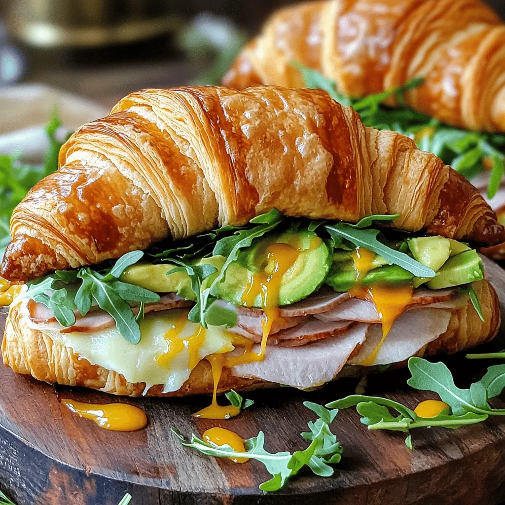 To make the perfect maple mustard croissant sandwich, you will need: - 2 buttery croissants - 1/4 cup maple mustard (mix 2 tbsp maple syrup with 2 tbsp Dijon mustard) - 4 slices of smoked turkey or chicken breast - 1/2 avocado, sliced - 1/4 cup fresh arugula - 2 slices of provolone cheese - Salt and pepper to taste - Optional: sliced pickles for added crunch You can personalize your sandwich with these options: - Sliced tomatoes for freshness - Crispy bacon for extra flavor - A drizzle of honey for sweetness - Spinach instead of arugula for a different green - Different cheese types like cheddar or gouda If you’re missing an ingredient, consider these substitutes: - Use any flaky pastry instead of croissants - Honey mustard can replace maple mustard - Use roast beef or ham instead of turkey or chicken - A different spread like hummus for a vegan option - Lettuce can stand in for arugula These ingredients will help you create a tasty and satisfying sandwich. Don’t forget to check the Full Recipe for detailed steps! To make the Maple Mustard Croissant Sandwich, gather your ingredients first. You will need two buttery croissants, maple mustard, smoked turkey or chicken, avocado, arugula, provolone cheese, and optional pickles. This simple recipe takes about 10 minutes to prep. 1. Preheat your oven to 350°F (175°C). This step is key if you want warm croissants. 2. Slice the croissants in half horizontally, if you prefer. Place them on a baking sheet. 3. Warm the croissants in the oven for about 5 minutes. They should be lightly toasted. 4. In a small bowl, mix two tablespoons of maple syrup with two tablespoons of Dijon mustard. This makes the maple mustard spread. 5. Take the bottom half of each croissant and spread a generous layer of the maple mustard. 6. Layer four slices of smoked turkey or chicken breast evenly on the mustard. 7. Add half an avocado, sliced, on top of the turkey. Then, sprinkle fresh arugula for a nice crunch. 8. Place a slice of provolone cheese on the arugula. If you want, add sliced pickles here too. 9. Close the sandwich with the top half of the croissant. 10. If you want the cheese melted, return the whole sandwich to the oven for another 5 minutes. 11. Slice the sandwich in half, serve, and enjoy your tasty creation! To get the best toast on your croissants, watch the time closely. Five minutes is usually perfect. If you like them crispier, add another minute. You can also use a skillet on low heat for toasting. Just keep an eye on them to avoid burning. For an extra touch, brush the croissants lightly with butter before toasting. This will add flavor and a lovely golden color. Enjoy each bite of this delicious sandwich! To boost flavor, start with fresh ingredients. Use ripe avocados and quality turkey. The maple mustard blend is key. Adjust its sweetness by adding more maple syrup. You can also add a splash of lemon juice for a zesty kick. For a smoky taste, try smoked cheese instead of provolone. Texture makes a big difference. Use fresh, buttery croissants for a flaky bite. Lightly toasting them adds crunch and warmth. Be careful not to over-toast, as they can become too hard. The creamy avocado and melted cheese create a nice contrast. Adding pickles gives a satisfying crunch. Presentation matters when serving food. Arrange the sandwiches on a wooden board. Garnish with fresh arugula for color. Drizzle leftover maple mustard on the board for a touch of flair. For a fun twist, serve with sweet potato fries or a simple salad. Enjoy your beautiful and tasty creation! {{image_2}} You can make a tasty vegetarian version of the maple mustard croissant sandwich. Start with the same buttery croissants. Instead of turkey or chicken, use roasted veggies. Grilled zucchini, bell peppers, and mushrooms work great. Add slices of fresh mozzarella for creaminess. Top with arugula and your maple mustard mix. This version is just as filling and packed with flavor. If you need a gluten-free option, you can use gluten-free croissants. Many stores sell these now. You can also use gluten-free bread. Just make sure it’s fresh and soft. The maple mustard spread will still taste amazing on these alternatives. It keeps the sandwich tasty and satisfying without the gluten. You have many protein choices for your filling. Instead of turkey or chicken, try ham or roast beef. Tofu or tempeh can also work if you want a plant-based option. For a lighter choice, consider smoked salmon. Each option brings its own flavor to the sandwich. Mix and match to find your favorite! For the complete recipe, check out the Full Recipe section. To keep your leftover sandwiches fresh, wrap them tightly in plastic wrap or aluminum foil. This method prevents air from drying them out. You can also place them in an airtight container for added protection. Store your wrapped sandwiches in the fridge if you plan to eat them within two days. When you want to enjoy your sandwich warm, the oven is your best friend. Preheat your oven to 350°F (175°C). Remove the wrap and place the sandwich on a baking sheet. Warm it for about 5-7 minutes. This way, the croissant stays crispy, and the cheese melts nicely. You can also use a toaster oven for quicker heating. Your sandwiches are best eaten fresh, but they can last in the fridge for up to two days. If you want to store them longer, consider freezing. Wrap each sandwich tightly in plastic wrap and place them in a freezer bag. They can last in the freezer for up to a month. To reheat, let them thaw in the fridge overnight before warming them in the oven. Enjoy your Maple Mustard Croissant Sandwich anytime with these storage tips! You can make a maple mustard mix at home. Combine equal parts of maple syrup and Dijon mustard. If you don’t have Dijon, yellow mustard works too. For a sweet twist, try honey mustard. You can also use other sweeteners, like agave syrup, to create a similar flavor. Each option brings a unique taste. Yes, you can prep the sandwich ahead. Assemble it without the croissants and store it in the fridge. Just keep the croissants separate to stay fresh. When you're ready to eat, warm the croissants and add the filling. This way, you enjoy a fresh sandwich even if you made it earlier. Local cafes often serve great croissant sandwiches. You can also search online for restaurants that feature gourmet sandwiches. If you're adventurous, make your own using the full recipe I shared. This way, you can adjust flavors to your liking. Enjoy the fun of making it at home! We covered the key ingredients, easy steps, and useful tips for the Maple Mustard Croissant Sandwich. You learned how to customize it and find substitutes for common items. I shared storage tips and answered common questions to help you enjoy your sandwich even more. Don’t hesitate to experiment with flavors and textures. This sandwich is a fun dish that can fit your tastes. Enjoy making this recipe your own!