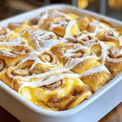 To make this tasty Cinnamon Roll Casserole, you will need: - 6 cups day-old cinnamon rolls, cut into bite-sized pieces - 6 large eggs - 1 cup whole milk - 1/2 cup heavy cream - 1/2 cup brown sugar - 1 tablespoon vanilla extract - 1 teaspoon ground cinnamon - 1/4 teaspoon nutmeg - 1/2 cup raisins (optional) - 1 cup cream cheese frosting (from the cinnamon rolls or homemade) - Powdered sugar, for dusting These ingredients create a sweet and creamy base. The day-old cinnamon rolls soak up all the flavors. Eggs and cream add richness, while milk makes it smooth. You can make this dish even better! Here are some fun ideas: - Fresh fruit, like sliced bananas or berries - Nuts, such as chopped walnuts or pecans - Chocolate chips for a sweet twist - A pinch of salt to balance the sweetness These extras give you a chance to personalize your casserole. Mix and match according to your taste! For the best results, I recommend using: - Whole milk and heavy cream for creaminess - Fresh eggs from a local farm for great flavor - High-quality cinnamon rolls, like those from a bakery Using good ingredients makes a big difference. You’ll taste the love and care in every bite! For the full recipe, check the detailed instructions above. Start by gathering all your ingredients. You need day-old cinnamon rolls, eggs, milk, heavy cream, brown sugar, vanilla extract, ground cinnamon, nutmeg, and optional raisins. Cut the cinnamon rolls into bite-sized pieces. In a large bowl, whisk the eggs, milk, heavy cream, brown sugar, vanilla, cinnamon, and nutmeg together until smooth. This mixture brings rich flavor. Slowly add the cinnamon roll pieces to this egg mix. Fold them in gently so they all get coated. If you want raisins, add them now. Preheat your oven to 350°F (175°C). Grease a 9x13 inch casserole dish with non-stick spray or butter. Pour your cinnamon roll mixture into this dish. Spread it out evenly. Now, take your cream cheese frosting and drizzle it over the top. Use a knife or toothpick to create swirls. This adds sweetness and flavor. Bake the casserole for 30 to 35 minutes. It should puff up and look golden. To check if it’s done, insert a toothpick into the center. If it comes out clean, your casserole is ready. If not, give it a few more minutes. Let the casserole cool for about 5 to 10 minutes before slicing. This helps it set. Just before serving, dust with powdered sugar for some extra sweetness. Enjoy your delicious Cinnamon Roll Casserole! For the full recipe, check my earlier section. To get a fluffy cinnamon roll casserole, use day-old cinnamon rolls. Fresh rolls can make the dish too dense. Cut them into small pieces, about one inch each. This helps them soak up the egg mixture well. When mixing the eggs and cream, whisk until it’s smooth. This adds air, making the casserole light. Bake at 350°F (175°C) until puffed up and golden. Check with a toothpick; it should come out clean. You can prep your casserole a day ahead. Mix everything but the frosting. Pour the mixture into the dish, then cover it with plastic wrap. Refrigerate overnight. In the morning, add the frosting and bake. If you want to freeze it, follow the same steps. Wrap it tightly in plastic and foil. It can last up to two months in the freezer. Thaw it overnight in the fridge before baking. Serve your cinnamon roll casserole warm from the oven. Dust it with powdered sugar for a sweet touch. Pair it with fresh fruit for a bright flavor. Berries or sliced bananas work great. For drinks, serve it with coffee or a bright fruit juice. This makes for a well-rounded breakfast that everyone will love. For the full recipe, check out the details above. {{image_2}} You can make your cinnamon roll casserole even better by adding fruit or nuts. Fresh fruits like apples, berries, or bananas add sweetness and freshness. Chop them up and mix them in with the cinnamon roll pieces. Nuts like walnuts or pecans add a nice crunch. Just sprinkle a handful in, and you get a great texture contrast. If you need gluten-free or dairy-free options, it's easy to adapt this recipe. Look for gluten-free cinnamon rolls at your local store. For dairy-free, use almond milk or coconut milk instead of whole milk and heavy cream. You can also use dairy-free cream cheese for the frosting. These swaps keep the flavors and textures you love while meeting your dietary needs. Get creative with unique twists! Try adding chocolate chips for a rich flavor. You can also use different spices like cardamom or ginger for a new taste profile. Another fun idea is to top it with a layer of peanut butter before baking. It melts into the casserole and adds a nutty flavor that pairs well with cinnamon. For the full recipe, check out the detailed instructions above. To keep your cinnamon roll casserole fresh, store it in an airtight container. Place it in the refrigerator within two hours of cooking. If you want to save some for later, cut it into portions. This makes it easy to grab a slice when you’re ready to enjoy it again. When you want to reheat the casserole, use the oven for the best results. Preheat your oven to 350°F (175°C). Place the casserole in a baking dish and cover it with foil. Heat for about 15-20 minutes. This keeps it moist and helps avoid a dry texture. You can also use the microwave if you're short on time. Just heat it for 30 seconds at a time until it warms through. In the fridge, your leftover casserole lasts about 3-4 days. If you want to keep it longer, freeze it. In the freezer, it can last for about 2-3 months. When you’re ready to use it, thaw it overnight in the fridge before reheating. This way, you can enjoy your cinnamon roll casserole without losing any of its delicious flavors. Yes, you can use fresh cinnamon rolls, but they may be too soft. Day-old rolls soak up the egg mixture better. This gives the casserole a hearty texture. If you use fresh rolls, consider cutting back on the milk and cream. This prevents the casserole from becoming too soggy. To adjust sweetness, you have a few options. You can reduce the brown sugar in the egg mixture. You can also choose a less sweet cream cheese frosting. If you like it sweeter, add some maple syrup. You can drizzle it on top before serving. This gives you control over the flavor you want. Yes, making this casserole overnight is easy! Just prepare it as normal and cover it tightly. Place it in the fridge. In the morning, bake it straight from the fridge. You may need to add a few extra minutes to the baking time. This way, you can enjoy a warm breakfast with less morning stress. If you don't have cream cheese frosting, you can use a few alternatives. A simple vanilla glaze works well. Just mix powdered sugar with a bit of milk and vanilla. You can also try whipped cream or chocolate sauce for a twist. These options give you tasty choices while keeping the flavor rich. For the full recipe, check out the detailed instructions above. This blog covered how to make a delicious cinnamon roll casserole. We explored key ingredients and how to mix them. I shared tips for baking and ensuring perfect fluffiness. Variations let you customize your dish with fruit or nuts. Plus, storage advice helps keep leftovers fresh. I hope you feel ready to create your own cinnamon roll casserole. Enjoy experimenting with flavors and sharing this treat. Happy cooking!