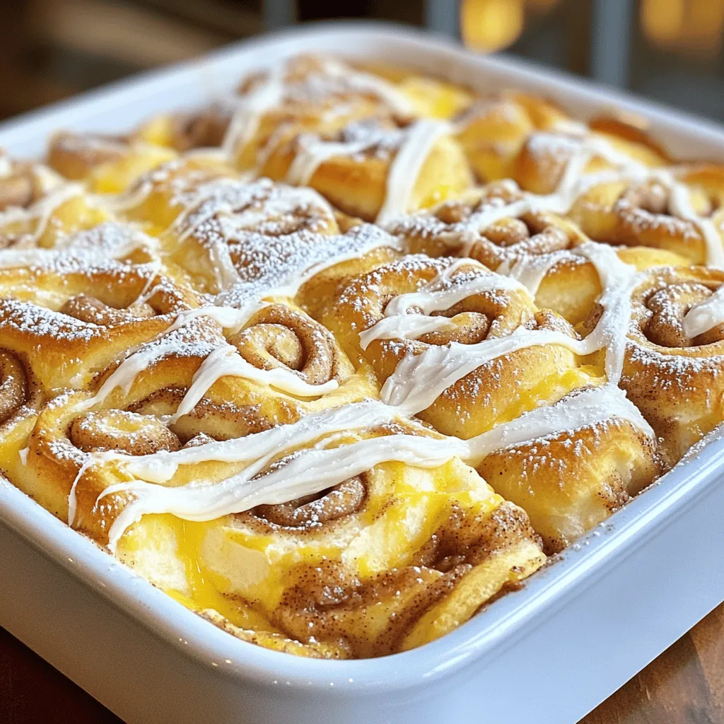 To make this tasty Cinnamon Roll Casserole, you will need: - 6 cups day-old cinnamon rolls, cut into bite-sized pieces - 6 large eggs - 1 cup whole milk - 1/2 cup heavy cream - 1/2 cup brown sugar - 1 tablespoon vanilla extract - 1 teaspoon ground cinnamon - 1/4 teaspoon nutmeg - 1/2 cup raisins (optional) - 1 cup cream cheese frosting (from the cinnamon rolls or homemade) - Powdered sugar, for dusting These ingredients create a sweet and creamy base. The day-old cinnamon rolls soak up all the flavors. Eggs and cream add richness, while milk makes it smooth. You can make this dish even better! Here are some fun ideas: - Fresh fruit, like sliced bananas or berries - Nuts, such as chopped walnuts or pecans - Chocolate chips for a sweet twist - A pinch of salt to balance the sweetness These extras give you a chance to personalize your casserole. Mix and match according to your taste! For the best results, I recommend using: - Whole milk and heavy cream for creaminess - Fresh eggs from a local farm for great flavor - High-quality cinnamon rolls, like those from a bakery Using good ingredients makes a big difference. You’ll taste the love and care in every bite! For the full recipe, check the detailed instructions above. Start by gathering all your ingredients. You need day-old cinnamon rolls, eggs, milk, heavy cream, brown sugar, vanilla extract, ground cinnamon, nutmeg, and optional raisins. Cut the cinnamon rolls into bite-sized pieces. In a large bowl, whisk the eggs, milk, heavy cream, brown sugar, vanilla, cinnamon, and nutmeg together until smooth. This mixture brings rich flavor. Slowly add the cinnamon roll pieces to this egg mix. Fold them in gently so they all get coated. If you want raisins, add them now. Preheat your oven to 350°F (175°C). Grease a 9x13 inch casserole dish with non-stick spray or butter. Pour your cinnamon roll mixture into this dish. Spread it out evenly. Now, take your cream cheese frosting and drizzle it over the top. Use a knife or toothpick to create swirls. This adds sweetness and flavor. Bake the casserole for 30 to 35 minutes. It should puff up and look golden. To check if it’s done, insert a toothpick into the center. If it comes out clean, your casserole is ready. If not, give it a few more minutes. Let the casserole cool for about 5 to 10 minutes before slicing. This helps it set. Just before serving, dust with powdered sugar for some extra sweetness. Enjoy your delicious Cinnamon Roll Casserole! For the full recipe, check my earlier section. To get a fluffy cinnamon roll casserole, use day-old cinnamon rolls. Fresh rolls can make the dish too dense. Cut them into small pieces, about one inch each. This helps them soak up the egg mixture well. When mixing the eggs and cream, whisk until it’s smooth. This adds air, making the casserole light. Bake at 350°F (175°C) until puffed up and golden. Check with a toothpick; it should come out clean. You can prep your casserole a day ahead. Mix everything but the frosting. Pour the mixture into the dish, then cover it with plastic wrap. Refrigerate overnight. In the morning, add the frosting and bake. If you want to freeze it, follow the same steps. Wrap it tightly in plastic and foil. It can last up to two months in the freezer. Thaw it overnight in the fridge before baking. Serve your cinnamon roll casserole warm from the oven. Dust it with powdered sugar for a sweet touch. Pair it with fresh fruit for a bright flavor. Berries or sliced bananas work great. For drinks, serve it with coffee or a bright fruit juice. This makes for a well-rounded breakfast that everyone will love. For the full recipe, check out the details above. {{image_2}} You can make your cinnamon roll casserole even better by adding fruit or nuts. Fresh fruits like apples, berries, or bananas add sweetness and freshness. Chop them up and mix them in with the cinnamon roll pieces. Nuts like walnuts or pecans add a nice crunch. Just sprinkle a handful in, and you get a great texture contrast. If you need gluten-free or dairy-free options, it's easy to adapt this recipe. Look for gluten-free cinnamon rolls at your local store. For dairy-free, use almond milk or coconut milk instead of whole milk and heavy cream. You can also use dairy-free cream cheese for the frosting. These swaps keep the flavors and textures you love while meeting your dietary needs. Get creative with unique twists! Try adding chocolate chips for a rich flavor. You can also use different spices like cardamom or ginger for a new taste profile. Another fun idea is to top it with a layer of peanut butter before baking. It melts into the casserole and adds a nutty flavor that pairs well with cinnamon. For the full recipe, check out the detailed instructions above. To keep your cinnamon roll casserole fresh, store it in an airtight container. Place it in the refrigerator within two hours of cooking. If you want to save some for later, cut it into portions. This makes it easy to grab a slice when you’re ready to enjoy it again. When you want to reheat the casserole, use the oven for the best results. Preheat your oven to 350°F (175°C). Place the casserole in a baking dish and cover it with foil. Heat for about 15-20 minutes. This keeps it moist and helps avoid a dry texture. You can also use the microwave if you're short on time. Just heat it for 30 seconds at a time until it warms through. In the fridge, your leftover casserole lasts about 3-4 days. If you want to keep it longer, freeze it. In the freezer, it can last for about 2-3 months. When you’re ready to use it, thaw it overnight in the fridge before reheating. This way, you can enjoy your cinnamon roll casserole without losing any of its delicious flavors. Yes, you can use fresh cinnamon rolls, but they may be too soft. Day-old rolls soak up the egg mixture better. This gives the casserole a hearty texture. If you use fresh rolls, consider cutting back on the milk and cream. This prevents the casserole from becoming too soggy. To adjust sweetness, you have a few options. You can reduce the brown sugar in the egg mixture. You can also choose a less sweet cream cheese frosting. If you like it sweeter, add some maple syrup. You can drizzle it on top before serving. This gives you control over the flavor you want. Yes, making this casserole overnight is easy! Just prepare it as normal and cover it tightly. Place it in the fridge. In the morning, bake it straight from the fridge. You may need to add a few extra minutes to the baking time. This way, you can enjoy a warm breakfast with less morning stress. If you don't have cream cheese frosting, you can use a few alternatives. A simple vanilla glaze works well. Just mix powdered sugar with a bit of milk and vanilla. You can also try whipped cream or chocolate sauce for a twist. These options give you tasty choices while keeping the flavor rich. For the full recipe, check out the detailed instructions above. This blog covered how to make a delicious cinnamon roll casserole. We explored key ingredients and how to mix them. I shared tips for baking and ensuring perfect fluffiness. Variations let you customize your dish with fruit or nuts. Plus, storage advice helps keep leftovers fresh. I hope you feel ready to create your own cinnamon roll casserole. Enjoy experimenting with flavors and sharing this treat. Happy cooking!