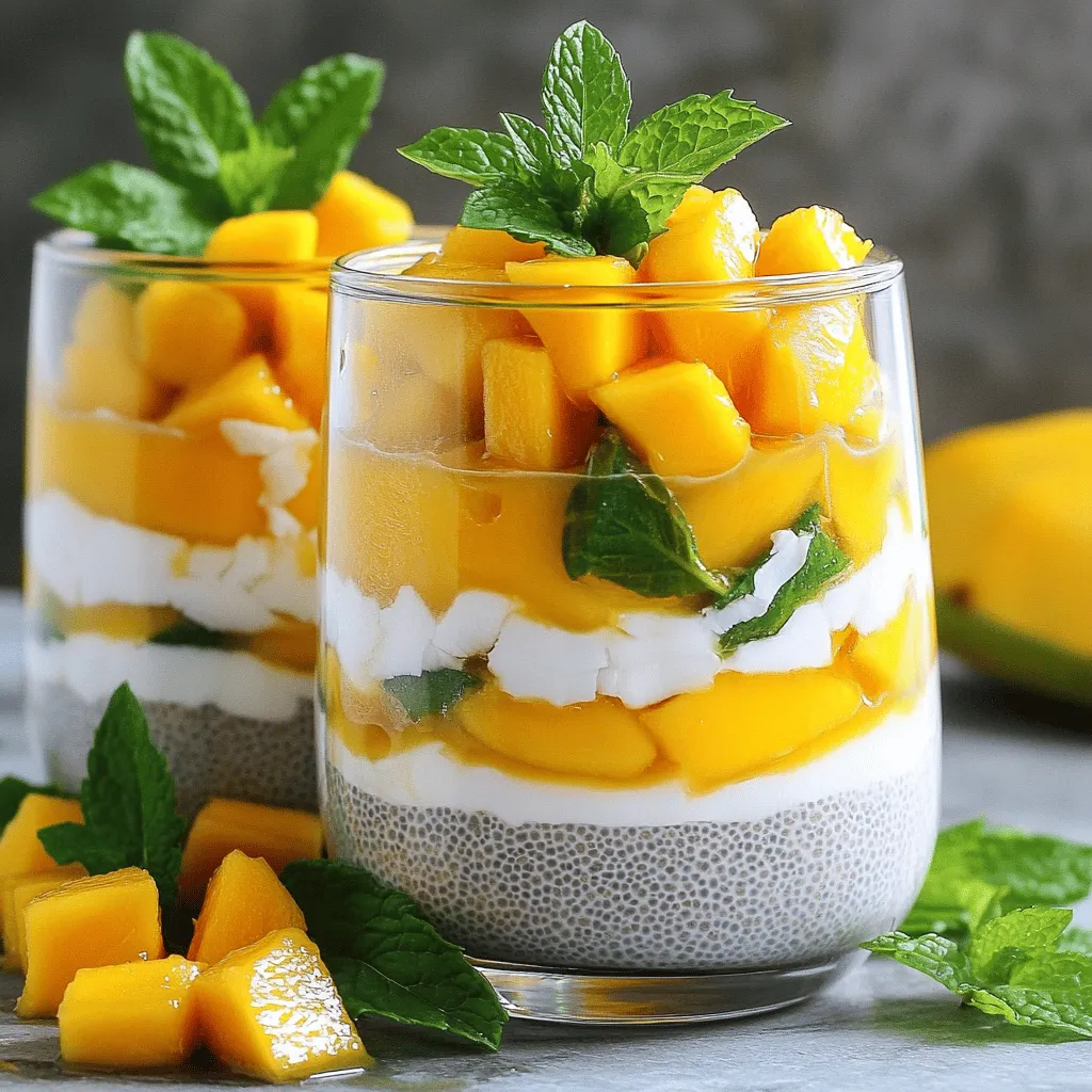 To create your Mango Coconut Chia Pudding, gather these simple ingredients: - 1/2 cup chia seeds - 2 cups coconut milk (canned or carton) - 2 ripe mangoes, diced - 2 tablespoons maple syrup (or honey) - 1 teaspoon vanilla extract - A pinch of sea salt - Fresh mint leaves for garnish (optional) These ingredients come together to form a creamy and delightful treat. You can easily swap some ingredients based on your taste or what you have. Here are a few ideas: - Chia seeds: You can use flax seeds, but the texture will differ. - Coconut milk: Almond milk or oat milk works too, but may change the taste. - Maple syrup: Try agave syrup or brown sugar for sweetness. - Mangoes: Pineapple or peaches can replace mango for a new flavor. These swaps keep your pudding fresh and fun. Each ingredient in this chia pudding is packed with benefits: - Chia seeds: These tiny seeds are full of fiber, which helps digestion. They also provide omega-3 fatty acids, good for heart health. - Coconut milk: Rich in healthy fats, coconut milk adds creaminess. It also supports hydration and may boost energy. - Mangoes: Mangoes are high in vitamins A and C. They help your immune system and keep your skin healthy. - Maple syrup: This natural sweetener has antioxidants and minerals. It’s a better choice than refined sugar. - Mint leaves: While optional, mint adds flavor and can soothe your stomach. These ingredients not only taste good but also nourish your body. For the full recipe, check out the section above. To start, grab a medium bowl. Add the chia seeds and coconut milk. I like to use canned coconut milk for a creamier texture. Next, mix in the maple syrup, vanilla extract, and a pinch of sea salt. Whisk these ingredients well. You want the chia seeds to spread evenly in the mixture. This step is key for a smooth pudding. Once mixed, cover the bowl with plastic wrap or a lid. Now, it's time for the chia seeds to work their magic. Place the bowl in the fridge for at least four hours or overnight. This chilling time helps the chia seeds absorb the liquid. When you return, the mixture will have thickened into a pudding-like texture. Stir it well to break up any clumps that may have formed. Now comes the fun part. You’ll need some individual serving glasses or bowls. Start with a layer of the chia pudding at the bottom. Next, add a layer of diced mango on top. Repeat the layers until you use all the ingredients. Finish with a layer of mango for a pop of color. If you like, garnish with fresh mint leaves for a fresh touch. Enjoy your delightful treat! For the complete recipe, check the Full Recipe section. To get the right texture, use the right ratio of chia seeds to liquid. I recommend using 1/4 cup of chia seeds for every cup of liquid. This mix creates a thick, creamy pudding. Stir the mixture well right after adding the seeds. This helps them disperse evenly. Let it sit for a few minutes, then stir again. This prevents clumping. For a thicker pudding, let it chill longer. If it's too thick, add a bit more coconut milk to loosen it up. Store your chia pudding in clean, airtight containers. Glass jars work great for this. Keep them in the fridge for up to five days. If you want to make it ahead, prepare the pudding base and store it without toppings. This keeps the flavors fresh. When you are ready to serve, add your toppings like mango. This keeps everything crisp and tasty. Toppings can take your pudding to the next level. Fresh fruits like berries or bananas add sweetness and color. Nuts or seeds give a nice crunch. Try adding a drizzle of honey or maple syrup for extra sweetness. You can even sprinkle on some shredded coconut for texture. Experimenting with toppings makes each serving unique. For the full recipe, keep your toppings simple, or go wild and mix different flavors! {{image_2}} You can change the fruit in your chia pudding. Try using berries like strawberries or blueberries. You can also use bananas or peaches for a fun twist. Each fruit brings a new flavor and texture. Mixing different fruits can make each bite exciting. If you want to change the sweetness, try different options. You can use agave syrup instead of maple syrup. For a less sweet option, use mashed ripe bananas. Honey is another great choice if you prefer it. Each sweetener will give a unique taste to your pudding. To make this recipe dairy-free, stick with coconut milk. It gives a creamy texture and rich flavor. If you want a nutty taste, try almond milk. For a vegan option, use maple syrup or agave. Both are plant-based and add sweetness. You can enjoy this treat while keeping your diet in mind. You can find the full recipe for Mango Coconut Chia Pudding above. To store any leftover mango coconut chia pudding, place it in an airtight container. This will keep it fresh for when you want to enjoy it again. Make sure to cover it tightly to avoid any air exposure. You can store it in the fridge for up to five days. You can freeze this chia pudding if you want to save it for later. Portion it into small containers or ice cube trays. This way, you can thaw just what you need. When ready to eat, just transfer it to the fridge overnight to thaw. Avoid freezing any fresh mango or mint, as they do not freeze well. The chia pudding lasts about five days in the fridge. After this time, the texture may change. If it looks watery or smells off, it’s best to toss it. Always check for freshness before eating. Proper storage helps maintain its delightful taste and creamy texture. For the full recipe, refer to the section above. You can store Mango Coconut Chia Pudding in the fridge for up to five days. Make sure to keep it in an airtight container. This will help keep it fresh and tasty. Over time, the pudding may thicken or soak up more liquid. If it gets too thick, just stir in a little more coconut milk before serving. Yes, you can use other types of milk! Almond milk, soy milk, or oat milk work well too. Each milk adds a different taste. For a creamier texture, stick with coconut milk or try whole milk. Just remember to adjust the sweetness if your milk is flavored or sweetened. There are many fun ways to serve Mango Coconut Chia Pudding. Here are some ideas: - Layering: Serve it in clear cups to show off the layers. Alternate between chia pudding and diced mango. - Toppings: Add fresh fruit, like berries or banana slices. Nuts or seeds add crunch too. - Syrups: Drizzle honey or maple syrup on top for added sweetness. - Scoop: Serve it with granola on top for a breakfast treat. For the full recipe, you can check out the steps above. Enjoy making this delightful treat! This blog post covered how to make Mango Coconut Chia Pudding. We explored ingredients, step-by-step instructions, and tips for perfect pudding. I shared ways to change flavors and how to store it well. Try this recipe and enjoy all its health benefits. Pudding is not just tasty; it’s fun to make. I hope you feel inspired to create your own delicious chia pudding at home!