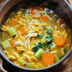 To make a warm bowl of classic chicken noodle soup, you need simple yet fresh ingredients. Here’s what I use: - 2 tablespoons olive oil - 1 medium onion, diced - 3 cloves garlic, minced - 3 medium carrots, sliced - 2 celery stalks, sliced - 8 cups low-sodium chicken broth - 2 cups cooked chicken, shredded - 1 teaspoon dried thyme - 1 bay leaf - 8 ounces egg noodles - Salt and pepper to taste - Fresh parsley, chopped for garnish Each ingredient plays a role in building flavor. The olive oil adds richness while the onion and garlic bring depth. Carrots and celery add sweetness and crunch. Chicken broth forms the soup's heart, making it warm and comforting. Shredded chicken gives it protein and satisfying texture. Dried thyme adds an earthy note, and the bay leaf enhances the aroma. Egg noodles soak up the broth, making each spoonful a delight. When you gather these ingredients, remember that quality matters. Fresh veggies make a big difference. You can find the complete recipe in the [Full Recipe] for detailed steps. 1. In a large pot, heat 2 tablespoons of olive oil over medium heat. 2. Add 1 medium diced onion and sauté until soft, about 5 minutes. 3. Next, add 3 cloves of minced garlic, 3 sliced carrots, and 2 sliced celery stalks. 4. Cook these together for another 5 minutes. This mix will start to smell great! 1. Now, pour in 8 cups of low-sodium chicken broth. 2. Bring the mixture to a gentle boil. It should bubble nicely. 3. Stir in 2 cups of shredded cooked chicken, 1 teaspoon of dried thyme, and 1 bay leaf. 4. Reduce the heat and let it simmer for 15 minutes. This allows the flavors to mix well. 1. Add 8 ounces of egg noodles to the pot. 2. Cook the noodles based on package instructions, usually 7 to 10 minutes, until they are al dente. 3. Remove the bay leaf. This step is important for taste! 4. Season the soup with salt and pepper as you like. 5. Serve hot and garnish with fresh chopped parsley for extra flavor and color. For a full recipe, check out the details above. Enjoy this warm, cozy dish! To get the best flavor, I always recommend using homemade stock. It adds depth and warmth that store-bought can’t match. If you’re short on time, use low-sodium broth, but taste it first. Adjust the seasoning based on your preference. Some like more salt, while others enjoy a dash of pepper. One common mistake is overcooking the noodles. They can become mushy and lose their texture. Cook them just until they're al dente. Another mistake is forgetting to remove the bay leaf before serving. It adds flavor during cooking, but it’s not meant to be eaten. Fresh herbs can take your soup to the next level. I love adding parsley or dill for a burst of freshness. You can also use lemon to brighten the flavors. Just a squeeze before serving makes a big difference. Enjoy these small tweaks to elevate your classic chicken noodle soup! {{image_2}} You can change the protein in your soup for fun. Instead of rotisserie chicken, try turkey. It works well and adds a nice twist. If you want a plant-based option, use tofu. Just make sure to press it first to remove excess water. This helps the tofu absorb flavors better. Adding veggies boosts nutrition and flavor. For summer, consider sweet corn or zucchini. These veggies add a fresh taste to your soup. You can also add greens like spinach or kale. They cook quickly and add a nice color. Just toss them in during the last few minutes of cooking. Switch up the noodles for a healthier option. Whole wheat noodles add fiber and a nutty taste. If you need gluten-free, use rice noodles or gluten-free pasta. Both options work well and keep the soup hearty. Just be sure to adjust cooking times based on the noodle type. For the full recipe, check the section above. Enjoy experimenting with these variations! To keep your chicken noodle soup fresh, store it in the fridge. Use an airtight container. This helps prevent spills and keeps flavors intact. Your soup will last about 3 to 4 days in the fridge. If you want to keep it longer, freeze it. Just make sure to leave some space in the container for expansion. In the freezer, the soup can last up to 3 months. When it’s time to enjoy your soup again, reheat it on the stove. This method warms it evenly. Stir occasionally to prevent sticking. If you prefer the microwave, use a microwave-safe bowl. Heat in short bursts and stir in between. If the soup thickens during storage, add a little water or broth. This will help restore its creamy texture. Enjoy your comforting bowl of chicken noodle soup! To freeze chicken noodle soup, let it cool first. Then, pour it into airtight containers. Leave space at the top for expansion. You can also use freezer bags. Lay them flat to save space. When ready to eat, thaw it overnight in the fridge. Heat on the stove or in the microwave. Add a bit of broth if it seems too thick. Yes, making chicken noodle soup in a slow cooker is easy. Start by adding olive oil, diced onion, minced garlic, carrots, and celery. Pour in the chicken broth, then add shredded chicken, thyme, and a bay leaf. Set your slow cooker on low for 6-8 hours or high for 3-4 hours. Add the egg noodles in the last 30 minutes of cooking. This method gives the soup a deep flavor. To make low-sodium chicken noodle soup, use low-sodium chicken broth. Avoid adding extra salt. You can enhance flavor with herbs like thyme and parsley. Fresh lemon juice can also add brightness without sodium. Always taste before adding any salt. This way, you keep the soup tasty and healthy. If you need a substitute for egg noodles, try whole wheat noodles. Rice noodles work well too. You can even use thin pasta like vermicelli. For a gluten-free option, choose gluten-free pasta. Cook them separately, then add them to the soup. This keeps the noodles from getting mushy. You now have a clear guide to making classic chicken noodle soup. We covered key ingredients, cooking steps, and helpful tips to boost flavor. Remember to avoid common mistakes, like overcooked noodles. You can try variations with different proteins and veggies for new tastes. Storing and reheating properly keeps your soup fresh. Use this knowledge to create your perfect bowl. Enjoy making this comfort food with confidence!