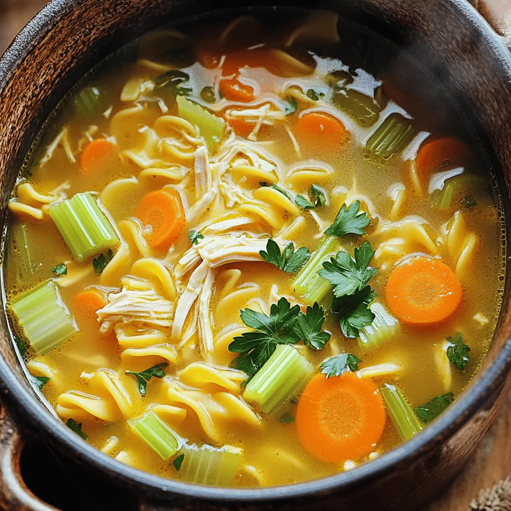 To make a warm bowl of classic chicken noodle soup, you need simple yet fresh ingredients. Here’s what I use: - 2 tablespoons olive oil - 1 medium onion, diced - 3 cloves garlic, minced - 3 medium carrots, sliced - 2 celery stalks, sliced - 8 cups low-sodium chicken broth - 2 cups cooked chicken, shredded - 1 teaspoon dried thyme - 1 bay leaf - 8 ounces egg noodles - Salt and pepper to taste - Fresh parsley, chopped for garnish Each ingredient plays a role in building flavor. The olive oil adds richness while the onion and garlic bring depth. Carrots and celery add sweetness and crunch. Chicken broth forms the soup's heart, making it warm and comforting. Shredded chicken gives it protein and satisfying texture. Dried thyme adds an earthy note, and the bay leaf enhances the aroma. Egg noodles soak up the broth, making each spoonful a delight. When you gather these ingredients, remember that quality matters. Fresh veggies make a big difference. You can find the complete recipe in the [Full Recipe] for detailed steps. 1. In a large pot, heat 2 tablespoons of olive oil over medium heat. 2. Add 1 medium diced onion and sauté until soft, about 5 minutes. 3. Next, add 3 cloves of minced garlic, 3 sliced carrots, and 2 sliced celery stalks. 4. Cook these together for another 5 minutes. This mix will start to smell great! 1. Now, pour in 8 cups of low-sodium chicken broth. 2. Bring the mixture to a gentle boil. It should bubble nicely. 3. Stir in 2 cups of shredded cooked chicken, 1 teaspoon of dried thyme, and 1 bay leaf. 4. Reduce the heat and let it simmer for 15 minutes. This allows the flavors to mix well. 1. Add 8 ounces of egg noodles to the pot. 2. Cook the noodles based on package instructions, usually 7 to 10 minutes, until they are al dente. 3. Remove the bay leaf. This step is important for taste! 4. Season the soup with salt and pepper as you like. 5. Serve hot and garnish with fresh chopped parsley for extra flavor and color. For a full recipe, check out the details above. Enjoy this warm, cozy dish! To get the best flavor, I always recommend using homemade stock. It adds depth and warmth that store-bought can’t match. If you’re short on time, use low-sodium broth, but taste it first. Adjust the seasoning based on your preference. Some like more salt, while others enjoy a dash of pepper. One common mistake is overcooking the noodles. They can become mushy and lose their texture. Cook them just until they're al dente. Another mistake is forgetting to remove the bay leaf before serving. It adds flavor during cooking, but it’s not meant to be eaten. Fresh herbs can take your soup to the next level. I love adding parsley or dill for a burst of freshness. You can also use lemon to brighten the flavors. Just a squeeze before serving makes a big difference. Enjoy these small tweaks to elevate your classic chicken noodle soup! {{image_2}} You can change the protein in your soup for fun. Instead of rotisserie chicken, try turkey. It works well and adds a nice twist. If you want a plant-based option, use tofu. Just make sure to press it first to remove excess water. This helps the tofu absorb flavors better. Adding veggies boosts nutrition and flavor. For summer, consider sweet corn or zucchini. These veggies add a fresh taste to your soup. You can also add greens like spinach or kale. They cook quickly and add a nice color. Just toss them in during the last few minutes of cooking. Switch up the noodles for a healthier option. Whole wheat noodles add fiber and a nutty taste. If you need gluten-free, use rice noodles or gluten-free pasta. Both options work well and keep the soup hearty. Just be sure to adjust cooking times based on the noodle type. For the full recipe, check the section above. Enjoy experimenting with these variations! To keep your chicken noodle soup fresh, store it in the fridge. Use an airtight container. This helps prevent spills and keeps flavors intact. Your soup will last about 3 to 4 days in the fridge. If you want to keep it longer, freeze it. Just make sure to leave some space in the container for expansion. In the freezer, the soup can last up to 3 months. When it’s time to enjoy your soup again, reheat it on the stove. This method warms it evenly. Stir occasionally to prevent sticking. If you prefer the microwave, use a microwave-safe bowl. Heat in short bursts and stir in between. If the soup thickens during storage, add a little water or broth. This will help restore its creamy texture. Enjoy your comforting bowl of chicken noodle soup! To freeze chicken noodle soup, let it cool first. Then, pour it into airtight containers. Leave space at the top for expansion. You can also use freezer bags. Lay them flat to save space. When ready to eat, thaw it overnight in the fridge. Heat on the stove or in the microwave. Add a bit of broth if it seems too thick. Yes, making chicken noodle soup in a slow cooker is easy. Start by adding olive oil, diced onion, minced garlic, carrots, and celery. Pour in the chicken broth, then add shredded chicken, thyme, and a bay leaf. Set your slow cooker on low for 6-8 hours or high for 3-4 hours. Add the egg noodles in the last 30 minutes of cooking. This method gives the soup a deep flavor. To make low-sodium chicken noodle soup, use low-sodium chicken broth. Avoid adding extra salt. You can enhance flavor with herbs like thyme and parsley. Fresh lemon juice can also add brightness without sodium. Always taste before adding any salt. This way, you keep the soup tasty and healthy. If you need a substitute for egg noodles, try whole wheat noodles. Rice noodles work well too. You can even use thin pasta like vermicelli. For a gluten-free option, choose gluten-free pasta. Cook them separately, then add them to the soup. This keeps the noodles from getting mushy. You now have a clear guide to making classic chicken noodle soup. We covered key ingredients, cooking steps, and helpful tips to boost flavor. Remember to avoid common mistakes, like overcooked noodles. You can try variations with different proteins and veggies for new tastes. Storing and reheating properly keeps your soup fresh. Use this knowledge to create your perfect bowl. Enjoy making this comfort food with confidence!