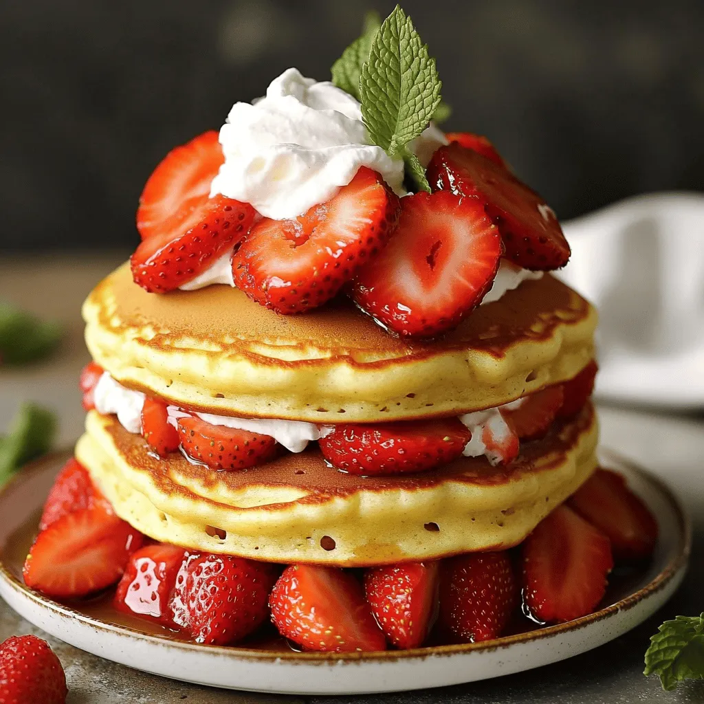 When making strawberry shortcake pancakes, you need fresh and simple ingredients. Here’s the list of what you need: - 1 cup all-purpose flour - 1 tablespoon baking powder - 1 tablespoon sugar - 1/2 teaspoon salt - 1 cup milk - 1 large egg - 2 tablespoons melted butter - 1 teaspoon vanilla extract - 1 cup fresh strawberries, sliced - 1/2 cup whipped cream (store-bought or homemade) - Extra strawberries and mint for garnish (optional) These ingredients work together to create light and fluffy pancakes with sweet strawberry flavor. The flour and baking powder give structure, while sugar adds sweetness. Milk and egg keep the batter moist and rich. Vanilla extract enhances the taste and aroma. Fresh strawberries are the star here. They not only add flavor but also a bright color. Whipped cream makes it feel like a treat, adding creaminess to each bite. Use quality ingredients for the best results. Fresh strawberries should be ripe and sweet. If you want a special touch, add mint leaves for garnish. This dish is not just a breakfast; it’s a celebration of flavors. Check out the Full Recipe for complete instructions on making these delicious pancakes! To start, we need to mix our dry and wet ingredients. In a large bowl, combine: - 1 cup all-purpose flour - 1 tablespoon baking powder - 1 tablespoon sugar - 1/2 teaspoon salt Whisk these together until they blend well. In another bowl, mix: - 1 cup milk - 1 large egg - 2 tablespoons melted butter - 1 teaspoon vanilla extract Stir this mixture until it’s smooth. Next, pour the wet mixture into the dry ingredients. Be gentle when mixing. A few lumps in the batter are okay. Overmixing can make your pancakes tough, and we want them light and fluffy. Now it's time to cook! Preheat a non-stick skillet or griddle over medium heat. Lightly grease it with butter or cooking spray. This step is key to prevent sticking. Once hot, pour about 1/4 cup of batter for each pancake. Watch closely as bubbles form on the surface, which takes about 2-3 minutes. This is your sign to flip! Carefully turn the pancakes and cook for another 1-2 minutes until golden brown. Remove them from the skillet and keep them warm while you repeat with the remaining batter. Now for the fun part! To assemble, take 2-3 pancakes and stack them on a plate. Layer sliced strawberries over the top and finish with a dollop of whipped cream. You can use either store-bought or homemade whipped cream. For a beautiful presentation, add extra strawberries around the stack and a sprig of mint on top. This adds color and looks great for serving. You can find the full recipe in the previous section. Enjoy your flavorful breakfast treat! Getting the right pancake texture is key. Start with room temperature ingredients. This helps the batter mix well and rise nicely. Cold milk or eggs can lead to dense pancakes. To fluff up your pancakes, gently fold the batter. Do not overmix; a few lumps are fine. You can also separate the egg whites and yolks. Beat the whites until soft peaks form, then fold them in for added airiness. You can boost flavor in many ways. Try adding a pinch of cinnamon or nutmeg to the batter. Vanilla extract also gives a warm, sweet note. Choose ripe strawberries for the best taste. Look for bright red berries with no white spots. They should smell sweet. Slice them just before serving to keep them fresh. Using the right tools makes a big difference. A non-stick skillet or griddle is best for cooking pancakes. It helps prevent sticking and gives an even cook. A sturdy spatula is also essential. It should be wide enough to lift pancakes without breaking them. If you have a griddle, use it! It cooks multiple pancakes at once and keeps them warm. For more details on making these delicious pancakes, check out the Full Recipe. {{image_2}} You can mix things up with your Strawberry Shortcake Pancakes. Try adding chocolate chips for a sweet twist. This extra flavor pairs well with the strawberries. Nuts like walnuts or pecans also add a nice crunch. You can choose your favorite nuts to make each bite exciting. Incorporating different berries is another fun idea. Blueberries or raspberries work great with the pancake mix. They add a burst of flavor and color. You can even create a mixed berry pancake stack for a vibrant breakfast! If you need gluten-free options, you can use gluten-free flour. This swap will keep your pancakes fluffy and tasty. There are many great blends available in stores. Just read the package for the right amount to use. For vegan substitutes, replace the egg with a flaxseed mixture. Mix one tablespoon of ground flaxseed with two and a half tablespoons of water. Let it sit for a few minutes to thicken. You can also use plant-based milk instead of regular milk. Coconut or almond milk gives a nice flavor. You can adapt this recipe for other fruits as well. In summer, peaches or nectarines are delicious choices. In the fall, try apples or pears for a warm, cozy flavor. You can just slice the fruit and layer it between the pancakes. Holiday-themed versions can also be fun! For Thanksgiving, add pumpkin spice to the batter. Top it with cranberries and whipped cream for a festive touch. In winter, use citrus fruits like oranges or grapefruit for a bright, refreshing taste. For the full recipe, check out the detailed instructions earlier. To keep your pancakes fresh, store them in an airtight container. This helps prevent them from drying out. You can place parchment paper between layers to stop them from sticking. In the fridge, pancakes stay good for about three days. If you want them to last longer, freezing is a great option. Freezing pancakes is simple. Stack them with parchment paper in between each one. Then, wrap the stack in plastic wrap or foil. Place the wrapped pancakes in a freezer bag. When you want to eat them, just pull out a few. Reheat them in the microwave for about 30 seconds or in a toaster. They will taste just as good. To keep the flavor, eat them within two months. You can prepare the batter a day ahead. Just mix the dry and wet ingredients, then store the batter in the fridge. This saves time in the morning. For the strawberries, slice them ahead and keep them in the fridge. Whipped cream can also be made in advance. Just store it in a sealed container. Everything will be ready for a quick and tasty breakfast treat. For the full recipe, check out the details above. To make your pancakes fluffier, try these tips: - Use fresh baking powder: Check the expiration date. Old baking powder won't rise well. - Separate egg whites: Beat the whites until stiff peaks form. Fold them gently into the batter. - Use buttermilk: This adds more acidity, which helps the pancakes rise. - Don’t overmix: Stir just until combined. A few lumps are okay. This keeps the batter airy. These tips can help you achieve light and fluffy pancakes every time. Yes, you can use frozen strawberries! Just remember to thaw and drain them first. This prevents excess moisture in your pancakes. Frozen strawberries can be sweet and tasty. They work well if fresh ones are not available. However, fresh strawberries offer a brighter flavor and better texture. If you choose frozen, use them in your pancakes or as a topping. They melt beautifully with the warm pancakes. You can prepare the batter the night before, but store it properly. Cover the bowl tightly with plastic wrap or use an airtight container. Keep it in the fridge. The next day, stir the batter gently before cooking. If it thickens, add a splash of milk to loosen it. Remember, overnight storage may change the texture slightly. Fresh pancakes are always the best! But this trick can save you time in the morning. For the full recipe, check out the steps above. You now have a clear guide for making delicious strawberry shortcake pancakes. We covered ingredients, step-by-step instructions, and tips for perfecting your pancakes. Remember to avoid overmixing and keep an eye on your skillet. Feel free to try different flavors or dietary options. Whether you enjoy them fresh or save some for later, these pancakes can brighten any meal. Dive in and enjoy your tasty creation!