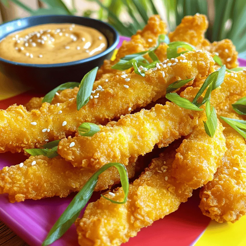 - 1 lb (450g) boneless chicken breasts - 1/2 cup cornstarch - 1/2 cup all-purpose flour - 1 teaspoon garlic powder - 1 teaspoon onion powder - 1 teaspoon smoked paprika - 1/2 teaspoon salt - 1/4 teaspoon black pepper - 1/2 cup mayonnaise - 2 tablespoons sweet chili sauce - 1 tablespoon sriracha - 1 tablespoon honey - 1 teaspoon lime juice To make Bang Bang Chicken, gather all your ingredients first. The chicken is key for a good meal. You want boneless chicken breasts. They cook well and stay juicy. The cornstarch and flour mix gives the chicken its crispy shell. Next, season the flour mix. Garlic and onion powders add flavor. Smoked paprika brings a warm taste. Salt and black pepper balance everything. This mix makes your chicken not just crispy but also tasty. For the sauce, use mayonnaise as the base. Sweet chili sauce adds a nice kick. Sriracha brings heat, but you can adjust it for your taste. Honey balances the heat with sweetness. Lime juice finishes the sauce with brightness. Don't forget to check the [Full Recipe] for all steps. - Mix dry ingredients for coating: In a bowl, combine 1/2 cup cornstarch, 1/2 cup all-purpose flour, 1 teaspoon garlic powder, 1 teaspoon onion powder, 1 teaspoon smoked paprika, 1/2 teaspoon salt, and 1/4 teaspoon black pepper. This mix gives the chicken a tasty crunch. - Dredge chicken strips in egg and flour mixture: Take your 1 lb of sliced chicken breasts. Dip each strip in the beaten egg, then coat it with the dry mix. Make sure the chicken is well-covered. This step is key to getting that crispy texture. - Heat oil and test for readiness: Pour about 1/2 inch of vegetable oil into a large skillet. Heat it over medium-high heat. To test if your oil is hot enough, sprinkle a little flour into it. If it sizzles and bubbles, you’re ready to fry. - Fry chicken strips to crispy perfection: Carefully place the breaded chicken strips in the hot oil. Don't crowd the pan; fry in batches if needed. Cook for about 4-5 minutes on each side. Look for a golden brown color. Once done, transfer the chicken to a plate lined with paper towels to soak up extra oil. - Whisk together all sauce ingredients until smooth: In a small bowl, mix 1/2 cup mayonnaise, 2 tablespoons sweet chili sauce, 1 tablespoon sriracha, 1 tablespoon honey, and 1 teaspoon lime juice. Whisk until smooth. The sauce adds a creamy, spicy kick to the chicken. For the full recipe, check out the details above! To get the perfect crispiness, focus on your coating. Use cornstarch and flour in equal parts. This blend gives a light and crunchy texture. Make sure to coat each chicken strip well. Press the mixture onto the chicken to help it stick. For frying, heat the oil to about 350°F (175°C). This temperature ensures quick cooking and a golden outside. To check if the oil is ready, drop a bit of the coating mix in. If it sizzles and floats, you’re good to go. Fry in small batches so the temperature stays steady. If you want a lighter dish, consider baking instead of frying. Preheat your oven to 425°F (220°C). Place the coated chicken strips on a baking sheet lined with parchment paper. Bake for about 20 minutes, flipping halfway through. This gives you a crispy texture without all the oil. You can also lighten the Bang Bang sauce. Swap out mayonnaise for Greek yogurt. This keeps the creaminess while adding protein. You can use less honey or a sugar-free option too. These changes make the dish healthier without losing flavor. Garnish your Bang Bang Chicken with fresh herbs like cilantro or green onions. This adds a pop of color and flavor. You can also sprinkle sesame seeds on top for extra crunch. When serving, consider a large platter. Arrange the chicken in a circle with a bowl of sauce in the center. This makes it easy for guests to dip. Pair it with steamed rice or a fresh salad for a complete meal. For more details, check the Full Recipe. {{image_2}} To make Bang Bang Chicken extra spicy, you can adjust the heat level easily. - Increasing sriracha for heat: Want more spice? Add more sriracha to the sauce. Start with a tablespoon and taste. - Adding chili paste for extra flavor: Mix in chili paste for a unique kick. This will add depth to the sauce. These changes will give your dish a new twist. Sometimes, you may need to switch ingredients. Here are some great options. - Gluten-free options for coating: Use a gluten-free flour mix instead of all-purpose flour. Cornstarch is also gluten-free and works well. - Vegan alternatives for Bang Bang Chicken: Try tofu or tempeh instead of chicken. Use plant-based mayo for the sauce. These swaps can still give you a tasty meal. Bang Bang Chicken is versatile. You can serve it in many fun ways. - Transform into Bang Bang Chicken Wraps: Place chicken strips in a wrap with veggies. Add sauce for flavor. This makes a great lunch. - Incorporating into salads or rice bowls: Toss crispy chicken on a fresh salad. Or mix it into a rice bowl for a hearty meal. These serving styles are perfect for any occasion. To keep your Bang Bang Chicken fresh, store it right. Place the cooked chicken in an airtight container. This helps keep the moisture in and prevents drying out. I recommend using glass containers or BPA-free plastic ones. They seal well and are easy to clean. If you want to keep it crispy, store the chicken separate from the sauce. This way, it stays crunchy. When you want to eat your leftovers, reheating is key. For the best results, use an oven or air fryer. Both keep the chicken crispy and warm. Preheat the oven to 375°F (190°C). Place the chicken on a baking sheet. Heat it for about 10-12 minutes, flipping halfway through. If using an air fryer, set it to 350°F (175°C) and heat for about 5-7 minutes. This will help retain that delightful crunch. If you want to store Bang Bang Chicken for longer, freezing works great. First, let the chicken cool completely. Then, place it in a freezer-safe bag or container. Make sure to remove as much air as possible. This helps avoid freezer burn. You can freeze it for up to three months. When you’re ready to eat, take it out and defrost in the fridge overnight. To reheat, follow the methods above, ensuring it stays crispy. Enjoy your Bang Bang Chicken anytime with these easy tips! Don’t forget to check the Full Recipe for more details. Bang Bang Chicken is a mix of crispy and creamy flavors. The chicken is crunchy on the outside and tender inside. The Bang Bang sauce adds a sweet and spicy kick. It has a rich taste from the mayonnaise and chili sauce. The lime juice gives it a fresh touch. Together, they create a flavor explosion that keeps you wanting more. Yes, you can prep Bang Bang Chicken ahead. You can coat the chicken strips in the dry mix and store them in the fridge. For the best crispiness, fry them just before serving. You can also make the sauce in advance. Just store it in a sealed container in the fridge until you’re ready to use it. This helps save time during busy meal days. Bang Bang Chicken can be a tasty treat. A serving has about 350 calories. It includes around 15 grams of fat, mostly from the frying oil and sauce. Each serving also has 25 grams of protein from the chicken. Keep in mind that these numbers may change based on the oil you use and the amount of sauce. For a full breakdown, refer to the Full Recipe. This blog post covered everything you need to know about Bang Bang Chicken. We explored main ingredients, step-by-step cooking, and tips for the best results. You learned how to make a tasty Bang Bang sauce and even healthier alternatives. The variations section provided options to fit your taste. Finally, we discussed storing and reheating tips for leftovers. Bang Bang Chicken is easy to prepare and full of flavor. You have the tools to impress your family and friends. Enjoy making this delicious dish!