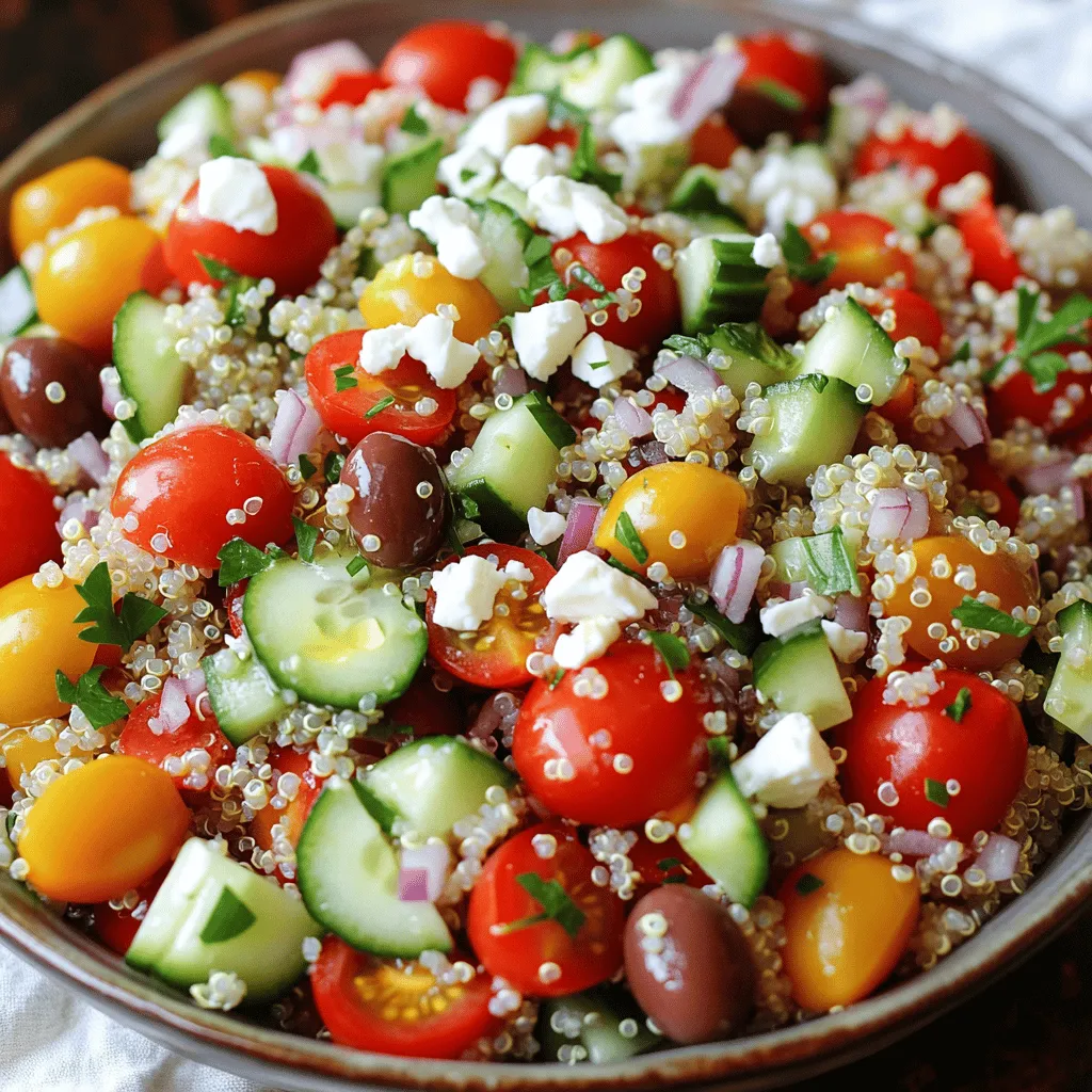 To make a delightful Mediterranean quinoa salad, gather these key items: - 1 cup quinoa, rinsed - 2 cups water or vegetable broth - 1 cup cherry tomatoes, halved - 1 cucumber, diced - 1 bell pepper (red or yellow), diced - 1/2 red onion, finely chopped - 1/2 cup Kalamata olives, pitted and sliced - 1/2 cup feta cheese, crumbled These main ingredients create a colorful and tasty base for your salad. Quinoa serves as a great source of protein and fiber. The fresh vegetables add crunch and nutrients. For extra flavor, consider using these fresh herbs and vegetables: - 1/4 cup fresh parsley, chopped - Fresh mint leaves, chopped - Baby spinach, chopped - Arugula, for peppery flavor These herbs and veggies boost the taste and health benefits of your salad. Fresh parsley brightens the dish, while mint adds a refreshing touch. The dressing enhances the salad’s flavors. Here’s what you need: - 1/4 cup olive oil - 2 tablespoons lemon juice - 1 teaspoon dried oregano - Salt and pepper to taste You can also try different dressings. Use balsamic vinegar for a sweet twist or add garlic for a more robust taste. The right dressing makes a big difference in your salad. For the full recipe, check out [Full Recipe]. To start, you need 1 cup of quinoa. Rinse it well under cold water to remove any bitterness. Next, combine the rinsed quinoa with 2 cups of water or vegetable broth in a medium saucepan. Bring it to a boil over high heat. Once boiling, reduce the heat to low, cover, and let it simmer for about 15 minutes. The quinoa is ready when it is fluffy and the liquid is absorbed. Remove it from heat and let it cool for a bit. While the quinoa cools, it’s time to prep the veggies. Grab a large mixing bowl. Add 1 cup of halved cherry tomatoes, 1 diced cucumber, and 1 diced bell pepper. I like to use either red or yellow for color. Next, toss in 1/2 finely chopped red onion, 1/2 cup of sliced Kalamata olives, and 1/2 cup of crumbled feta cheese. Finally, add 1/4 cup of chopped fresh parsley. This mix makes the salad bright and crunchy. Now, let’s make the dressing. In a small bowl, combine 1/4 cup of olive oil, 2 tablespoons of lemon juice, and 1 teaspoon of dried oregano. Add salt and pepper to taste. Whisk these ingredients together until well blended. This dressing adds a zesty flavor to the salad. Once the quinoa has cooled, fluff it with a fork. Add the quinoa to the bowl with the vegetables. Pour the dressing over the top. Gently toss everything together to coat the ingredients evenly. Taste the salad and adjust the seasoning if needed. Let it sit for at least 15 minutes before serving. This waiting time helps the flavors mix better. Serve it in a large bowl, garnished with extra parsley and feta. Enjoy the Mediterranean flavors with lemon wedges on the side for a fresh touch. For the full recipe, refer to the Mediterranean Quinoa Salad section. To cook quinoa well, rinse it first. This removes the bitter coating. Use a ratio of 1 cup quinoa to 2 cups water or broth. Bring it to a boil, then lower the heat. Cover and simmer for about 15 minutes. The quinoa is ready when fluffy and all the water is gone. Let it cool before mixing into your salad. To boost the flavor of your salad, add fresh herbs like parsley or mint. Use quality olive oil and fresh lemon juice for your dressing. You can also include spices like oregano or garlic powder. Toss the salad gently to keep the veggies crisp. Let it sit for about 15 minutes before serving. This helps the flavors meld beautifully. For a stunning display, serve your salad in a wide, shallow bowl. Top it with extra parsley and a sprinkle of feta cheese. This adds color and texture. You can also place lemon wedges on the side. They add a nice touch and extra flavor. If you want, serve it alongside grilled bread or pita chips for a complete meal. Check out the Full Recipe for more tips! {{image_2}} You can make this salad more filling by adding protein. Here are some great options: - Grilled chicken breast, diced - Chickpeas, drained and rinsed - Shrimp, cooked and peeled - Tofu, cubed and sautéed These proteins add flavor and make the dish more satisfying. You could also mix a few together for extra taste and texture. This salad is naturally vegetarian and can easily fit into vegan diets. Just swap the feta cheese for a vegan option. Here are some ideas: - Vegan feta cheese - Avocado slices for creaminess - Toasted nuts or seeds for crunch These swaps keep the salad fresh while catering to different diets. You can enjoy this meal no matter your eating style. Using seasonal ingredients can boost flavor and nutrition. Here are some swaps based on the season: - In spring, add asparagus or peas. - In summer, try zucchini or bell peppers. - In fall, include roasted sweet potatoes or butternut squash. - In winter, use kale or Brussels sprouts. These seasonal swaps keep your salad exciting and fresh all year long. You can enjoy a new flavor each season while sticking to the basic recipe. For the complete recipe, check out the Full Recipe section. To store your Mediterranean quinoa salad, place it in an airtight container. Make sure to cool it to room temperature before sealing. This helps keep it fresh for later. A glass container works great for this. It allows you to see the colors inside. Meal prep can save you time and effort. I recommend making a big batch at once. Divide the salad into individual portions. This makes it easy to grab for lunch or dinner. Use small containers to keep each serving fresh. Add dressing just before eating to keep the salad crisp. The salad lasts about three to four days in the fridge. If you want to enjoy it warm, heat the quinoa separately. Then mix it with cold veggies. This keeps the fresh flavors intact. Remember, avoid reheating the entire salad. It might make the veggies soft and less tasty. For full details on making this delightful dish, check the Full Recipe. Yes, you can make this salad ahead of time. It stays fresh in the fridge for up to three days. Just make sure to keep the dressing separate until you are ready to serve. This keeps the salad crisp and tasty. When you are ready, toss in the dressing and enjoy! Quinoa is a superfood packed with protein and fiber. It is gluten-free and has all nine essential amino acids. This makes it a great choice for vegans and vegetarians. Quinoa also contains vitamins and minerals like magnesium and iron. Eating quinoa can help with digestion and keep you feeling full longer. To make this salad gluten-free, simply ensure you use certified gluten-free quinoa. Most quinoa is gluten-free, but some brands may process it in facilities that handle gluten. Always check the label to be safe. The other ingredients in this salad are naturally gluten-free, so you’re good to go! Yes, you can substitute feta cheese with several options. Try goat cheese for a creamier taste. For a dairy-free option, use vegan feta or omit cheese altogether. You can also add nuts or seeds for extra flavor and texture. Make it your own! This salad pairs well with light, refreshing drinks. Try a crisp white wine like Sauvignon Blanc or a sparkling water with lemon. For non-alcoholic options, consider iced herbal tea or a fresh lemonade. These drinks enhance the bright flavors of the salad and make your meal more enjoyable. You learned about making a healthy Mediterranean quinoa salad today. We covered the main ingredients, step-by-step cooking, and tips to enhance flavor. You also discovered tasty variations and important storage tips. This salad is not just a meal; it’s a way to enjoy fresh foods. Try adding your favorite herbs or proteins. With simple steps, you can create a dish that fits your needs. Enjoy this recipe and all its fresh flavors!