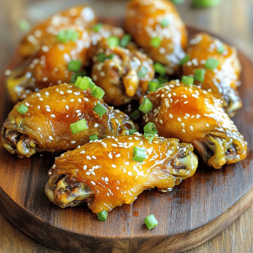 - 2 pounds chicken wings - 1/2 cup honey - 1/4 cup soy sauce (low-sodium preferred) - 4 cloves garlic, minced - 1 tablespoon fresh ginger, grated - 1 tablespoon sesame oil - 1 teaspoon chili flakes (adjust to taste) - 1/4 cup green onions, sliced (for garnish) - Sesame seeds (for garnish) When making honey garlic chicken wings, you need to gather the main ingredients first. Chicken wings are the star of the show. They give you that juicy bite that everyone loves. Honey adds sweetness and caramelizes when cooked. Soy sauce brings a savory note that balances the honey. Next, we have the additional ingredients. Minced garlic gives your wings a strong, tasty punch. Fresh ginger adds warmth and a hint of spice. Sesame oil lends a rich flavor that ties everything together. Chili flakes bring heat, but you can adjust them to your liking. Finally, green onions and sesame seeds are perfect for garnishing. They add color and crunch to your dish. For the full recipe, check out the detailed steps to create your honey garlic chicken wings. Each ingredient plays a key role in making these wings a hit. First, we need to preheat the oven. Set it to 400°F (200°C). This step is key for crispy wings. While the oven heats, pat the chicken wings dry using paper towels. Dry wings help with crispiness. Next, season the wings with salt and pepper. This simple step adds essential flavor. Now, let's make the marinade. In a bowl, combine 1/2 cup honey, 1/4 cup soy sauce, and 4 cloves of minced garlic. Add 1 tablespoon of fresh ginger, 1 tablespoon of sesame oil, and 1 teaspoon of chili flakes. Whisk everything together until smooth. This marinade will give the wings a sweet and savory taste. It’s time to marinate the wings. Place the chicken wings in a large bowl or zip-top bag. Pour the marinade over the wings. Make sure each wing is coated well. For the best flavor, let them sit for at least 30 minutes. You can marinate them up to 2 hours in the fridge for even more flavor. Now we will bake the wings. Line a baking sheet with parchment paper. Arrange the marinated wings in a single layer on the sheet. Keep the leftover marinade for basting later. Bake the wings for 25 minutes. After 25 minutes, take the wings out and baste them with the reserved marinade. Switch the oven to broil and cook for an additional 5 to 7 minutes. This step makes the wings crispy and caramelized. Keep a close eye on them to prevent burning. Now, your Honey Garlic Chicken Wings are ready to enjoy. To get crispy chicken wings, you can try different cooking methods. Baking works well, but frying or grilling can add extra crispiness. For frying, heat oil to 375°F. Fry wings until golden brown, around 8-10 minutes. Grilling gives a smoky flavor while keeping wings crispy. Before cooking, dry the wings thoroughly. Use paper towels to pat them dry. Remove excess moisture for better crisping. You can even let them air-dry in the fridge for an hour. This step helps the skin get crunchy. You can customize the honey garlic sauce easily. Want it spicier? Add more chili flakes or fresh chopped chili. For a tangy twist, mix in a splash of rice vinegar or lime juice. Adding spices can also boost the flavor. Try garlic powder, onion powder, or smoked paprika for more depth. Experiment with flavors to find your perfect blend. When serving honey garlic chicken wings, consider dipping sauces. Ranch or blue cheese dressing pairs well. Sweet chili sauce adds a zesty kick. For side dishes, serve wings with celery and carrot sticks for crunch. French fries or a fresh salad also make great sides. Enjoy your wings with friends for a fun meal! {{image_2}} You can spice up your honey garlic chicken wings in fun ways. For a kick, try spicy honey garlic wings. Just add more chili flakes to your marinade. You can also mix in some hot sauce for extra heat. This gives you that sweet and spicy combo everyone loves. Another great option is smoky BBQ honey wings. Replace half the honey with your favorite BBQ sauce. This adds a rich, smoky taste that pairs perfectly with the sweetness of honey. Your friends will ask for this flavor again and again. You can make honey garlic chicken wings in different ways. If you have an air fryer, use it! Just place your marinated wings in a single layer. Cook at 400°F (200°C) for about 20 minutes. This makes the wings crispy without much oil. If you prefer slow cooking, you can adapt the recipe. Add the marinated wings to your slow cooker. Cook on low for about 4 hours. This method makes the wings tender and packed with flavor. If you need gluten-free options, use tamari instead of soy sauce. It gives you the same flavor without gluten. Also, check the honey to ensure it is pure and gluten-free. For those on a keto diet, swap honey with a sugar substitute. Erythritol or monk fruit sweetener works well. This keeps the sweetness while cutting down on carbs. Enjoy your wings guilt-free! For the full recipe, click here: [Full Recipe]. To keep your honey garlic chicken wings fresh, follow these tips: - Refrigeration: Place leftover wings in an airtight container. They will stay good for about 3 to 4 days in the fridge. Make sure to cool them to room temperature before sealing. - Freezing: For longer storage, freeze the wings. Use a freezer-safe bag or container. Remove as much air as possible to prevent freezer burn. They can last up to 2 months in the freezer. To enjoy your wings again, reheating is key. Here’s how: - Oven Method: Preheat your oven to 375°F (190°C). Place the wings on a baking sheet. Bake for about 10 to 15 minutes. This helps them get crispy again. - Microwave Tips: If you're short on time, use the microwave. Place wings on a microwave-safe plate. Heat for 1 to 2 minutes. Be careful, as they might not get crispy this way. If you want them crispier, follow the oven method. For more detailed cooking steps, check out the Full Recipe for honey garlic chicken wings. To make sure your chicken wings are safe to eat, check their internal temperature. Use a meat thermometer and aim for 165°F (75°C). Insert the thermometer into the thickest part of the wing, avoiding bone. This method gives you clear proof that your wings are cooked right. Always trust this step to keep your meal safe and tasty. Yes, you can make the marinade ahead of time! Mix together honey, soy sauce, garlic, ginger, and sesame oil. Store it in the fridge for up to three days. When you are ready to cook, just add your wings! Marinating for longer can help flavors soak in well. If you want a stronger taste, marinate overnight. To cut down on sweetness, reduce the amount of honey in the recipe. Try using half the honey and taste as you go. You can also swap honey for maple syrup or agave nectar. These options can give you a different flavor while still keeping your wings tasty. Honey Garlic Chicken Wings pair well with many sides. Consider serving them with: - Fresh veggie sticks (carrots, celery, or cucumbers) - Creamy ranch or blue cheese dip - Crispy fries or sweet potato fries - A light salad to balance the sweetness These options can make your meal more fun and filling. You can keep your cooked Honey Garlic Chicken Wings in the fridge for up to four days. Store them in an airtight container to keep them fresh. For longer storage, freeze them for up to three months. When reheating, make sure they reach an internal temperature of 165°F (75°C) again for safety. Honey garlic chicken wings are a tasty treat that anyone can make. We explored key ingredients like chicken, honey, and soy sauce to create a flavorful dish. You learned how to prepare, marinate, and cook your wings for crispy perfection. With tips for storage and serving, you can enjoy these wings anytime. Don't forget the exciting variations you can try! These wings can fit any meal or occasion. Use this guide to enjoy success every time you cook. Happy feasting!