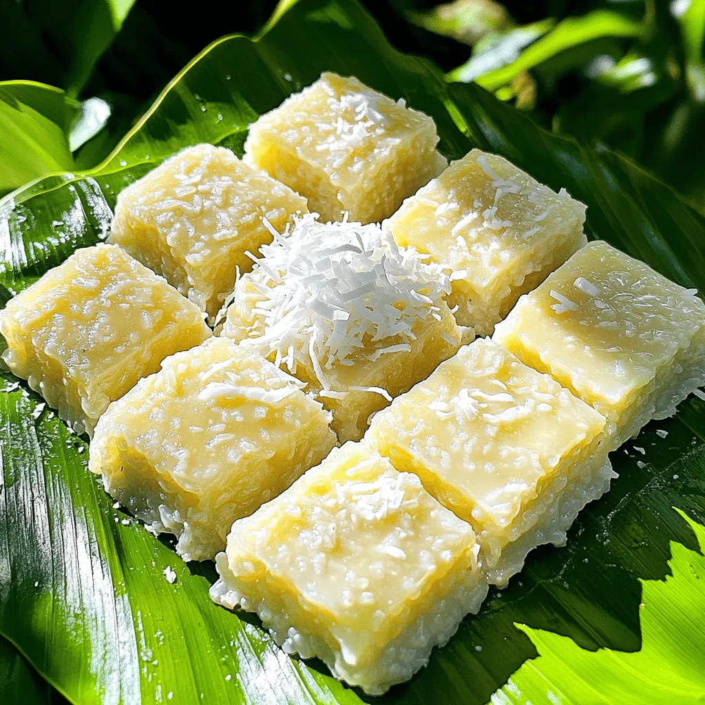 - 2 cups glutinous rice - 1 cup coconut milk - 3/4 cup sugar - 1/2 teaspoon salt - 1 teaspoon vanilla extract - 1/2 cup grated coconut - Banana leaves (optional) - If you can't find glutinous rice, try using sweet rice or sushi rice. - You can swap coconut milk with almond milk or soy milk for a lighter taste. - Use maple syrup or agave nectar instead of sugar for a vegan option. - Choose glutinous rice that is white and shiny for the best texture. - Fresh grated coconut gives a rich flavor, but desiccated coconut works too. - Rinse the glutinous rice. - Soak the rice for at least 4 hours. - Set up your steaming equipment. Use a bamboo steamer or a heatproof dish. If you have banana leaves, line your steamer. This adds flavor and makes it look nice. - Mix the drained rice with coconut milk. - Add sugar, salt, and vanilla extract. Stir until smooth. - Pour the mixture into the lined steamer or dish. Spread it evenly. - Boil water in a pot. Place the steamer over the boiling water. Cover it well. Steam for 30-40 minutes. Check the rice for doneness. - In the last 10 minutes, sprinkle grated coconut on top. This adds extra texture. - Once cooked, let it cool for a few minutes. - Cut the sticky rice cake into squares or shapes. - Serve it warm or at room temperature. It tastes best when fresh! For the complete recipe, refer to the [Full Recipe]. Soaking the rice is key. It helps the grains absorb water. I suggest soaking for at least four hours. If you can, soak it overnight. This gives the rice a soft texture. Steaming also matters. Use a bamboo steamer if you have one. Line it with banana leaves for extra flavor. Place your rice mixture evenly in the steamer. Ensure the water is boiling before you start steaming. This keeps the rice from getting too soggy. Want to boost the flavor? Try adding a pinch of cinnamon or a dash of nutmeg. These spices work well with coconut milk. You can also use vanilla extract. It adds a nice touch. Garnishing makes it pretty too. Sprinkle some grated coconut on top before serving. You can also add sliced mango or a drizzle of honey for extra taste. Be careful not to overcook or undercook. Check the rice around the 30-minute mark. It should be tender but not mushy. Adjust your steaming time as needed. Watch your ingredient amounts. Too much coconut milk can make the cake too wet. Make sure to follow the Full Recipe closely. This helps you avoid any misproportions. {{image_2}} Filipino sticky rice cakes, or kakanin, come in many forms. Each type has its own taste and look. Some popular kakanin include: - Bibingka: A soft rice cake often served warm. It has a unique flavor from the banana leaves used in cooking. - Puto: These are steamed rice cakes that are light and fluffy. They can be topped with cheese or salted egg for extra flavor. - Suman: This type is rolled and wrapped in banana leaves. It has a chewy texture and is often served with sugar. You can also try flavors like: - Mango: Add fresh mango pieces for a sweet twist. - Ube: This purple yam gives a vibrant color and a rich taste. Adding fruits can make your sticky rice cake even better. Try mixing in: - Bananas: Sliced bananas add sweetness. - Pineapple: This gives a tropical flair. - Coconut: Fresh or dried coconut adds a chewy texture. You can also change the sweetener. Instead of regular sugar, consider: - Honey: This gives a distinct, natural taste. - Coconut sugar: It has a lower glycemic index and a caramel flavor. If you have dietary needs, there are many ways to adjust the recipe. - Gluten-free options: Use glutinous rice, which is naturally gluten-free. - Low-sugar recipes: Reduce the sugar amount or use sugar substitutes like stevia to cut down on sweetness. These variations ensure that everyone can enjoy Filipino sticky rice cake. For the full recipe, check out the detailed instructions included earlier. To keep your Filipino sticky rice cake fresh, store leftovers in an airtight container. This helps prevent drying and keeps flavors intact. If you do not have an airtight container, you can wrap the cake tightly in plastic wrap. Avoid using foil, as it may cause sticking. Make sure to keep it in a cool, dry place away from direct sunlight. You can freeze the sticky rice cake for up to three months. To do this, cut the cake into squares first. Wrap each piece tightly in plastic wrap, then place them in a freezer-safe bag. When you're ready to eat, thaw the pieces in the fridge overnight. For quicker thawing, leave them at room temperature for about an hour. In the refrigerator, this rice cake lasts about four to five days. After this, it may start to lose its taste and texture. Signs of spoilage include a sour smell or a dry, hard texture. If you notice any of these signs, it's best to discard the cake. Enjoy the freshness while you can! Filipino sticky rice cake, called "kakanin," is a beloved treat. It holds a special place in Filipino culture. Families often serve it during festivals, birthdays, and holidays. The cake represents togetherness and joy. Its sweet taste and chewy texture make it a favorite for many. Yes, you can easily make this recipe vegan! Just replace the sugar with a plant-based sweetener. You can use maple syrup or agave syrup. Both options keep the cake sweet without any animal products. You can tell the sticky rice cake is done by its look and feel. The top should be firm and shiny. When you poke it, it should feel soft but not sticky to your fingers. If it holds its shape when you lift it, it is ready. You can enjoy the sticky rice cake with many tasty sides. A hot cup of sweetened coffee or tea pairs well. Fresh fruit like mango or banana adds a nice touch. You can also serve it with a drizzle of coconut cream for extra flavor. In this blog post, we explored the essential ingredients for making delicious Filipino sticky rice cake, including glutinous rice, coconut milk, and sugar. I shared tips for quality ingredients and the best substitutes to suit various diets. You learned how to prepare and cook the cake, along with common mistakes to avoid. My final thoughts? Don't be afraid to experiment with flavors and variations. Each attempt brings you closer to a perfect treat that celebrates Filipino culture. Enjoy making this tasty dish and sharing it with others!