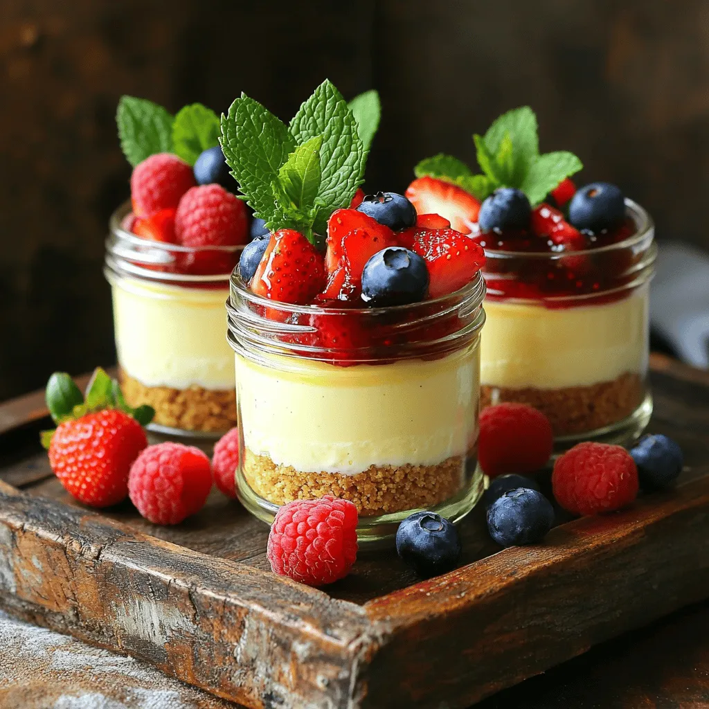 To make no-bake cheesecake jars, gather these simple ingredients: - 8 oz cream cheese, softened - 1/2 cup powdered sugar - 1 tsp vanilla extract - 1 cup heavy whipping cream - 1/2 cup sour cream - 1 cup graham cracker crumbs - 4 tbsp unsalted butter, melted - 1/4 cup granulated sugar - Fresh berries (strawberries, blueberries, or raspberries) for topping - Mint leaves for garnish These ingredients create a creamy and delightful treat. The cream cheese forms the base, while the heavy cream adds lightness. The graham cracker crumbs offer a crunchy layer. Using fresh berries and mint makes it look pretty and adds flavor. You can find the full recipe with steps to make this tasty dessert easily. 1. Beating the cream cheese Start with 8 oz of softened cream cheese. Place it in a large bowl. Use an electric mixer on medium speed. Beat until it becomes smooth and creamy. This step is key for a rich filling. 2. Mixing in powdered sugar and vanilla Next, add 1/2 cup of powdered sugar. Pour in 1 tsp of vanilla extract. Mix until well combined. The sugar adds sweetness, while vanilla gives flavor. 3. Whipping the cream In a separate bowl, pour 1 cup of heavy whipping cream. Use a whisk or mixer to whip it. Aim for stiff peaks. This means it should hold its shape. Gently fold the whipped cream into the cream cheese mixture. Be careful not to deflate it. This keeps your cheesecake light and fluffy. 1. Creating the graham cracker base In another bowl, mix 1 cup of graham cracker crumbs. Add 4 tbsp of melted unsalted butter and 1/4 cup of granulated sugar. Stir until all crumbs are coated. This mixture forms the crunchy base. 2. Assembling the cheesecake layers Grab your jars. Start by adding 2 tablespoons of the graham cracker mixture at the bottom. Press it down gently with a spoon. Next, spoon in about 1/4 cup of the cheesecake filling. Repeat the layers, alternating between crumbs and filling. You can do 2 or 3 layers depending on jar size. 3. Topping with berries and mint Once your jars are full, top each with fresh berries. Use strawberries, blueberries, or raspberries. Tuck in a few mint leaves for color and freshness. 1. Refrigeration time for best results Place the jars in the fridge. Let them chill for at least 2 hours. This allows the cheesecake to set and flavors to blend. 2. Serving recommendations Serve the jars chilled. You can place them on a nice tray. Add more fresh berries and mint for a vibrant look. Enjoy your no-bake cheesecake jars! To make the best no-bake cheesecake, you need a creamy texture. Start with softened cream cheese. This helps it blend smoothly. Mix it well with powdered sugar and vanilla. If you beat it too fast, you might get air bubbles. Next, whip the heavy cream until stiff peaks form. This is key for a light texture. When folding the whipped cream into the cream cheese, do it gently. Use a rubber spatula and fold it in slowly. This keeps the air in, making the cheesecake light and fluffy. Garnishing your cheesecake jars makes them look inviting. I love to top each jar with fresh berries. Strawberries, blueberries, and raspberries add color and flavor. You can also add mint leaves for a fresh touch. When serving, place the jars on a decorative tray. Add some extra berries around the jars. This makes the dish pop and looks great for gatherings. People will love it! One big mistake is overmixing the filling. Mixing too long can make it runny. Blend just until smooth. Another mistake is using stale graham crackers. Fresh crumbs give a better flavor and texture. If your crumbs are old, they won’t stick well. Always use fresh ingredients for the best taste. For the full recipe, check out [Full Recipe]. {{image_2}} You can change the flavor of your no-bake cheesecake jars easily. One fun option is chocolate no-bake cheesecake jars. Just add cocoa powder to the cream cheese mix. Use about 1/4 cup of cocoa for a rich chocolate taste. Mix it well with the cream cheese and other ingredients. You’ll enjoy a creamy and decadent treat. Another great choice is fruit-flavored variations. Try lemon or strawberry. For lemon, add the zest of one lemon and a bit of juice. This gives your jars a fresh, zesty flavor. For strawberry, blend fresh strawberries into a puree. Mix this puree into your cheesecake filling to create a fruity twist. Toppings can change the game. You can use whipped cream to add a light and fluffy texture. Just whip heavy cream with a bit of sugar until it holds peaks. Spoon this on top of your cheesecake jars. You can also add nutty or chocolatey add-ins. Crushed nuts, like almonds or pecans, add crunch. Chocolate shavings or chips bring extra sweetness. These toppings make your jars look pretty and taste amazing. If you have dietary needs, there are options. For a gluten-free version, use gluten-free graham crackers. Many brands offer these now. They work just as well in the crust. For those who want a vegan treat, look for dairy substitutes. Use vegan cream cheese and coconut cream instead of heavy cream. These ingredients give you a creamy texture without dairy. You can enjoy the same delicious taste while meeting your dietary needs. For the full recipe, check out the detailed instructions. Your no-bake cheesecake jars will last in the fridge for about 3 to 5 days. To keep them fresh, cover each jar with a lid or plastic wrap. This prevents air from drying out the cheesecake. If you want to enjoy them later, store them without toppings. Add fresh berries and mint just before serving. This way, they stay vibrant and tasty. Yes, you can freeze no-bake cheesecake jars! Start by letting them chill in the fridge for at least two hours. After that, cover each jar tightly with plastic wrap and then foil. This helps keep out air and moisture. You can freeze them for up to 2 months. To thaw, move the jars to the fridge and let them sit overnight. Avoid thawing them at room temperature. This method keeps the texture smooth. After thawing, top with fresh berries for a delicious treat. Enjoy your creamy delight! It takes about 2 hours for no-bake cheesecake to set in the fridge. This time allows the filling to firm up and develop its creamy texture. If you can, let it chill longer, even overnight. This extra time enhances the flavor. Yes, you can use low-fat cream cheese and sour cream. This change will still give you a tasty cheesecake. However, the texture may be less rich. If you want to keep it light, consider using low-fat whipped cream too. Fresh berries add color and flavor, but they are not a must. You can skip them or use other toppings like chocolate or caramel sauce. If you choose frozen berries, just thaw them and drain excess juice before adding. Your cheesecake filling should be smooth and thick. When you mix it, there should be no lumps. If it looks creamy and holds its shape, it is ready to use. Be careful not to overmix, as this can make it runny. I recommend using 8 oz jars for serving. This size is perfect for a single serving of cheesecake. If you want smaller portions, 4 oz jars work well too. Just adjust the layer sizes to fit the jars you choose. For the complete recipe, check out the Full Recipe. - 8 oz cream cheese, softened - 1/2 cup powdered sugar - 1 tsp vanilla extract - 1 cup heavy whipping cream - 1/2 cup sour cream - 1 cup graham cracker crumbs - 4 tbsp unsalted butter, melted - 1/4 cup granulated sugar - Fresh berries (strawberries, blueberries, or raspberries) for topping - Mint leaves for garnish To make these delightful cheesecake jars, first mix the cream cheese until it is smooth. Add powdered sugar and vanilla, blending well. In a new bowl, whip the heavy cream until it forms stiff peaks. Carefully fold this whipped cream into the cream cheese mix. Then, add sour cream and blend until smooth. Next, prepare your graham cracker base. Combine crumbs, melted butter, and sugar in a separate bowl. Mix until the crumbs are well coated. Now, it’s time to layer! Start with two tablespoons of the graham cracker mixture at the bottom of each jar. Press down gently with the back of a spoon. Spoon in about a quarter cup of the cheesecake filling on top. Repeat the layers until your jars are full. Finally, top each jar with fresh berries and a mint leaf for a pop of color. Chill the jars in the fridge for at least two hours to let them set. You can find the full recipe details within this section, perfect for easy reference. Enjoy your creamy, dreamy no-bake cheesecake jars! You now have a complete guide to making no-bake cheesecake jars. We covered ingredients, preparation, layering, and storage. Remember to chill your jars for the best taste and texture. Experiment with different flavors and toppings to keep it fresh. Avoid common mistakes, like overmixing. Enjoy crafting these sweet treats for yourself or friends. With a few steps, you can impress everyone with a delicious dessert. Happy baking!
